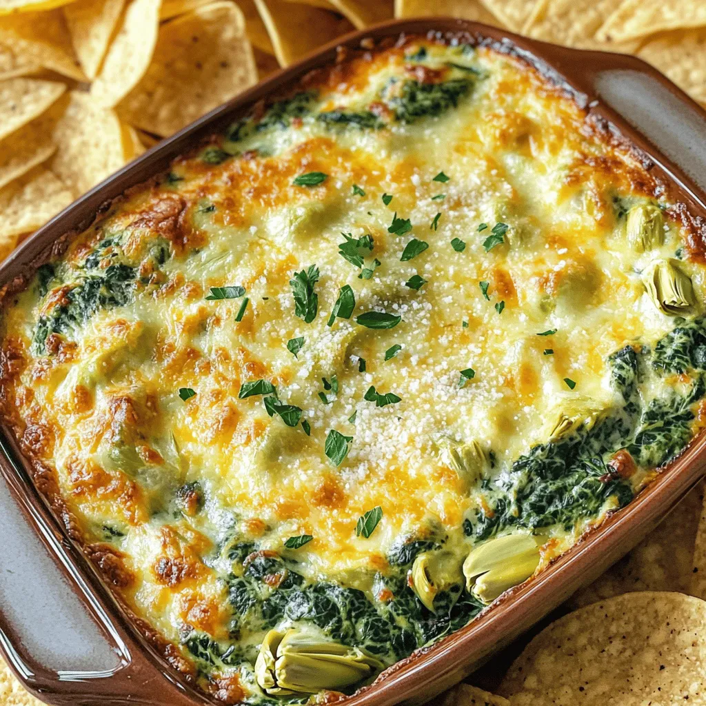 To make a tasty spinach artichoke dip, you need some simple ingredients. Here is the list: - 2 cups fresh spinach, chopped - 1 cup artichoke hearts, drained and chopped - 1 cup cream cheese, softened - 1/2 cup sour cream - 1/2 cup mayonnaise - 1 cup shredded mozzarella cheese - 1/2 cup grated Parmesan cheese - 2 cloves garlic, minced - 1 teaspoon garlic powder - 1 teaspoon onion powder - Salt and pepper to taste - 1 tablespoon olive oil - Tortilla chips or bread, for serving Each ingredient adds its own flavor. The fresh spinach gives a nice, green touch. Artichoke hearts add a unique taste. Cream cheese makes it creamy and smooth. Sour cream and mayonnaise keep it rich. Mozzarella cheese melts well, and Parmesan gives a sharp flavor. Garlic, garlic powder, and onion powder make it fragrant and tasty. Don’t forget the salt and pepper to bring out all the flavors. For serving, tortilla chips or bread are perfect. They let you scoop up this yummy dip. You can find the full recipe for more details on how to prepare this dish. 1. Preheating the oven Start by preheating your oven to 350°F (175°C). This step is key for even cooking. 2. Sautéing the garlic and spinach In a large skillet, heat 1 tablespoon of olive oil over medium heat. Add 2 minced cloves of garlic. Sauté for about 1 minute until it smells great. Then, stir in 2 cups of chopped spinach. Cook until it wilts, which takes about 2-3 minutes. Remove from heat and let it cool a bit. 3. Mixing the main ingredients In a big mixing bowl, combine 1 cup of softened cream cheese, 1/2 cup sour cream, and 1/2 cup mayonnaise. Add 1 cup of shredded mozzarella and 1/2 cup of grated Parmesan cheese. Now, include your cooked spinach mix and 1 cup of chopped artichoke hearts. Don’t forget to add 1 teaspoon of garlic powder, 1 teaspoon of onion powder, salt, and pepper. Mix it all until it's nice and smooth. 4. Transferring to a baking dish Grab a baking dish and transfer your creamy mixture into it. Spread it out evenly. For some extra flavor, sprinkle the remaining 1/2 cup of Parmesan cheese on top. 5. Baking the dip Place your dish in the preheated oven. Bake for 25-30 minutes. You want it hot, bubbly, and golden on top. 6. Cooling and serving tips Once out of the oven, let the dip cool for a few minutes. This makes it easier to serve. Use tortilla chips or toasted bread for dipping. You can even garnish it with fresh herbs or more cheese for an extra touch. With these steps, you’ll make a delicious spinach artichoke dip that everyone will love. For the full details, check the Full Recipe. Enjoy your cooking! To make your spinach artichoke dip the best, focus on cheese. Try mixing different cheeses for creaminess. Use cream cheese for a base, then add in mozzarella for stretch. Parmesan gives a nice sharpness. You can even use cheddar for a twist. Want some heat? Add red pepper flakes or jalapeños. This spice will wake up the flavor. Start with a little, and taste as you mix in. You can always add more! Worried about a watery dip? Drain your artichokes well before mixing. Use fresh spinach and cook it just until wilted. Let it cool down before adding to the mix. These steps help keep your dip thick and creamy. For dippers, tortilla chips are a favorite. They add a nice crunch. You can also use toasted bread or fresh veggies like carrots and celery. These options create a fun platter for sharing. Presentation matters, too! Serve the dip hot in a stylish dish. Garnish with herbs or extra cheese on top. This makes it look inviting and fresh. When it comes to drinks, pair this dip with light beers or crisp white wines. They balance the dip's creaminess well. Sparkling water with a slice of lemon is a great non-alcoholic choice. For the full recipe, you can check the [Full Recipe]. {{image_2}} You can make this dip lighter. Use low-fat cream cheese and sour cream. These swaps cut calories without losing flavor. You can also try Greek yogurt instead of sour cream. It adds protein and tang. For a dairy-free option, use cashew cream or a dairy-free cream cheese. These options keep the dip creamy, while being friendly for those avoiding dairy. Always check labels to ensure your products are completely dairy-free. To add new flavors, try different cheeses. Blend in sharp cheddar or feta for a kick. You can also sprinkle in some smoked paprika or cayenne pepper. These spices add heat and depth to your dip. Want to sneak in more veggies? Dice bell peppers or add cooked mushrooms. These ingredients boost nutrition and taste. If you want protein, mix in cooked chicken or bacon bits for a heartier dip. Get creative and make this recipe your own! For the full recipe, check out the main article. To keep your spinach artichoke dip fresh, use these storage tips. - Refrigeration: Place the dip in an airtight container. It can stay in the fridge for about 3 to 4 days. Always let it cool before sealing. This prevents moisture buildup. - Freezing Tips: You can freeze the dip too! Use a freezer-safe container. It keeps well for up to 2 months. When ready to eat, thaw it in the fridge overnight. Reheating your dip properly helps keep it tasty and creamy. - Best Methods for Reheating: The oven is great for reheating. Preheat it to 350°F (175°C). Place the dip in a baking dish. Heat for about 20 minutes. You can also use a microwave. Heat in short bursts, stirring often. - Maintaining Texture and Flavor: Cover the dip with foil during oven reheating. This helps keep moisture in. Stirring while microwaving also helps it heat evenly. How long can I store spinach artichoke dip? You can store spinach artichoke dip in the fridge for about 3 to 5 days. Can I make this dip ahead of time? Yes, you can prepare the dip and keep it in the fridge for up to 24 hours before baking. Is spinach artichoke dip gluten-free? Yes, the ingredients in this dip are gluten-free. Just check your dippers to be sure. What can I use instead of cream cheese? You can use Greek yogurt or cashew cream for a lighter option that still tastes great. Can I serve this dip cold? While it is best served warm, you can enjoy it cold too. Just chill it before serving. For the full recipe, check out the Creamy Spinach & Artichoke Delight section. This blog post covered everything you need to know about spinach artichoke dip. We discussed key ingredients, easy steps to make it, and tips to enhance flavor. You learned about variations and storage tips. You can now make this dish creamy and flavorful. Remember, feel free to adapt it based on your taste. Enjoy sharing this dip at your next gathering. It’s perfect for any occasion!