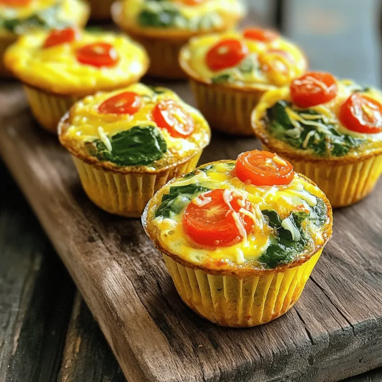 To make Easy Veggie Egg Muffins, you need fresh and simple ingredients. Here’s what you will need: - 6 large eggs - 1/2 cup milk (dairy or non-dairy) - 1 cup chopped spinach - 1/2 cup bell pepper, diced (any color) - 1/4 cup red onion, finely chopped - 1/2 cup cherry tomatoes, halved - 1/2 teaspoon garlic powder - 1/2 teaspoon onion powder - Salt and pepper to taste - 1/2 cup shredded cheese (cheddar, feta, or your choice) - Cooking spray or muffin liners When picking vegetables, choose fresh and bright ones. Look for spinach that is vibrant and firm. Bell peppers should be smooth and shiny. Avoid any that are wrinkled or soft. For cherry tomatoes, pick ones that are plump and red. Fresh veggies make your muffins taste better. If you want to change up the cheese, there are many options. Cheddar adds a nice sharp taste. Feta gives a tangy flavor. You might also try mozzarella for a milder option. Each cheese will give a different twist to your muffins. For the full recipe, check out the complete guide. First, preheat your oven to 350°F (175°C). This ensures an even bake. Next, prepare your muffin tin. You can use cooking spray to coat each cup. Alternatively, you can place muffin liners in each cup. This step helps with easy removal later. Now, let’s whisk the eggs. In a large mixing bowl, crack the six large eggs. Add half a cup of milk. This could be dairy or any non-dairy milk you prefer. Whisk the eggs and milk together until they are well combined. You want a smooth mixture without lumps. Next, it’s time to add the veggies. Add one cup of chopped spinach, half a cup of diced bell pepper, and a quarter cup of finely chopped red onion. Toss in half a cup of halved cherry tomatoes too. Mix in half a teaspoon of garlic powder and half a teaspoon of onion powder. Don’t forget to add salt and pepper to taste. Stir everything together until it’s evenly mixed. Now, gently fold in half a cup of shredded cheese. You can use cheddar, feta, or any cheese you like. Make sure the cheese is spread throughout the mixture. Pour the egg and veggie mixture into the prepared muffin tin. Fill each cup about two-thirds full. This gives them room to rise. Finally, bake in the preheated oven for 20-25 minutes. You’ll know they are done when the muffins are set in the center and slightly golden on top. Once baked, remove them from the oven. Let them cool for a few minutes before taking them out of the tin. Enjoy these tasty veggie egg muffins warm, or store them for a quick breakfast later. For the full recipe, check the section above. To make your veggie egg muffins perfect, follow these tips. First, ensure even cooking by filling each muffin cup about two-thirds full. This allows the muffins to rise without spilling over. Use a whisk to mix the eggs and milk well. Combine them until they look smooth and creamy. Next, adjust the seasoning to fit your taste. If you like it spicy, add a pinch of red pepper flakes. If you prefer a milder flavor, skip the heat and add more herbs. Fresh herbs, like basil or parsley, can brighten the taste. Cooling muffins properly is key. After baking, let them cool for a few minutes in the tin. This helps them firm up and makes them easier to remove. Once they feel cool to the touch, transfer them to a wire rack. This prevents moisture from building up, which can make them soggy. For storage, keep them in an airtight container in the fridge. They stay fresh for up to a week. You can also freeze them for longer storage. Just wrap each muffin in plastic wrap and place them in a freezer bag. When you're ready to eat, reheat them in the microwave for a quick meal. For the full recipe, check out the section above. {{image_2}} You can make Easy Veggie Egg Muffins fun and unique. Start with different veggies. Try adding zucchini, mushrooms, or broccoli. Carrots and kale also work well. Just chop them small so they cook evenly. Next, think about adding protein. If you like meat, diced ham or cooked bacon fits great. For plant-based options, try black beans or cooked quinoa. They add a nice boost. Spices can change the flavor too. Add paprika or cumin for warmth. For a fresh taste, toss in some herbs like basil or oregano. You can even sprinkle some chili flakes for a kick. These tweaks keep the muffins exciting and tasty. You can always tweak the Full Recipe to match your flavor dreams. Storing your veggie egg muffins is easy. First, let them cool completely after baking. Then, place them in an airtight container. You can store them in the fridge for up to one week. If you want to keep them longer, freeze them. Just wrap each muffin in plastic wrap and then place them in a freezer-safe bag. They last in the freezer for up to three months. When you're ready to eat them, reheating is quick. For the best taste and texture, use the microwave. Heat each muffin for about 30 seconds. If they are frozen, you might need to heat them for a minute or two. You can also use the oven. Preheat the oven to 350°F (175°C) and heat them for about 10 minutes. This method helps keep the outside crispy. Always check the muffins to ensure they're heated through. If you notice any odd smells or colors, it’s best to throw them out. Enjoy your easy veggie egg muffins fresh and tasty! For the full recipe, refer to the earlier section. You can use flaxseed meal or chia seeds as a great egg substitute. Mix 1 tablespoon of flaxseed meal or chia seeds with 2.5 tablespoons of water. Let it sit for about 5 minutes until it becomes gel-like. This mixture works well to bind your muffins. To make these muffins dairy-free, simply swap the milk for a non-dairy option. Almond milk or oat milk works well. For cheese, look for plant-based cheese alternatives. Make sure to check the labels for hidden dairy ingredients. Yes! You can prepare these muffins ahead of time. Once baked, let them cool completely. Store them in an airtight container in the fridge for up to a week. You can also freeze them for longer storage. Just reheat them in the microwave or oven for a quick meal. For the full recipe, check the details above. Enjoy making your veggie egg muffins! You learned how to make Easy Veggie Egg Muffins. We covered key ingredients, tips for fresh veggies, and cheese swaps. I walked you through step-by-step prep, baking, and perfecting texture. We explored fun variations for customization and smart storage options. Now, enjoy these muffins fresh or stored for busy days. Your kitchen can be a place of creativity and healthy choices with this recipe.