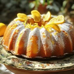 To make this cake, you will need these main ingredients: - 1 ½ cups plain Greek yogurt - 1 cup granulated sugar - 3 large eggs - ½ cup vegetable oil - 1 tablespoon lemon zest - 1/4 cup fresh lemon juice - 2 teaspoons vanilla extract - 2 ½ cups all-purpose flour - 1 tablespoon baking powder - ½ teaspoon baking soda - ½ teaspoon salt - Powdered sugar for dusting (optional) These ingredients work together to create a moist and flavorful cake. The Greek yogurt adds richness and keeps the cake tender. The lemon zest and juice give it a bright, fresh flavor. You can easily customize your Lemon Yogurt Bundt Cake. Consider these optional ingredients: - Fresh berries (like blueberries or raspberries) for a fruity twist - Almond extract instead of vanilla for a nutty flavor - Poppy seeds for added texture and crunch - Cream cheese or lemon glaze for drizzling on top These small changes let you play with flavors and create new versions of the cake. You will need some basic tools to bake your cake: - Bundt pan - Mixing bowls - Whisk - Measuring cups and spoons - Rubber spatula - Toothpick for testing doneness Having the right tools makes the baking process smooth and enjoyable. With everything ready, you can focus on creating your delicious Lemon Yogurt Bundt Cake. For the complete recipe, check out the Full Recipe. Start by preheating your oven to 350°F (175°C). Greasing and flouring the bundt pan is key. I use a little vegetable oil and flour. This helps the cake come out clean. Make sure to cover all the grooves. A good pan prep is the first step to a perfect cake. In a large bowl, combine the Greek yogurt and granulated sugar. Whisk until it becomes creamy and smooth. Next, add the eggs one at a time. Mix well after each egg to ensure they blend in fully. Pour in the vegetable oil, lemon zest, fresh lemon juice, and vanilla extract. Stir until everything is well mixed. The batter should feel light and fresh. In a separate bowl, sift together the all-purpose flour, baking powder, baking soda, and salt. This step is important to avoid lumps. Gradually add the dry mix to the wet ingredients. Fold gently to combine, but do not overmix. This keeps your cake light and fluffy. You want to see a few flour streaks before moving on. Pour the batter into your prepared bundt pan. Smooth the top with a spatula for an even bake. Place it in the oven and bake for 45-50 minutes. Check for doneness by inserting a toothpick in the center. If it comes out clean, your cake is ready. Let it cool in the pan for 10-15 minutes before flipping it onto a wire rack. Cooling is key for the right texture. For a nice touch, you can dust the cake with powdered sugar once it is cool. For the full recipe, please refer to the detailed instructions provided. To make your cake moist, use Greek yogurt. It adds richness and helps keep the cake soft. Always measure the yogurt correctly. Too little can dry out your cake. It’s also key to not overmix the batter. Gently fold the dry ingredients into the wet. This keeps air in and gives you a fluffy cake. Greasing the bundt pan is crucial for easy removal. Use a mix of butter and flour for best results. First, coat the pan with softened butter. Make sure to cover all nooks and crannies. Then, add flour. Tap the pan to remove excess flour. This helps your cake slide out smoothly. One mistake is opening the oven door too soon. This can cause the cake to sink. Let it bake for the full time. Another mistake is overmixing the batter. This creates a dense cake instead of a light one. Lastly, don’t skip cooling time in the pan. It helps the cake set properly. For more detailed steps, refer to the Full Recipe. {{image_2}} You can add berries for a fruity twist. Blueberries and raspberries work well. Start by folding about one cup of fresh or frozen berries into the batter. This adds color and flavor. Berries also keep the cake moist. Be careful not to overmix. You want the berries to stay whole. You can make this cake gluten-free. Simply replace the all-purpose flour with a gluten-free blend. Look for a blend that contains xanthan gum. This will help the cake rise and stay together. Follow the same steps in the recipe. Your cake will still taste great and be fluffy. A lemon glaze adds sweetness and tang. To make it, mix powdered sugar with fresh lemon juice. Start with one cup of sugar and add lemon juice until it’s the right consistency. Drizzle the glaze over the cooled cake. This gives it a beautiful shine and extra flavor. The glaze also enhances the lemon taste. You will love how it looks and tastes! For the complete recipe, check out the [Full Recipe]. To keep your leftover lemon yogurt bundt cake fresh, wrap it tightly in plastic wrap. You can also place it in an airtight container. Store it at room temperature for up to three days. If you want to keep it longer, consider refrigeration. Just remember that cold can change the texture. If you have more cake than you can eat, freezing is a great option. First, let the cake cool completely. Then, slice it into individual pieces for easy serving later. Wrap each slice in plastic wrap, and then place them in a freezer bag. This way, your cake can last for up to three months in the freezer. When you're ready to enjoy a slice, just thaw it overnight in the fridge. To reheat your lemon yogurt bundt cake, you can use the microwave or the oven. For the microwave, place a slice on a microwave-safe plate. Heat it for about 15 to 20 seconds. If you prefer the oven, preheat it to 350°F (175°C). Wrap the cake in foil and heat for about 10 minutes. This keeps the cake moist and tasty. Enjoy your delicious cake warm! Yes, you can use flavored yogurt. It changes the taste of the cake. For example, lemon or vanilla yogurt can add more flavor. Just keep in mind that it will alter the final taste slightly. If you use sweetened yogurt, you may want to cut back on the sugar. To make this recipe dairy-free, swap the yogurt for a dairy-free option. Use coconut yogurt or almond yogurt. Both work great and still give that creamy texture. Make sure to use a plant-based oil, like coconut or canola oil, instead of regular options. This keeps the cake moist. A Bundt cake can stick for a few reasons. First, make sure you grease and flour the pan well. Use butter or oil to coat every nook and cranny. After baking, let it cool for about 10-15 minutes. This helps the cake release easily. If it still sticks, try running a knife around the edges. Lemon Yogurt Bundt Cake pairs well with many things. A scoop of vanilla ice cream adds creaminess. Fresh berries bring a nice contrast and color. You can also serve it with whipped cream or a light lemon glaze for extra sweetness. For a fun touch, garnish with mint leaves or lemon zest. Enjoy! You learned about making a delicious Lemon Yogurt Bundt Cake. We covered key ingredients and tools needed to start. I shared step-by-step instructions to help you bake it perfectly. You found tips to keep your cake moist and mistakes to avoid. We also explored tasty variations and storage tips. Now, you can bake this cake with confidence. Enjoy making it your own and sharing it with others. Happy baking!