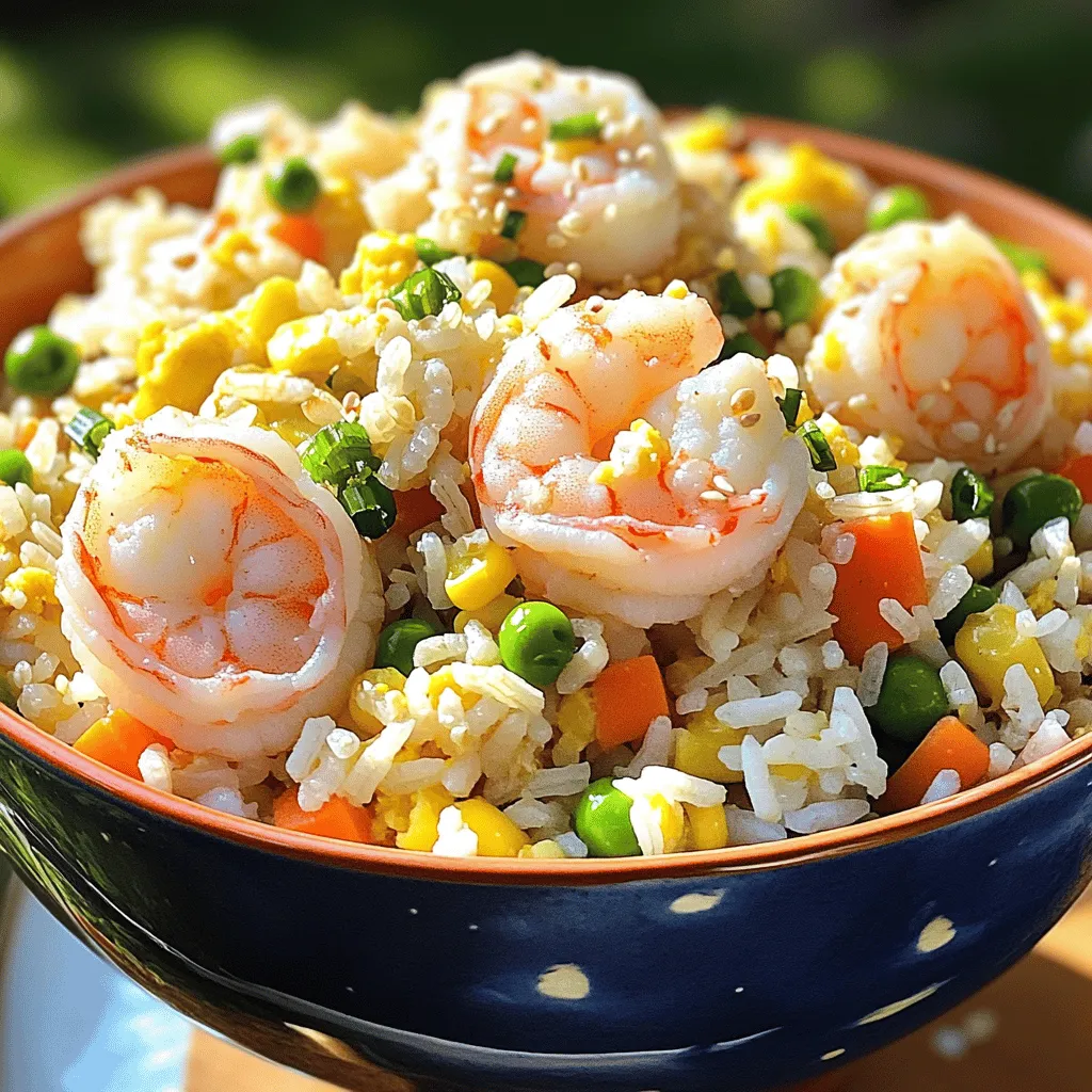 - 2 cups cooked jasmine rice (preferably cold) - 1 pound shrimp, peeled and deveined - 2 tablespoons vegetable oil - 1 cup mixed vegetables (carrots, peas, corn) - 2 eggs, lightly beaten - 3 green onions, chopped - 3 cloves garlic, minced - 2 tablespoons soy sauce - 1 teaspoon sesame oil - Salt and pepper to taste Using the right ingredients is key to great fried rice. Cold rice makes a big difference. Fresh shrimp adds a nice texture and flavor. Cold rice is a must. It helps keep the rice separate and not mushy. Fresh shrimp should be pink and firm. Rinse and peel them before cooking. You can mix up the veggies. Try bell peppers, broccoli, or snap peas. For those who avoid eggs, use tofu or skip them altogether. This way, you still enjoy a tasty meal. Start by gathering your ingredients. You’ll need shrimp, rice, and vegetables. - Shrimp: Peel and devein 1 pound of shrimp. Rinse them under cold water. Pat them dry with a paper towel. - Vegetables: Measure out 1 cup of mixed vegetables like carrots, peas, and corn. You can use fresh or frozen. For tools, have a large skillet or wok ready. You’ll also need a spatula for stirring. A bowl for the eggs and a knife for chopping green onions will help too. Heat 1 tablespoon of vegetable oil in your skillet over medium-high heat. Add 3 cloves of minced garlic. Sauté for about 30 seconds until it smells good. Next, toss in the shrimp. Cook for 2-3 minutes until they turn pink and opaque. Then, take the shrimp out and set them aside. In the same skillet, add another tablespoon of oil. Toss in your mixed vegetables and stir-fry for about 2-3 minutes. They should be tender. Push the veggies to one side. Pour 2 lightly beaten eggs into the other side. Scramble them until fully cooked. Now, add 2 cups of cold jasmine rice. Mix everything well. Make sure the rice heats through and combines with the veggies and eggs. Return the shrimp to the skillet. Pour in 2 tablespoons of soy sauce and 1 teaspoon of sesame oil. Season with salt and pepper. Stir until well coated. Finally, add 3 chopped green onions. Stir gently to combine. For serving, dish out the fried rice in bowls. You can garnish with more chopped green onions or sesame seeds for a nice crunch. If you want the full recipe, check out the complete details above. To make great shrimp fried rice, follow these steps: - Use cold rice. Cold rice keeps the grains separate and firm. - Heat your pan well. A hot pan helps fry the rice instead of steaming it. - Stir often. This keeps the rice from sticking and helps it cook evenly. - Add shrimp last. Cook shrimp just until pink, then remove them to avoid overcooking. For shrimp, look for ones that are bright and firm. They should smell fresh, not fishy. Garnishing makes your dish pop! Here are some simple ideas: - Top with fresh green onions for color. - Sprinkle sesame seeds for a crunchy finish. - Serve in a bowl for a cozy feel. For family dinners, consider serving the fried rice with a side salad. This adds freshness and balance to your meal. Prep is key for quick cooking. Here’s how to save time: - Chop your vegetables ahead of time. Store them in the fridge until you're ready to cook. - Use a one-pot method. This cuts down on dishes and makes cleanup easy. When you follow these tips, you’ll enjoy a fast, tasty meal. For the full recipe, check out the earlier section. {{image_2}} You can swap shrimp for chicken or tofu. Chicken gives a hearty bite. Simply dice it into small pieces and cook until golden. For a plant-based choice, tofu works well too. Use firm tofu and press it to remove excess water. This makes it crispier when cooked. You can also explore other seafood options. Try scallops or fish like salmon for a new twist. Adding spices can elevate your fried rice. A bit of fresh ginger adds warmth. You can also sprinkle chili flakes for heat. If you like sweet flavors, try teriyaki sauce. It adds a rich taste that pairs well with shrimp. Experiment with soy sauce variations too. Each sauce brings a different flavor profile. For a gluten-free version, use tamari instead of soy sauce. This keeps the dish safe for those with gluten allergies. If you want to make it vegetarian or vegan, skip the shrimp and eggs. You can add more veggies or chickpeas for protein. This way, everyone can enjoy a tasty meal! To keep your shrimp fried rice fresh, store it in an airtight container. Make sure it cools down before putting it in the fridge. This helps avoid bacteria growth. Set your fridge temperature to 40°F or lower for safety. The goal is to keep your food safe to eat. You can freeze shrimp fried rice for later use. Place it in a freezer-safe bag or container. Press out as much air as possible to prevent freezer burn. When you are ready to eat, let it thaw overnight in the fridge. Reheat it in a pan over medium heat, adding a splash of water to keep it moist. If stored correctly, shrimp fried rice lasts about 3-4 days in the fridge. For frozen rice, it can stay good for up to 3 months. Always check for signs of spoilage, like a sour smell or discoloration. If you notice these signs, it's best to throw it away. The best rice for fried rice is jasmine rice. This rice has a nice texture and flavor. It stays fluffy and separate when cooked. Other types, like long-grain rice, can work too, but they might not be as fragrant. Jasmine rice adds that special touch to your meal. Always use cold, cooked rice for the best results. Yes, you can make this recipe ahead of time. Cook the rice and shrimp the day before. Store them in the fridge until you’re ready to cook. When you’re ready, just reheat the rice and shrimp in a pan. This saves time and makes it easy to enjoy a quick meal. To avoid sticky fried rice, use cold rice that’s been cooked and cooled. Freshly cooked rice is too moist and can clump. Spread the rice on a tray to cool it down. This keeps the grains separate. Stir-frying over high heat also helps keep the rice fluffy. Yes, frozen shrimp and vegetables work great in this recipe. Just thaw the shrimp before cooking. You can add frozen vegetables straight from the bag. They’ll cook quickly in the hot pan. This makes meal prep easy and fast. You can substitute shrimp with chicken, pork, or tofu. Each option gives a different flavor. If you don’t have soy sauce, try tamari for a gluten-free version. For veggies, use whatever you have on hand, like bell peppers or broccoli. This recipe is flexible and fun! This blog post covered how to make shrimp fried rice. I explained the key ingredients and their importance. I provided step-by-step cooking instructions and shared tips for great texture and flavor. You learned about variations, storage, and common questions. Creating shrimp fried rice is fun and easy with the right tips. Enjoy making this dish for your family or friends. Try different ingredients to make it your own!