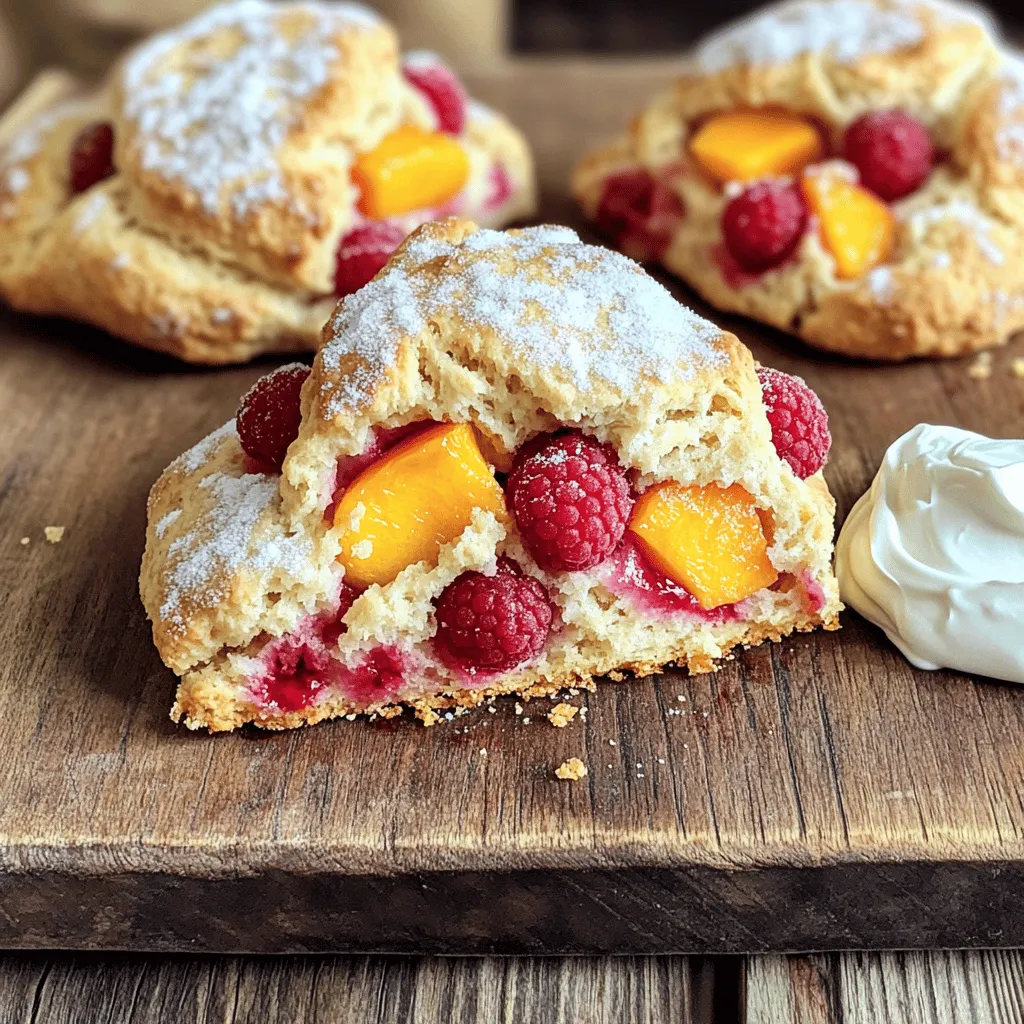 To make the best peach raspberry scones, you need fresh, high-quality ingredients. Here’s what you will need: - 2 cups all-purpose flour - 1/2 cup granulated sugar - 1 tablespoon baking powder - 1/2 teaspoon salt - 1/2 cup unsalted butter, cold and cubed - 1 cup fresh peaches, diced - 1 cup fresh raspberries - 1/2 cup heavy cream - 1 large egg - 1 teaspoon vanilla extract - 1 tablespoon milk (for brushing) - Extra sugar for sprinkling These ingredients come together to create a delightful, flaky texture. The peaches add sweetness, while the raspberries give a tart burst of flavor. You can play with flavors by adding a few extra ingredients. Try these for a twist on the basic scone: - Zest from one lemon or orange - 1/2 teaspoon cinnamon - 1/2 teaspoon almond extract These extras can elevate the taste and give your scones a unique flair. If you run out of an ingredient, don’t worry! Here are some easy swaps: - Use whole wheat flour instead of all-purpose flour for a nuttier flavor. - Swap out heavy cream for buttermilk or Greek yogurt to cut calories. - Replace unsalted butter with coconut oil for a dairy-free option. These substitutions can help you make scones that fit your dietary needs without losing flavor. For the full recipe, check out the link provided. To start making your Peach Raspberry Scones, gather all your ingredients. You will need: - 2 cups all-purpose flour - 1/2 cup granulated sugar - 1 tablespoon baking powder - 1/2 teaspoon salt - 1/2 cup unsalted butter, cold and cubed - 1 cup fresh peaches, diced - 1 cup fresh raspberries - 1/2 cup heavy cream - 1 large egg - 1 teaspoon vanilla extract - 1 tablespoon milk (for brushing) - Extra sugar for sprinkling 1. Preheat your oven to 400°F (200°C). Line a baking sheet with parchment paper. 2. In a large bowl, whisk the flour, sugar, baking powder, and salt until mixed. 3. Add the cold butter. Use a pastry cutter or your hands to mix until it looks like coarse crumbs. 4. Gently fold in the diced peaches and raspberries. Be careful not to crush the berries. 5. In another bowl, whisk the cream, egg, and vanilla extract together. 6. Pour the wet mix into the dry mix. Stir until just combined. The dough should be a bit sticky. 7. Turn the dough onto a floured surface. Knead gently a few times to bring it together. 8. Pat the dough into a disc about 1-inch thick. Cut the disc into 8 equal wedges. 9. Place the wedges on the prepared baking sheet. Brush the tops with milk and sprinkle with extra sugar. 1. Bake the scones in the preheated oven for 15-18 minutes. They should turn golden brown. 2. Check for doneness by tapping the bottom. It should sound hollow. 3. Remove the scones from the oven and let them cool slightly on a wire rack. - Use cold butter to keep the scones flaky. - Don't overmix the dough. Stir just until combined. - For a softer scone, add a bit more cream if needed. - Let the scones cool on a rack for a few minutes before serving. For more details on preparation, check the Full Recipe. When making Peach Raspberry Scones, avoid overmixing the dough. Overmixing leads to tough scones. Handle the dough gently. Use cold butter for the best texture. If your butter is warm, your scones might spread too much. Also, watch your baking time. Scones can go from golden to burnt quickly. You can change the flavors in your scones! Try adding nuts like almonds or walnuts for crunch. You can also swap peaches and raspberries for other fruits. Blueberries or strawberries work well. For a zesty twist, add lemon or orange zest to the dough. This brightens the flavor and makes it unique. Mixing dough is key to great scones. Start by whisking dry ingredients in a bowl. This helps blend them evenly. When adding butter, use your fingers or a pastry cutter. Work until it looks like crumbs. Next, fold in your fruit gently. Make sure not to crush the raspberries; they should stay whole. Finally, add wet ingredients and mix until just combined. This keeps your scones light and fluffy. For the full recipe, check out the step-by-step guide. {{image_2}} You can change the fruits in these scones to fit your taste. Blueberries and peaches work well together. You could also use blackberries for a richer flavor. If you prefer a tropical twist, try adding diced pineapple. Mixing fruits brings new tastes to your scones. Want to make a savory version? Replace the peaches and raspberries with cheese and herbs. You could use sharp cheddar and fresh chives. This makes a great snack or appetizer. Serve them warm with your favorite dip. You can easily make these scones vegan. Swap the butter with coconut oil or vegan butter. Use almond milk instead of heavy cream. For gluten-free scones, replace all-purpose flour with a gluten-free blend. Just follow the Full Recipe for more details on making these swaps. To keep your leftover scones fresh, place them in an airtight container. This helps maintain their soft texture. You can store them at room temperature for up to two days. If you want to keep them longer, refrigeration is a good option. Just be aware that refrigeration may make them a bit dry. When you are ready to enjoy your scones again, reheating is simple. Preheat your oven to 350°F (175°C). Place the scones on a baking sheet. Heat them for about 5 to 10 minutes. This warms them up and brings back some crunch. You can also use a microwave, but be careful. Microwaving too long can make them tough. Heat for just 10 to 15 seconds at a time. Freezing is a great way to save scones for later. First, let the scones cool completely. Wrap each one tightly in plastic wrap. Then, place them in a freezer-safe bag. Label the bag with the date. You can freeze them for up to three months. When you're ready to eat them, thaw them in the fridge overnight. Reheat as mentioned above for the best results. For more details on preparation, check the Full Recipe. You can tell your scones are done when they turn a light golden brown. They should also feel firm to the touch. A toothpick inserted in the center should come out clean. If it comes out with wet dough, bake for a few more minutes. Keep an eye on them for the best results. Yes, you can make the dough ahead of time! Prepare the dough and wrap it in plastic wrap. Store it in the fridge for up to 24 hours. When you’re ready to bake, just cut the dough and follow the baking instructions. This makes it easy to enjoy fresh scones anytime! Peach Raspberry Scones pair well with clotted cream or whipped cream. You can also serve them with fresh fruit or a drizzle of honey. For a fun twist, add a flavored jam like peach or raspberry. These scones are great for brunch or a cozy afternoon tea. You can find the Full Recipe for all preparation details. In this post, we explored how to make delicious peach raspberry scones. We covered key and optional ingredients, along with substitutes for common items. You learned step-by-step instructions for perfect preparation and baking. Tips helped you avoid common mistakes and customize your scones. We also discussed variations, storage, and answered key FAQs. Enjoy baking these scones, and remember to check the full recipe for details. Happy baking!