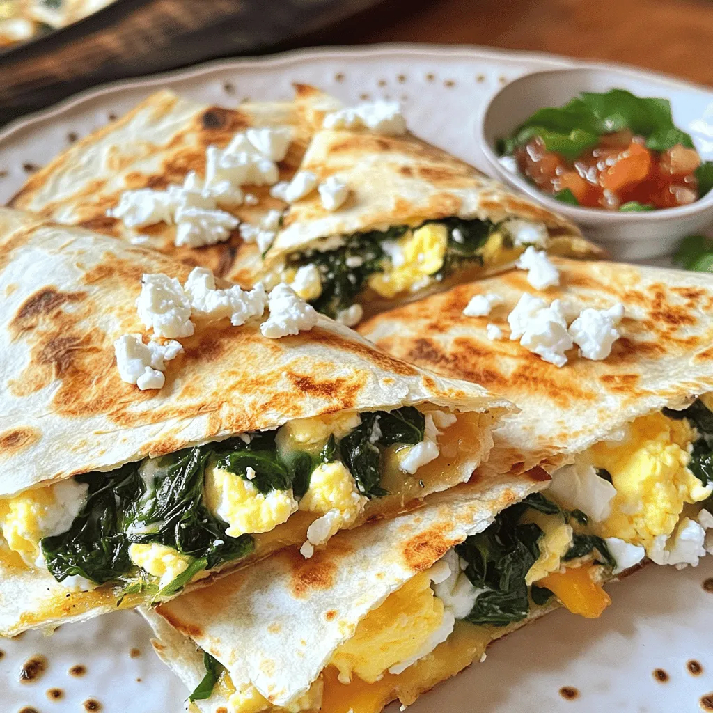 To make these tasty quesadillas, you need: - 4 large flour tortillas - 2 cups fresh spinach, chopped - 1 cup feta cheese, crumbled - 1 cup shredded mozzarella cheese - 4 large eggs - 1/4 cup milk - 1 tablespoon olive oil - 1 teaspoon garlic powder - 1/2 teaspoon black pepper - Salt to taste These main ingredients work together to create a wonderful mix of flavors. The spinach adds a fresh touch, and the feta cheese gives a tangy kick. The mozzarella melts beautifully, making each bite creamy and satisfying. You can enhance your quesadillas with a few extras. Consider adding: - Salsa or hot sauce for serving - Fresh cilantro for garnish - Diced tomatoes for freshness - Avocado slices for creaminess These optional ingredients can elevate the dish even more. They add texture, color, and a burst of flavor to each bite. Each serving of Spinach Feta Breakfast Quesadillas is packed with nutrition. Here’s a quick look: - Calories: Approximately 350 - Protein: 18g - Carbohydrates: 30g - Fat: 18g - Fiber: 2g This meal offers a good balance of protein and carbohydrates. You’ll feel full and satisfied, making it a perfect start to your day. Enjoy these quesadillas with confidence, knowing you’re eating something both tasty and nutritious. For the full recipe, check out the detailed cooking steps. Start by gathering your ingredients. You need eggs, milk, garlic powder, black pepper, and salt. In a medium bowl, crack four large eggs. Add 1/4 cup of milk, 1 teaspoon of garlic powder, 1/2 teaspoon of black pepper, and a pinch of salt. Whisk until smooth. Next, heat 1 tablespoon of olive oil in a non-stick skillet over medium heat. Once hot, add 2 cups of chopped spinach. Sauté for 2-3 minutes until the spinach wilts. Now, pour in your egg mixture. Stir gently until the eggs are scrambled and just set. Remove the skillet from heat and set aside. Grab four large flour tortillas. On one half of each tortilla, sprinkle a layer of 1 cup of shredded mozzarella cheese. Next, spoon your scrambled egg and spinach mixture evenly over the cheese. Crumble 1 cup of feta cheese on top. Now, fold each tortilla in half, creating a half-moon shape. Press down gently to seal. This helps keep the filling inside while cooking. Wipe the skillet clean and return it to medium heat. Cook each quesadilla for about 3-4 minutes on each side. You want the tortillas to turn golden brown and crispy. The cheese should melt perfectly. Once done, remove the quesadillas from the skillet. Allow them to cool for a minute. Cut each one into wedges and serve warm. Enjoy with salsa or hot sauce if you like some spice! For the full recipe, check out the earlier sections. To make these delicious quesadillas, you will need a few basic tools: - Non-stick skillet - Medium bowl - Whisk - Spatula - Cutting board - Sharp knife These tools help you mix and cook the quesadillas with ease. Here are some common mistakes to watch out for: - Overcooking the Eggs: Cook the eggs just until set. Dry eggs ruin the taste. - Too Much Filling: Don’t overfill the tortillas. This can make them hard to flip. - Not Preheating the Skillet: A hot skillet gives you that nice crispy texture. Avoiding these mistakes helps you get the best quesadillas. Timing and temperature matter when cooking: - Medium Heat: Keep your skillet on medium heat for even cooking. - Cooking Time: Each side should cook for about 3-4 minutes. Watch for golden brown color. - Cooling Time: Let the quesadillas cool for a minute before cutting. This helps the cheese stay melty. Following these tips ensures a tasty and satisfying dish. For the full details on making these quesadillas, check out the Full Recipe. {{image_2}} You can easily change up your quesadillas by adding different vegetables. Try bell peppers for a sweet crunch. Mushrooms bring a nice earthiness. Zucchini adds moisture and flavor. You can also use kale, Swiss chard, or even roasted tomatoes. Each veggie brings its unique taste. Mix and match to find your favorite combo! While feta is delicious, you can swap it out for other cheeses. Goat cheese works well for a tangy twist. Cheddar adds a sharp flavor. Pepper jack gives a spicy kick. If you want a creamier texture, try cream cheese. Each cheese will change the taste, so choose what you love! If you want to make these quesadillas vegetarian, simply skip the eggs. Replace them with scrambled tofu or chickpea flour. For a vegan option, use plant-based cheese and substitute the milk with almond or soy milk. You can also add nutritional yeast for a cheesy flavor. These swaps keep all the taste while meeting dietary needs! After making your Spinach Feta Breakfast Quesadillas, let them cool down. Place them in an airtight container. You can store them in the fridge for up to three days. This keeps the quesadillas fresh and tasty. If you want to save some for later, freeze them! Wrap each quesadilla in plastic wrap. Then, place them in a freezer bag. You can freeze them for up to three months. To reheat, simply take one out and let it thaw. Heat it in a skillet for about five minutes on each side. This will make it crispy again. When storing leftovers, always cool them first. This helps avoid condensation. If you notice any sogginess, reheat in a skillet to regain that crispiness. You can also add a bit more cheese while reheating for extra flavor. Remember, store any dips, like salsa, separately to keep everything fresh. For the full recipe, check out the details above. Spinach Feta Breakfast Quesadillas stay fresh for about 3 to 4 days in the fridge. Make sure to store them in an airtight container. This helps keep them moist and tasty. If you want to enjoy them later, check for any signs of spoilage before eating. Yes, you can make Spinach Feta Breakfast Quesadillas ahead of time. You can prepare the filling and assemble the quesadillas. Store them in the fridge until you are ready to cook them. This makes breakfast quick and easy. Just heat them on a skillet when you are ready to eat. You can serve many things with Spinach Feta Breakfast Quesadillas. Here are some ideas: - Salsa for a fresh kick - Hot sauce for extra heat - Greek yogurt for creaminess - Fresh cilantro for a flavor boost - A side salad for crunch These sides make your meal even better. Enjoy! Spinach feta breakfast quesadillas bring flavor and nutrients to your morning routine. We covered key ingredients, easy steps, and helpful tips for perfect cooking. Don't forget to try variations to suit your taste and dietary needs. Store leftovers wisely for later enjoyment. These quesadillas are easy to make and versatile. Experiment with different flavors, and you'll always have a great meal ready. Enjoy making your delicious breakfasts!