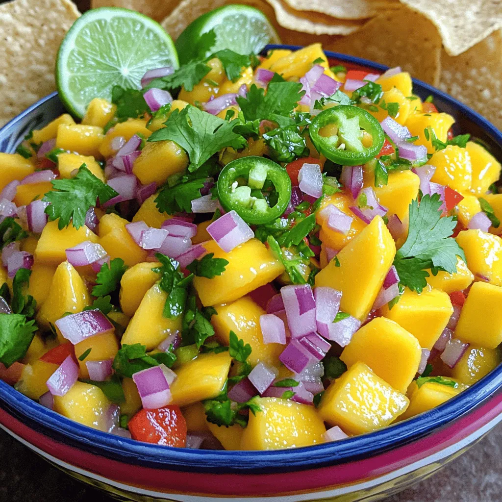 - 2 ripe mangoes, peeled and diced - 1 small red onion, finely chopped - 1 jalapeño, deseeded and minced - 1 red bell pepper, diced - 1/2 cup fresh cilantro, chopped - Juice of 2 limes - 1 teaspoon honey (optional) - Salt and pepper to taste - 1/2 teaspoon cumin To make a spicy mango salsa, you need fresh ingredients. Ripe mangoes bring sweetness, while jalapeños add heat. Always look for firm mangoes that give slightly when pressed. This texture ensures a juicy bite. Red onion gives a nice crunch and sharp taste. If you want less bite, soak it in water. This step can tame the flavor a bit. The red bell pepper adds color and sweetness. Fresh cilantro is key for a bright taste. If you're not a fan, you can skip it or use parsley. Lime juice adds tanginess and keeps the mangoes vibrant. Honey is optional, but it can balance the spice if you desire. Cumin gives a smoky note that enhances the salsa. Gather your ingredients before starting. This keeps the process smooth and fun. For the full recipe, check the section below. To make spicy mango salsa, follow these simple steps. This salsa is easy and fun to prepare. - Step 1: Combine diced mangoes, red onion, jalapeño, and bell pepper in a bowl. This mix gives a bright and fresh look. - Step 2: Add chopped cilantro and lime juice. The lime juice adds a zesty kick. - Step 3: Include optional honey for sweetness. Honey balances the heat from the jalapeño. - Step 4: Season with salt, pepper, and cumin. Cumin adds a smoky flavor that enhances the salsa. - Step 5: Fold ingredients gently, avoiding mashing. This keeps the mangoes intact and juicy. - Step 6: Refrigerate for 30 minutes. Chilling helps the flavors blend well. - Step 7: Adjust seasoning before serving. Taste and add more salt, lime, or honey if needed. For the complete recipe, check out the Full Recipe section above. Enjoy this salsa with chips or on your favorite dishes! - Use ripe mangoes for the best sweetness. Ripe mangoes have a natural sweetness that makes the salsa shine. Look for mangoes that yield slightly to pressure and have a sweet aroma. - Adjust jalapeño amount for desired heat level. If you like it spicy, add more jalapeño. For a mild flavor, use less. Remember, you can always add more spice later, but it's hard to tone it down. - Letting sit allows flavors to meld. After mixing, cover the salsa and chill it for at least 30 minutes. This resting time lets the flavors combine, making each bite taste better. - Serve in a colorful bowl with cilantro and lime wedges. A bright bowl makes the vibrant colors pop. Top it with fresh cilantro and lime wedges for a fun touch. - Pair with tortilla chips or as a topping for grilled meats. This salsa is perfect with crispy chips. You can also spoon it over grilled chicken or fish. It adds freshness and zing! {{image_2}} You can change the base fruit in your salsa. Try using pineapple or peaches instead of mangoes. These fruits add their own sweet twist. If you want more protein, add black beans. They give you a hearty bite and make the salsa filling. For a creamy texture, mix in diced avocado. This step not only enhances the flavor but also adds richness. To freshen up the salsa, include diced tomatoes. They add a burst of color and taste. If you crave more heat, just add a splash of hot sauce. This small change can take your salsa to a new level. Experimenting with these swaps and additions helps to find your perfect mix. You can check the full recipe for more tips and flavors! To keep your spicy mango salsa fresh, store leftovers in an airtight container in the fridge. It tastes best when eaten within 2-3 days. This helps keep the flavors bright and vibrant. If you want to save some for later, you can freeze it! The salsa can be frozen for up to 1 month. Just make sure to thaw it in the fridge before serving. This way, it stays tasty and ready for your next gathering. Enjoy your delicious mango salsa anytime! The best mango for salsa is the Ataulfo mango. This mango is sweet and creamy. It has fewer fibers, making it perfect for salsa. You can also use Haden or Tommy Atkins mangoes if Ataulfo is not available. Yes, you can make this salsa ahead of time. It tastes better after sitting for a while. The flavors blend well when you let it chill in the fridge for at least 30 minutes. Just cover it tightly to keep it fresh. To adjust the spice, change the amount of jalapeño. For less heat, use half or remove the seeds. If you want it spicier, add more jalapeño or even a pinch of cayenne pepper. Always taste as you go. Yes, mango salsa is healthy! It is low in calories and full of vitamins. Mangoes provide vitamin C and fiber. The fresh veggies add more nutrients. This salsa can be a great choice for a light snack or side. Mango salsa pairs well with many dishes. It is great with grilled chicken or fish. You can serve it with tacos or nachos too. It also makes a colorful topping for salads or wraps. Check out the Full Recipe for more serving ideas! Fiery Mango Salsa is a bright, fresh dip. It bursts with flavor and is easy to make. This salsa is perfect for summer gatherings or a tasty snack. Here’s a quick look at what you need and how to prepare it. Key Ingredients: - 2 ripe mangoes, peeled and diced - 1 small red onion, finely chopped - 1 jalapeño, deseeded and minced - 1 red bell pepper, diced - 1/2 cup fresh cilantro, chopped - Juice of 2 limes - 1 teaspoon honey (optional for extra sweetness) - Salt and pepper to taste - 1/2 teaspoon cumin (for a smoky flavor) Quick Steps: 1. Mix the diced mangoes, red onion, jalapeño, and red bell pepper in a bowl. 2. Add the chopped cilantro and fresh lime juice. 3. If you like it sweeter, add honey. 4. Season with salt, pepper, and cumin. 5. Fold the mixture gently, avoiding mashing the mangoes. 6. Cover the bowl and chill in the fridge for at least 30 minutes. 7. Taste and adjust seasoning before you serve. This salsa is great with chips or as a topping for grilled chicken or fish. Enjoy the vibrant colors and flavors of summer! This blog post showed you how to make a tasty mango salsa. We covered all the key ingredients, step-by-step instructions, and helpful tips. You learned about fun variations and storage ideas to keep your salsa fresh. Incorporating ripe mangoes and adjusting heat can elevate the flavor. This dish pairs well with many meals. Enjoy your vibrant and delicious mango salsa at your next gathering!