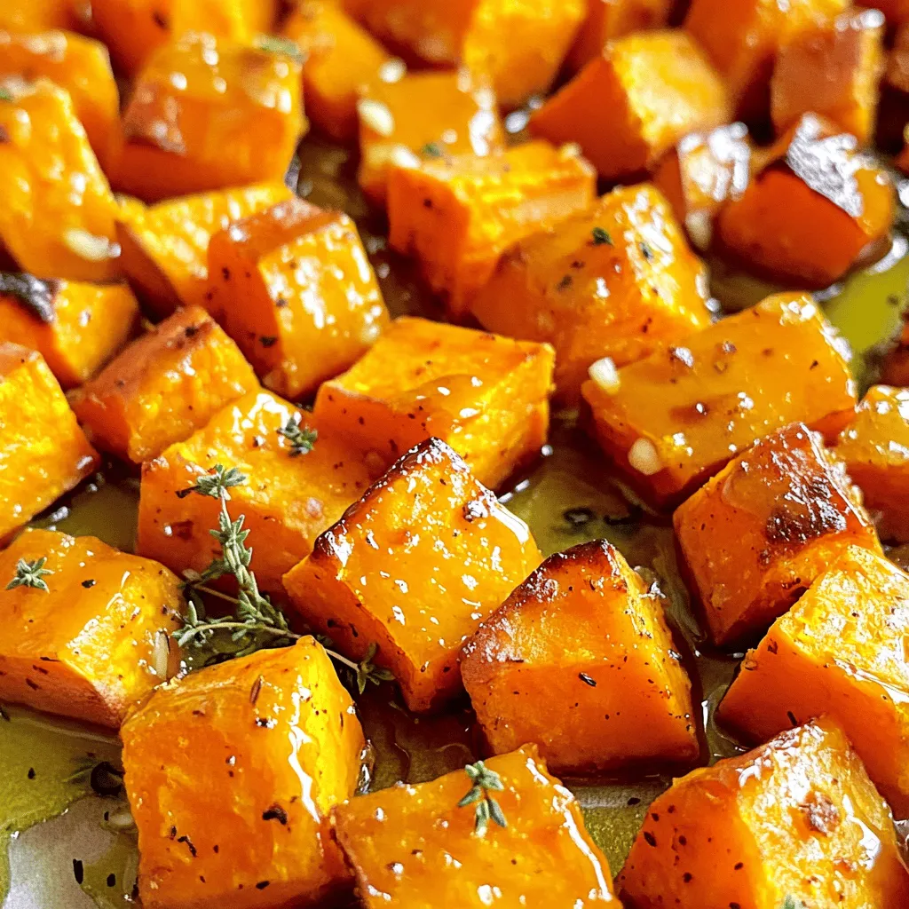 - Sweet Potatoes: Use 4 medium sweet potatoes. Peel and cube them for even cooking. - Olive Oil: You need 3 tablespoons of olive oil. This helps in roasting. - Honey: Use 1/4 cup of honey for sweetness. It balances the garlic flavor. - Garlic: Use 4 cloves of garlic, minced. Garlic adds a savory taste. - Spices and Seasonings: Include 1 teaspoon smoked paprika, 1 teaspoon salt, and 1/2 teaspoon black pepper. These spices boost flavor. - Optional Garnishes: Fresh thyme leaves work well as a garnish. They add a fresh touch. You can find the full recipe at your favorite cooking site. This mix of ingredients creates a sweet and savory dish that brings joy to any meal. Preheating the Oven Start by preheating your oven to 425°F (220°C). This high heat will help the sweet potatoes caramelize nicely. Mixing the Honey Garlic Sauce In a large bowl, whisk together 3 tablespoons of olive oil, 1/4 cup of honey, and 4 minced cloves of garlic. Add 1 teaspoon of smoked paprika, 1 teaspoon of salt, and 1/2 teaspoon of black pepper. Mix until everything blends well. This sauce gives your sweet potatoes a rich flavor. Preparing the Sweet Potatoes Next, peel and cube 4 medium sweet potatoes. Aim for uniform pieces to ensure even cooking. Toss the sweet potato cubes in the honey garlic sauce. Make sure each piece is well coated. Baking and Flipping Strategy Spread the sweet potatoes in a single layer on a baking sheet lined with parchment paper. Roast them in the oven for 25-30 minutes. Halfway through, flip the sweet potatoes to get an even roast. This helps them cook through and brown nicely. Achieving Perfect Caramelization You want to look for a golden-brown color and a tender texture. The sugar in the honey will caramelize, giving the sweet potatoes a sweet, sticky glaze. Remove them from the oven and let them cool for a few minutes. Presentation Ideas Serve your honey garlic roasted sweet potatoes on a large platter. For a pop of color, sprinkle fresh thyme leaves on top. This not only looks nice but adds a fresh flavor. Pairings with Other Dishes These sweet potatoes pair well with grilled chicken or fish. They also make a great side for a salad. Try them alongside roasted vegetables for a complete meal. For the full recipe, check the section above. - Ensuring Even Cooking: Cut your sweet potatoes into uniform cubes. This helps them cook at the same rate. Aim for pieces that are about one inch in size. - Adjusting Honey and Garlic Levels: If you like it sweeter, add more honey. For a stronger flavor, use extra garlic. Start with what I suggest, then tweak to fit your taste. - Adding Extra Spices: Try adding cinnamon or chili powder for a fun twist. These spices bring out the natural sweetness of the sweet potatoes. Experiment with what you have at home! - Alternative Sweeteners: If you need a different sweetener, maple syrup works well. You can also use agave nectar. Both will still give you that sweet, sticky flavor. - Recommended Bakeware: Use a large, rimmed baking sheet. This prevents the sweet potatoes from steaming. If you have a cast-iron skillet, that also works great! - Essential Kitchen Utensils: A large mixing bowl helps combine the ingredients well. You'll also need a sharp knife for chopping and a sturdy spatula for flipping the sweet potatoes. For the complete recipe, check out [Full Recipe]. {{image_2}} You can change the sweet potatoes for other root veggies. Carrots, parsnips, or beets work well. Each brings a unique flavor and texture. You can also mix several root vegetables for a colorful dish. Adding different herbs can change the taste too. Try rosemary or sage for a warm flavor. You can even experiment with fresh basil for a unique twist. If you want a quicker method, use an air fryer. Set it to 400°F (200°C). Cook for about 15-20 minutes. Shake the basket halfway for even cooking. The sweet potatoes will turn crispy and delicious. Grilling is another fun option. Toss the sweet potatoes in a grill basket. Grill them over medium heat for 20-25 minutes. This method gives them a nice smoky flavor. You can make this dish vegan easily. Just swap honey for maple syrup or agave. This keeps it sweet and plant-based. If you need low-sugar options, use a sugar substitute. Look for ones that work well in recipes. You can also reduce the amount of honey in the recipe. For gluten-free needs, this recipe is already safe. All ingredients are gluten-free. Enjoy a tasty meal without worry! For the full recipe, check out the details above. To keep your honey garlic roasted sweet potatoes fresh, store them in proper containers. Use airtight containers to prevent moisture loss. Glass or plastic containers work well. Always let the sweet potatoes cool before sealing them. This keeps them from getting soggy. Place the containers in the fridge. Storing them this way can maintain quality for about three to five days. You can reheat sweet potatoes in the oven or microwave. The oven gives a better texture. Preheat it to 350°F (175°C). Spread the sweet potatoes on a baking sheet. Heat for about 10 to 15 minutes until warm. If using a microwave, place the sweet potatoes on a plate. Heat in short bursts of 30 seconds. Stir in between to ensure even warmth. If you want to keep leftovers longer, freezing is a great option. Cool the sweet potatoes completely, then place them in freezer bags. Squeeze out as much air as you can. Label the bags with the date. They can last up to three months in the freezer. When you’re ready to eat, thaw them overnight in the fridge. Reheat them in the oven for the best taste and texture. Can I use canned sweet potatoes? I recommend using fresh sweet potatoes for the best flavor and texture. Canned sweet potatoes may be too soft and watery. If you must use them, rinse and drain well. Adjust roasting time since they cook faster. How do I know when they're done cooking? Check for tenderness with a fork. The sweet potatoes should be soft and caramelized. They should also have a golden-brown color. Flip halfway through baking for even cooking. Can I prepare this dish in advance? Yes, you can prepare the sweet potatoes a day ahead. Just cube and coat them in the honey-garlic mixture. Store them in the fridge, then roast them when ready to serve. Can I add other ingredients? Absolutely! You can add nuts, like pecans or walnuts, for crunch. You could also mix in vegetables like carrots or Brussels sprouts for added flavor. Just adjust cooking times to ensure all ingredients are tender. What’s the best way to serve these sweet potatoes? I love serving them warm as a side dish. They pair well with roasted chicken or grilled fish. Presentation matters too—try sprinkling fresh thyme for color and flavor. Caloric Content One serving of honey garlic roasted sweet potatoes has around 200 calories. This may vary based on added ingredients. Health Benefits of Sweet Potatoes Sweet potatoes are packed with nutrients. They are high in vitamins A and C. They also offer fiber, which aids digestion. Plus, they provide a good source of antioxidants. Enjoying sweet potatoes can help boost overall health. This article covered how to make delicious roasted sweet potatoes. We explored key ingredients, like sweet potatoes, garlic, and spices. I shared step-by-step instructions for preparing and roasting them to perfection. You also learned useful tips, like cooking methods and ingredient swaps. Finally, I discussed storage options to keep your leftovers fresh. Remember, the best meals come from trying new things. Enjoy every bite!
