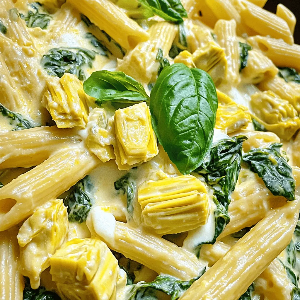 This creamy spinach artichoke pasta blends rich flavors and textures. It uses simple ingredients you can find easily. The dish is perfect for a weeknight meal or a cozy gathering. You will love how fast it comes together. - 12 oz pasta (penne or fettuccine) - 1 cup fresh spinach, chopped - 1 cup canned artichoke hearts, drained and chopped - 1 cup heavy cream - 1 cup mozzarella cheese, shredded - 1/2 cup Parmesan cheese, grated - 2 cloves garlic, minced - 2 tablespoons olive oil - 1 teaspoon Italian seasoning - Salt and pepper to taste - Fresh basil for garnish - A splash of lemon juice to add brightness - Red pepper flakes for a little heat - Sun-dried tomatoes for a sweet touch - Grilled chicken for extra protein - Crumbled feta cheese for a tangy bite Using these optional ingredients can take your dish to the next level. Feel free to mix and match to find your favorite combination. Start by bringing a large pot of salted water to a boil. Use about 4 quarts of water for every 12 ounces of pasta. Add the pasta to the pot and cook it according to the package instructions. You want it to be al dente, which means it should be firm but not hard. This usually takes about 8 to 10 minutes. Once done, drain the pasta in a colander and set it aside. In a large skillet, heat 2 tablespoons of olive oil over medium heat. Add 2 cloves of minced garlic and sauté for about 1 minute. You want the garlic to be fragrant but not burnt. Next, add 1 cup of chopped artichoke hearts. Sauté these for 2 to 3 minutes until they are warm. Now, pour in 1 cup of heavy cream and stir it well. Let it simmer for 3 to 4 minutes until it thickens. Lower the heat and add 1 cup of shredded mozzarella cheese. Stir until it melts into the cream. Finally, add 1 cup of chopped spinach and 1 teaspoon of Italian seasoning. Cook for another 2 to 3 minutes until the spinach wilts. Now it’s time to bring it all together! Toss the cooked pasta into the creamy sauce. Mix it well so every piece of pasta gets coated. Season it with salt and pepper to taste. Remove the skillet from the heat and stir in 1/2 cup of grated Parmesan cheese. Let it sit for a couple of minutes to thicken further. Serve your dish hot, garnished with fresh basil leaves and extra Parmesan if you like. For the full recipe, check out the detailed steps above. To make your sauce creamy, use heavy cream. It gives the best texture. Heat the cream slowly. Stir it gently. This helps it thicken well. You can also blend in some mozzarella cheese. It melts nicely and adds richness. For an even creamier sauce, add a splash of pasta water. This will help bind everything together. If you want a dairy-free version, swap heavy cream for coconut milk. It gives a nice flavor without dairy. Use vegan cheese instead of mozzarella and Parmesan. Nutritional yeast can add a cheesy taste too. You can also try cashew cream for creaminess. Just soak cashews in water, blend until smooth, and add it to your sauce. Season your dish well for the best taste. Besides salt and pepper, try adding garlic powder or onion powder. A squeeze of lemon juice can brighten the flavors. Fresh herbs like basil or parsley are great too. You can even add a pinch of red pepper flakes for a little heat. Remember, taste as you go! Adjust the seasonings to your liking for the perfect dish. For even more tips, check out the Full Recipe for Spinach Artichoke Pasta. {{image_2}} You can easily add chicken to your spinach artichoke pasta. Grilled or sautéed chicken works well. Start by cooking the chicken separately. Once it’s done, slice it into strips. Toss it in with the creamy sauce before mixing in the pasta. The chicken adds protein and makes the meal more filling. This variation is great for a hearty dinner. You can also mix in other veggies. Frozen peas are a quick and tasty option. Simply add them during the last few minutes of cooking. Sun-dried tomatoes provide a burst of flavor. Chop them up and stir them into the sauce. Both options add color and nutrition to the dish. Feel free to experiment with your favorite veggies. Cheese is a key part of this dish. If you want a twist, try feta or goat cheese. Both bring a tangy flavor that pairs well with spinach and artichokes. Simply crumble them into the sauce before adding the pasta. For a dairy-free option, use vegan cheese. Look for brands that melt well. This way, everyone can enjoy this creamy pasta. For the full recipe, check out the details above. Store any leftover spinach artichoke pasta in an airtight container. This keeps it fresh. Place it in the fridge. It will last for about three days. Make sure to cool it down first before sealing. This helps prevent condensation inside the container. When you're ready to eat the leftovers, reheat them on the stove for best flavor. Add a splash of water or cream to keep the pasta moist. Heat it gently over medium-low heat. Stir often to prevent sticking. You can also use a microwave. Just cover the bowl with a lid or wrap. Heat in short bursts of 30 seconds. Stir between each burst until it's warm. You can freeze this pasta for later. Let it cool completely first. Then, place it in a freezer-safe container or bag. Try to remove as much air as possible. Label it with the date. It can stay good for up to three months. When you're ready to eat it, thaw it in the fridge overnight. Reheat it as described above. Enjoy a quick meal anytime! For the full recipe, check out the details above. You can serve this pasta with many sides. A simple green salad works well. Garlic bread is also a great choice. You can even pair it with grilled chicken for extra protein. Yes, you can prepare this dish ahead of time. Cook the pasta and sauce separately. Store them in the fridge. When ready to eat, reheat and combine. This way, you save time on busy days. To make this dish gluten-free, use gluten-free pasta. Many brands offer great options that taste good. Check the label to ensure the pasta is certified gluten-free. To boost the flavor, add more garlic or herbs. Fresh basil and parsley add brightness. A dash of lemon juice can also lift the dish. For a kick, sprinkle some red pepper flakes on top. These simple tweaks make a big difference. For the complete cooking process, check out the Full Recipe for details. In this post, we explored how to create the best Spinach Artichoke Pasta. I covered the main ingredients and optional extras that can boost flavor. You learned step-by-step instructions for cooking the pasta and sauce. I shared tips for a creamy sauce and dairy-free options. We looked at tasty variations and how to store leftovers. Now, you can enjoy a delicious meal while customizing it your way. Let's bring flavor and comfort to your table!
