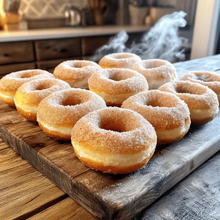 - 1 ½ cups all-purpose flour - ½ cup granulated sugar - 1 ½ teaspoons baking powder - ½ teaspoon baking soda - ½ teaspoon salt - 1 teaspoon ground cinnamon (plus extra for coating) - ½ teaspoon ground nutmeg - 1 large egg - ½ cup buttermilk (or milk with a splash of vinegar) - ¼ cup unsalted butter, melted - 1 teaspoon vanilla extract These ingredients work together to create soft, fluffy donuts. Each one plays a key role: - All-purpose flour gives the donuts structure. It helps them rise and hold shape. - Granulated sugar adds sweetness. It also helps create a nice crust. - Baking powder and baking soda are leavening agents. They make the donuts light and airy. - Salt enhances flavors. It balances the sweetness. - Ground cinnamon and nutmeg add warmth and spice. They make your donuts taste cozy and comforting. - Egg binds the ingredients. It helps the donuts to rise. - Buttermilk provides moisture. It keeps the donuts tender and adds a slight tang. - Melted butter gives richness. It adds flavor and helps with texture. - Vanilla extract boosts the overall flavor. It adds a nice, sweet note. If you need substitutes, consider these options: - Use whole wheat flour for a healthier version. - Replace granulated sugar with brown sugar for a deeper flavor. - If you don’t have buttermilk, mix regular milk with a splash of vinegar to create a similar effect. - You can swap butter with coconut oil or a vegan butter for a dairy-free treat. Check out the Full Recipe to see how these ingredients turn into delightful baked cinnamon sugar donuts. Preheating the Oven First, set your oven to 350°F (175°C). This is the right heat for soft donuts. Preparing the Donut Pan Grab your donut pan and spray it with non-stick spray. This helps the donuts come out easily. Mixing Dry Ingredients In a large bowl, whisk together the dry ingredients. You’ll need: - 1 ½ cups all-purpose flour - ½ cup granulated sugar - 1 ½ teaspoons baking powder - ½ teaspoon baking soda - ½ teaspoon salt - 1 teaspoon ground cinnamon (plus extra for coating) - ½ teaspoon ground nutmeg Make sure everything blends well. This step makes your donuts light and fluffy. Whisking Wet Ingredients In another bowl, beat one large egg. Add in the buttermilk, melted butter, and vanilla extract. Stir until smooth. Merging Wet and Dry Mixtures Now, pour the wet mix into the dry mix. Gently stir until the ingredients come together. Do not overmix; this keeps your donuts tender. Filling the Donut Pan Grab a piping bag or a zip-top bag with a corner cut off. Fill each donut cavity about ¾ full with batter. This allows room for rising. Optimal Baking Time and Temperature Place your filled pan in the oven. Bake for 10-12 minutes. The donuts should spring back when touched. Checking Doneness To check if they are done, insert a toothpick into a donut. It should come out clean. This means your donuts are ready to enjoy! For the complete recipe, check [Full Recipe]. - Avoid Overmixing: When you mix your batter, do it gently. Overmixing makes donuts tough. Stir until just combined. A few lumps are okay. This keeps your donuts light and airy. - Temperature Tips for Ingredients: Use room temperature ingredients for better mixing. If your butter is too cold, it won’t blend well. Take the egg and buttermilk out early. This helps them blend smoothly into the batter. - Variations on Cinnamon: While cinnamon is the star, you can mix it up. Try using different types of cinnamon, like Ceylon. It has a sweeter taste. This adds a unique twist to your donuts. - Adding Other Spices or Extracts: Feel free to get creative! A pinch of cardamom or allspice can elevate the flavor. You can also add vanilla or almond extract for extra depth. Just a little goes a long way. - Pairing with Coffee or Milk: Baked cinnamon sugar donuts go great with coffee or milk. The warm donuts and cool drinks create a perfect balance. Enjoy them fresh for a cozy treat. - Creative Presentation Ideas: Serve your donuts on a colorful plate or a cake stand. Dust extra cinnamon sugar on top for a beautiful look. You can also add fresh fruit or a drizzle of chocolate for fun. {{image_2}} You can switch up the coating on your donuts for fun. If you want glazed donuts, use a simple glaze made from powdered sugar and milk. Mix about 1 cup of powdered sugar with 2 tablespoons of milk. Stir until smooth. Dip each warm donut into the glaze and let them set on a rack. For more flavors, try adding citrus zest or vanilla to your glaze. You can add cocoa powder to make a chocolate glaze. The options are endless! If you want a healthier donut, consider using whole wheat flour instead of all-purpose flour. This change boosts fiber and gives a nutty taste. You can also try oat flour for a gluten-free option. For sugar, you can use honey or maple syrup. These sweeteners offer a natural flavor. You can also use coconut sugar or stevia for lower-calorie choices. Adjust the liquid in your recipe to keep your batter right. Donuts aren't just for any time of year. You can make seasonal flavors to match the seasons. For fall, add pumpkin spice to your batter. Just add 1 cup of pumpkin puree and 1 teaspoon of pumpkin pie spice to the mix. In winter, try chocolate-covered donuts. Dip your cooled donuts in melted chocolate. Allow them to set before serving. These little twists keep your baking fresh and exciting. For the full recipe, check out the complete guide on making baked cinnamon sugar donuts. For short-term storage, keep your baked cinnamon sugar donuts at room temperature. Place them in an airtight container. They stay fresh for about 2 to 3 days. If you want to store them longer, consider freezing. For long-term storage, wrap each donut in plastic wrap. Then, place them in a freezer bag. This helps keep them tasty for up to 3 months. To reheat your donuts, use the oven. Preheat it to 350°F (175°C). Place the donuts on a baking sheet and warm them for about 5 minutes. This gives them a fresh taste and soft texture. For leftover donuts, you can upgrade them! Try dipping them in melted chocolate or drizzling icing on top. This adds a fun twist and makes them feel special. Baked and fried donuts differ mainly in cooking method. - Health Considerations: Baked donuts use less oil. This makes them lower in calories and fat. They are often seen as a healthier choice. Fried donuts absorb oil, which adds more fat and calories. - Texture Differences: Baked donuts are soft and cake-like. They feel light and airy. Fried donuts are often denser and have a crisp outer layer. This gives them a richer taste. Yes, you can freeze baked donuts. Freezing is a great way to keep them fresh. - Freezing Process: After the donuts cool, place them in a single layer on a baking sheet. Freeze them for about an hour. Once frozen, transfer them to a zip-top bag or container. This keeps them from sticking together. - Thawing Instructions: To thaw, take the donuts out and leave them at room temperature. They will be ready in about 30 minutes. You can also warm them in the oven for a few minutes for a fresh taste. Knowing when donuts are done is easy with the right cues. - Visual Cues: Look for a golden-brown color. The donuts should spring back when gently touched. If they look pale, they need more time. - Testing with a Toothpick: Insert a toothpick into the center of a donut. If it comes out clean or with a few crumbs, the donuts are done. If it comes out wet, give them a few more minutes in the oven. In this post, we covered how to make baked cinnamon sugar donuts, from ingredients to storage. You learned about key ingredients, their functions, and healthy substitutes. We shared step-by-step instructions for perfect donuts, plus tips to enhance texture and flavor. Try out variations for seasonal treats or healthy options as you bake. Store your donuts properly to keep them fresh. Don’t hesitate to experiment with flavors. Enjoy your delicious creations. Happy baking!