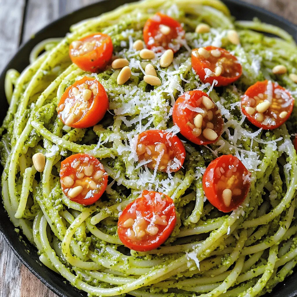 To make the best Classic Pesto Pasta, you need some key ingredients. Here’s what you should gather: - 2 cups fresh basil leaves - 1/2 cup extra-virgin olive oil - 1/3 cup pine nuts (or walnuts for a twist) - 2 cloves garlic, minced - 1/2 cup grated Parmesan cheese - Salt and pepper to taste - 12 oz spaghetti or your favorite pasta These ingredients create a bright and fresh flavor that makes this dish special. You can add some fun touches to your pasta. Consider these garnishes and add-ins: - 1/2 cup cherry tomatoes, halved (for garnish) - 2 tablespoons lemon juice (for a fresh zing) These add a pop of color and flavor that enhance your meal. Having the right tools makes cooking easier. Here’s what you’ll need: - Large pot for boiling pasta - Food processor for making pesto - Mixing bowl for combining pasta and sauce - Measuring cups and spoons With these items, you can whip up your Classic Pesto Pasta quickly and easily. Start by boiling a large pot of salted water. Add your pasta, like spaghetti, to the pot. Cook it according to the package instructions. You want it to be al dente, which means firm but cooked. This usually takes about 8 to 10 minutes. Once done, reserve one cup of the pasta water. Then, drain the pasta and set it aside. Now, let’s make the pesto! Grab a food processor and add 2 cups of fresh basil leaves, 1/3 cup of pine nuts, and 2 minced garlic cloves. Next, add 1/2 cup of grated Parmesan cheese. Pulse this mixture until it is finely chopped. With the processor running, slowly drizzle in 1/2 cup of extra-virgin olive oil. This makes the pesto creamy. Scrape down the sides if needed. Finally, add salt, pepper, and 2 tablespoons of lemon juice. Pulse a few more times to mix well. Taste it and adjust the seasoning if you want. In a large mixing bowl, combine the cooked pasta with the pesto sauce. Pour in some of that reserved pasta water, a little at a time, until the pasta is well-coated. You want it to be just right, not too dry or too wet. Once mixed, serve the pasta on plates. Top each dish with halved cherry tomatoes for extra color and taste. If you like, you can sprinkle more Parmesan cheese on top. Enjoy your meal! To get the best pesto, you need the right blend. Start by using a food processor. Add basil, garlic, and nuts first. Pulse until they are finely chopped. Then, slowly drizzle in the olive oil. This method helps create a smooth texture. If it's too thick, add a bit of the reserved pasta water. This will loosen it up and give it a silkier feel. If you have extra pesto, store it right. Place it in an airtight container. Pour a thin layer of olive oil on top. This keeps it fresh and prevents browning. It can last in the fridge for up to a week. You can also freeze pesto in ice cube trays. This way, you can use just what you need later. Cooking pasta can be simple. Use a large pot and fill it with water. Add a good amount of salt. This enhances the pasta’s flavor. Bring the water to a boil before adding the pasta. Cook according to the package instructions until it's al dente. Remember to save some pasta water before draining. This starchy water is great for helping your pesto stick. {{image_2}} If you have allergies, you can swap ingredients. Use sunflower seeds instead of pine nuts. If you can't use dairy, try a dairy-free cheese. This will keep your pesto creamy. You can also skip the cheese for a lighter taste. While spaghetti is classic, other shapes work well too. Try fusilli for a fun twist. Penne holds onto the sauce nicely. You can also use gluten-free pasta if needed. Each shape gives a new texture and taste. Want to make your meal heartier? Add grilled chicken or shrimp. They pair well with the fresh pesto. You can also mix in veggies like spinach or peas. This boosts flavor and nutrition. Experiment with what you like best! To keep your leftover pesto pasta fresh, store it in an airtight container. Make sure it cools down before sealing. This way, it does not steam and get soggy. You can keep it in the fridge for up to three days. Label the container with the date so you know when it was made. Freezing pesto is simple and a great way to save extra sauce. Use ice cube trays to freeze small portions of pesto. Once frozen, pop them out and place them in a freezer bag. This way, you can use only what you need later. Pesto can last in the freezer for about three months. Always label your bags with the date. When you want to eat your leftover pesto pasta, reheating is easy. You can use the microwave or a skillet. For the microwave, place it in a bowl and cover it with a damp paper towel. Heat in short bursts, stirring in between. If using a skillet, add a splash of water to help it heat evenly. Stir over medium heat until hot. Enjoy your delicious meal! The best pasta for pesto is usually spaghetti. It holds the sauce well. Other great options include linguine or fusilli. These shapes catch the pesto and enhance each bite. If you want something unique, try using whole wheat or gluten-free pasta. Yes, you can make pesto without nuts. Simply leave them out or swap them for seeds. Sunflower seeds or pumpkin seeds work well. This keeps the flavors bright while making it safe for nut allergies. To make Classic Pesto Pasta vegan, replace Parmesan cheese with nutritional yeast. This adds a cheesy flavor without using dairy. Use a vegan pasta too. Most pasta is made from wheat and does not contain animal products. In this blog post, we explored how to make classic pesto pasta from scratch. We covered key ingredients, essential tools, and step-by-step instructions. You learned how to cook pasta perfectly and achieve the right pesto texture. We shared tips for storing leftovers and offered variations based on your needs. Remember, you can mix in proteins or veggies for a twist. Enjoy your fresh, homemade pesto pasta!