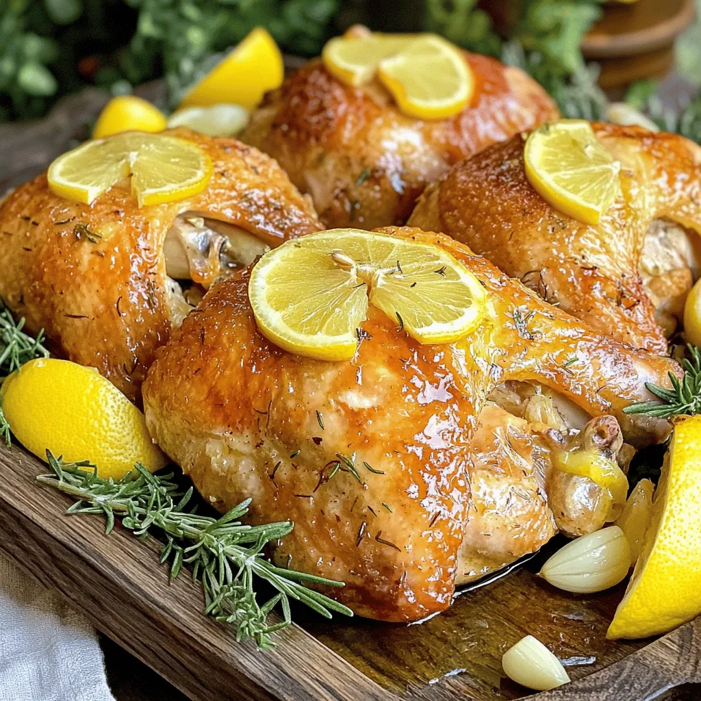 - Whole chicken (4-5 lbs) - Lemons (4 total: 2 sliced, 2 juiced) - Garlic and herbs (6 cloves garlic, rosemary, thyme) The main ingredients create a bright and zesty flavor. The whole chicken provides the base for the dish. The lemons add acidity and brightness, while garlic and herbs give depth. The combination of these ingredients makes the chicken juicy and full of flavor. - Olive oil and seasonings (1/4 cup olive oil, salt, pepper) - Onion and broth (1 onion, 2 cups vegetable broth) Olive oil helps the chicken crisp up while roasting. Salt and pepper bring out the flavors of the chicken and herbs. The onion adds sweetness and aroma. The vegetable broth keeps the chicken moist and adds richness to the dish. You can find the full recipe for Lemon Garlic Roasted Chicken at the end of this section. - Preheat the oven to 425°F (220°C). - In a bowl, mix minced garlic, olive oil, lemon juice, rosemary, thyme, salt, and pepper. This mix is your marinade. - Rinse the chicken under cold water. Pat it dry with paper towels. - Rub the marinade all over the chicken. Get it under the skin for more flavor. - Place lemon slices and quartered onion inside the chicken’s cavity. - Pour vegetable broth around the chicken in the roasting pan. This keeps the chicken moist. - Roast the chicken for about 1 hour and 15 minutes. Check the internal temperature. It should reach 165°F (75°C) in the thickest part. - Baste the chicken with pan juices every 20-30 minutes. This boosts the flavor and keeps it juicy. For a complete guide, check the Full Recipe. To make your Lemon Garlic Roasted Chicken truly shine, marinate under the skin. This lets the flavors soak in deeply. Start by rubbing the marinade directly onto the meat. It adds a punch of taste that you won't forget. Use a spoon or your fingers to reach every part. After that, baste the chicken with pan juices while it roasts. This keeps the chicken moist and adds extra flavor. When it's time to carve the chicken, use a sharp knife. Start by removing the legs first. Cut through the joint to separate them from the body. Next, slice the breast meat. Always cut against the grain for tender pieces. For a lovely look, arrange the chicken on a large platter. Add extra lemon wedges and fresh herbs around it. Drizzle some pan juices over the top. This adds shine and makes it more appealing. You can find the full recipe in the section above! {{image_2}} You can boost the taste of Lemon Garlic Roasted Chicken in fun ways. Try using different herbs. Oregano adds a warm, earthy flavor. Sage gives a nice touch of sweetness. Both work well with lemons and garlic. Adding vegetables to the roasting pan is another great idea. Carrots roast nicely and become sweet. Potatoes soak up the chicken's juices, making them flavorful. Just chop them into equal sizes to ensure they cook evenly. This adds color and nutrition to your meal. If you want a different cooking method, a slow cooker works well too. Just follow the same marinade steps. Place the chicken in the slow cooker and pour in the vegetable broth. Cook on low for about 6 to 8 hours. This method keeps the chicken very tender and juicy. Grilling your Lemon Garlic Roasted Chicken gives it a smoky flavor. After marinating, preheat your grill to medium heat. Place the chicken on the grill and close the lid. Grill for about 1 hour, turning occasionally. This adds a nice char and enhances the flavor. For the full recipe, check out the detailed instructions. To keep your Lemon Garlic Roasted Chicken fresh, store leftovers properly. First, let the chicken cool down. Then, cut the chicken into pieces. Place the pieces in airtight containers. This way, you prevent moisture loss and keep the flavor intact. You can also wrap the chicken tightly in plastic wrap. Always label the containers with the date. This helps you track how long it has been stored. The best temperature for refrigerating cooked chicken is below 40°F (4°C). Properly stored, the chicken will last for about 3-4 days in the fridge. For longer storage, consider freezing it. Reheating your chicken can be easy. For the best taste and texture, use an oven or a skillet. If you choose the oven, set it to 350°F (175°C). Place the chicken in a baking dish, cover it with foil, and heat for about 20-25 minutes. This keeps the chicken moist. If you prefer the skillet, heat a little oil over medium heat. Add the chicken pieces, cover, and cook for about 5-10 minutes, turning them halfway. Make sure the chicken reaches an internal temperature of 165°F (75°C) for safe eating. For a quick option, use a microwave. Place the chicken in a microwave-safe dish, cover it, and heat for 1-2 minutes. Check the temperature to ensure it is safe to eat. For more detailed steps, refer to the Full Recipe. Roasting time depends on the chicken's weight. A good rule is to cook it for about 15-20 minutes per pound. For a 4-5 pound chicken, roast it for about 1 hour and 15 minutes. Always check the internal temperature. It should reach 165°F (75°C) at the thickest part. This ensures the chicken is safe to eat and juicy. Yes, you can prepare it ahead of time! Marinate the chicken the night before. This lets the flavors soak in. You can also roast it and store it for later. If you roast it ahead, let it cool before refrigerating. Just reheat it in the oven when you're ready to serve. Lemon Garlic Roasted Chicken goes great with many sides. Here are a few ideas: - Roasted vegetables like carrots and broccoli - Creamy mashed potatoes - Simple green salad with lemon vinaigrette - Steamed rice or quinoa These sides will enhance the meal and complement the chicken's flavor. For the full recipe, check out the Lemon Garlic Bliss Chicken. In this article, I outlined the key ingredients and steps for making Lemon Garlic Roasted Chicken. I emphasized the importance of marinating and proper roasting techniques for flavor. You can add your twist with herbs or vegetables, and I shared tips for serving and storing leftovers. Enjoy this dish with sides that complement the flavors. Cooking should be fun and rewarding. With these steps, you can create a delicious meal that will impress anyone at your table. Try it out and enjoy!