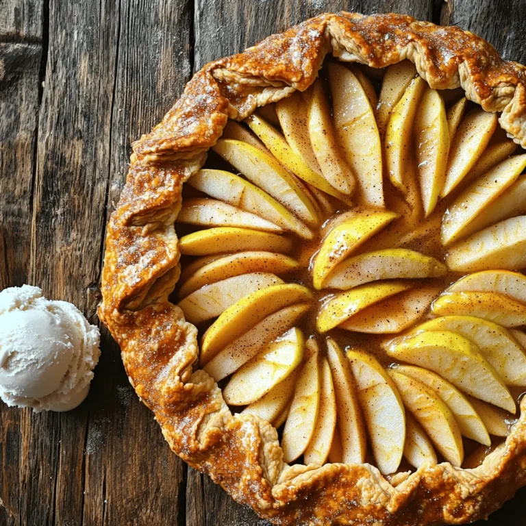 To make the Rustic Apple Galette, you'll need a few simple ingredients. Here’s a complete list to gather before you start: - 3 medium apples (Granny Smith or Honeycrisp), peeled, cored, and thinly sliced - 1 tablespoon lemon juice - 2 tablespoons brown sugar - 1 teaspoon cinnamon - 1 teaspoon vanilla extract - 1 sheet of refrigerated pie crust (or homemade if preferred) - 1 tablespoon unsalted butter, cut into small pieces - 1 egg, beaten (for egg wash) - 1 tablespoon coarse sugar (for sprinkling) These ingredients come together to create a warm, inviting dessert. The apples add a sweet and tangy flavor. The cinnamon and vanilla give it a cozy aroma. The butter adds richness, while the pie crust provides that perfect flaky texture. You can find the Full Recipe to guide you through each step of making this delightful treat. Enjoy the process of making this rustic dessert! 1. First, preheat your oven to 425°F (220°C). This makes sure your galette bakes evenly. 2. Next, line a baking sheet with parchment paper. This helps with easy cleanup. 3. In a large bowl, toss the sliced apples with lemon juice, brown sugar, cinnamon, and vanilla extract. Let this sit for about 15 minutes. This step allows the flavors to mix well. 1. Roll out your pie crust on a lightly floured surface. Aim for a rough circle about 12 inches wide. 2. Transfer the rolled crust to your prepared baking sheet. 3. Pile the apple mixture in the center of the crust. Leave a 2-inch border around the edges. 4. Fold the edges of the crust over the apples. Pleat the dough as you go to create that rustic look. Gently press the edges to secure them. 1. Dot the apples with small pieces of butter for extra flavor. 2. Brush the folded edges of the crust with the beaten egg. This gives it a golden color. 3. Sprinkle coarse sugar over the entire galette for a sweet crunch. 4. Bake in the oven for 25-30 minutes. Look for a golden brown crust and tender apples. 5. Once baked, remove the galette from the oven. Let it cool for a few minutes before slicing. For the full recipe, refer to the Rustic Apple Galette section. To keep your galette from having a soggy bottom, try these steps: - Use cold ingredients: Keep your butter and water cold. This helps the crust stay flaky. - Pre-bake the crust: If you want to be extra safe, you can bake the crust for a few minutes before adding the filling. This step helps it cook through. When it comes to pie crust, you can choose between homemade or store-bought. Homemade crust has a fresh taste. It allows you to control the texture. However, store-bought crust saves time. It can still taste great if you choose a quality brand. To make your galette even more delicious, think about adding spices. Here are some great options: - Nutmeg: A pinch can add warmth. - Allspice: This spice brings a nice depth. - Ginger: Fresh or powdered ginger gives a kick. You can also adjust the sweetness. If your apples are tart, add more brown sugar. If they are sweet, cut back on sugar. Taste the filling before baking. This gives you control over the sweetness. For a perfect finish, serve your galette warm. Here are some tasty pairings: - Vanilla ice cream: The creaminess balances the tart apples. - Whipped cream: A dollop adds a light touch. For presentation, sprinkle some cinnamon on top or add fresh mint leaves. These small details make your dish look and taste even better. For the full recipe, check out the complete guide on Rustic Apple Galette. {{image_2}} Using the right apples makes your galette shine. I love using Granny Smith or Honeycrisp. Granny Smith gives a tart kick, while Honeycrisp adds sweetness. Mixing these two creates a great balance. I often add a third type, like Fuji, for extra depth. You can try other varieties like Braeburn or Pink Lady. Each apple brings its own flavor, giving you a unique taste. Need a vegan option? Swap butter with coconut oil. For the egg wash, use almond milk mixed with a bit of flour. This works well and keeps the crust golden. If gluten is a concern, you can make a gluten-free crust. Look for store-bought options, or try a simple blend of almond flour and coconut flour. Both options keep the galette delicious and light. Want to spice things up? Try adding chopped walnuts or pecans for crunch. You can also mix in dried cranberries or raisins for a sweet touch. Consider adding nutmeg or allspice to the filling. These spices complement the apples well. Just a pinch can take your galette to the next level. Each addition creates layers of flavor, making it even more special. You can keep the rustic apple galette at room temperature for about two days. It is best to cover it with a clean kitchen towel or plastic wrap to keep it fresh. This helps prevent it from drying out and losing its lovely texture. If you want to store the galette longer, refrigerate it. Place it in an airtight container or wrap it tightly with plastic wrap. It will last for up to five days in the fridge. When you are ready to eat it, you can warm it up in the oven for a few minutes. This will help restore the crust's crispiness. To freeze the galette, first let it cool completely. Then, wrap it tightly in plastic wrap or aluminum foil. Place it in a freezer-safe bag or container. It can last up to three months in the freezer. When you want to enjoy it, thaw it in the fridge overnight. Reheat it in a 350°F (175°C) oven for about 15-20 minutes. This will bring back its delicious flavor and texture. For the full recipe, check out the Rustic Apple Galette instructions above! Yes, you can use many kinds of fruit. Pears, peaches, or berries work well. Mix them up for fun flavors. Just keep the same basic method. Look for a golden-brown crust. The apples should be soft and bubbly. A nice aroma will fill your kitchen, too. It usually takes about 25-30 minutes at 425°F. Serve it warm with vanilla ice cream or whipped cream. A sprinkle of cinnamon makes it even better. You can also add a drizzle of caramel for extra sweetness. You can prepare the filling a day before. Store it in the fridge. You can also roll out the dough and chill it. Just bake it when you’re ready. This makes it easy to enjoy fresh dessert! For the full recipe, check the earlier section. The Rustic Apple Galette is simple to make and delicious. You learned about key ingredients, preparation steps, and tips for a perfect crust. You can choose different apples or add unique flavors too. Remember, it can be served warm with ice cream or whipped cream for a treat. Store leftovers properly and freeze them if needed. Enjoy your baking adventure, and don't hesitate to experiment with variations or flavors. The galette is a versatile dessert that can please everyone. You’ll love every bite you take.