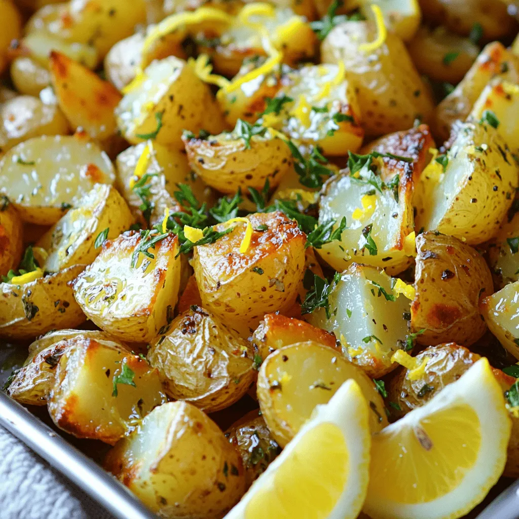 - 2 lbs baby potatoes, halved - 4 cloves garlic, minced - 1/4 cup olive oil - 1 tablespoon lemon zest - 1/4 cup fresh lemon juice - 2 teaspoons dried oregano - 1 teaspoon salt - 1/2 teaspoon black pepper - Fresh parsley, chopped (for garnish) - Lemon wedges (for serving) When I make Greek lemon roasted potatoes, I love to use baby potatoes. They stay tender and creamy inside while getting crispy on the outside. The garlic gives a nice punch of flavor, while olive oil adds richness. Fresh lemon juice and zest bring a bright taste, making every bite refreshing. Dried oregano offers an earthy note that pairs well with the lemon. Each ingredient plays a vital role. The salt and pepper enhance the natural flavors of the potatoes. I always like to garnish with fresh parsley for a pop of color and freshness. Lemon wedges on the side add an extra zing when served. - Calories: 210 - Protein: 3g - Fat: 10g - Carbohydrates: 31g - Fiber: 3g Greek lemon roasted potatoes are not just tasty; they are also filling. Each serving gives you energy without too many calories. The fiber helps keep you full, too. This dish fits well into a balanced meal, whether you serve it with grilled chicken or a fresh salad. For the full recipe, check the details above! Start by preheating your oven to 400°F (200°C). This temperature helps the potatoes roast evenly. A hot oven makes the outside crispy while keeping the inside soft. In a large bowl, mix together the halved baby potatoes, minced garlic, and olive oil. Add the lemon zest, fresh lemon juice, oregano, salt, and black pepper. Toss everything well so each potato gets coated with the mix. This step is key for a bright and zesty flavor in every bite. Transfer the coated potatoes into a large baking dish. Spread them out in a single layer. This helps them roast better. Roast the potatoes for 40-45 minutes. They should be golden brown and fork-tender when done. Toss the potatoes halfway through cooking. This ensures they cook evenly and get that perfect golden color. Don’t forget to check for the full recipe to enjoy this tasty dish! Choosing the right potatoes is key. I love using baby potatoes for this dish. They have a creamy texture that adds to the taste. Their small size means they cook evenly and absorb flavors well. You can also try new potatoes for a fresh twist. They bring a slight sweetness that balances the lemon. To boost the taste, consider adding spices or herbs. A pinch of smoked paprika gives a warm kick. Fresh herbs, like rosemary or thyme, add depth to the dish. You can mix in some crushed red pepper for heat. Each addition makes the dish unique. Don’t hesitate to experiment with flavors that you love. While roasting is my favorite method, there are other fun ways to cook these potatoes. You can air fry them for a quicker option. The air fryer gives a nice crisp without using much oil. Grilling is another great method. It adds a smoky flavor that pairs well with the lemon. Each cooking method offers a new taste experience. {{image_2}} You can add a Mediterranean flair to Greek lemon roasted potatoes. Try mixing in olives or feta cheese. The briny olives bring a nice saltiness. Feta adds creaminess and tang. Both ingredients enhance the dish's depth. Simply stir in these ingredients before roasting. This twist makes the potatoes even more exciting. Fresh herbs can change the taste of your potatoes. I love using rosemary or thyme. They add a fragrant aroma and boost flavor. Chop the herbs finely and toss them with the potatoes. You can also mix them with the olive oil. It’s a simple way to elevate your dish. If you love heat, add chili flakes or paprika. These can give your potatoes a nice kick. Just sprinkle some on before roasting. You can control how spicy you want them. It’s an easy addition that changes everything. Try different spices for unique flavors. To keep your Greek lemon roasted potatoes fresh, follow these steps. First, let the potatoes cool down to room temperature. This step helps avoid condensation in the storage container. Next, place the leftovers in an airtight container. You can store them in the fridge for up to three days. If you want to keep them longer, consider freezing. For freezing, pack the cooled potatoes in a freezer-safe bag. Squeeze out as much air as you can before sealing. They can last in the freezer for up to three months. When it's time to enjoy your leftovers, reheating is key. To maintain texture and flavor, I recommend using the oven. Preheat your oven to 350°F (175°C). Spread the potatoes evenly on a baking sheet. Heat them for about 15-20 minutes, or until warmed through. This method helps keep the potatoes crispy. If you’re in a hurry, you can use the microwave. However, microwaving may make them a bit soft. Just keep an eye on them and reheat in short bursts. To get crispy potatoes, start with the right temperature. Preheat your oven to 400°F (200°C). Use baby potatoes, as they have a nice skin that crisps well. Toss the potatoes with olive oil and spices. Make sure they are in a single layer in the baking dish. This allows hot air to circulate around them. Halfway through cooking, toss the potatoes. This helps them brown evenly. You can also try broiling them for the last few minutes. Keep an eye on them to avoid burning. Yes, you can use other types of potatoes. Yukon Gold or Red potatoes work well, too. They have a creamy texture when cooked. Starchy potatoes like Russets might not hold their shape as well. They can become too fluffy. If you use waxy potatoes, like fingerlings, they will also turn out great. Just remember to cut them into even pieces for even cooking. These potatoes pair well with many dishes. For meat lovers, serve with grilled chicken or lamb. The lemon flavor adds brightness to rich meats. If you prefer vegetarian options, try them with grilled veggies or a fresh salad. They also taste great alongside fish, like salmon or sea bass. The potatoes can be a star side dish at any meal. For the complete recipe specifics, check out the Full Recipe. Greek Lemon Roasted Potatoes bring flavor and joy to your table. We explored ingredients, cooking steps, and important tips for the best results. Whether you choose to add herbs or spices, there are many ways to make this dish your own. Proper storage ensures tasty leftovers and easy reheating. Enjoy with your favorite meats or veggies. Now, it’s your turn to create this simple and delicious meal. Happy cooking!