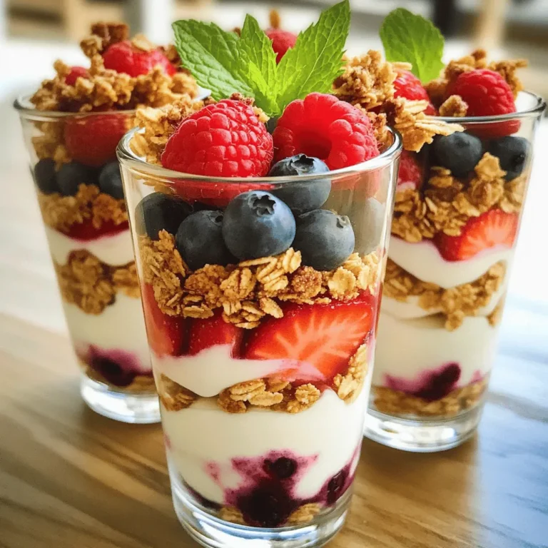 - Greek yogurt and its types: Greek yogurt is thick and creamy. It has more protein than regular yogurt. You can choose full-fat, low-fat, or non-fat. Each type has a unique taste and texture. Full-fat yogurt is rich and creamy. Low-fat yogurt is lighter but still tasty. Non-fat yogurt is the lightest option. It is great for lower calories. - Fruit options for parfaits: Fresh fruits add flavor and color. You can use mixed berries, bananas, apples, or peaches. Berries like strawberries, blueberries, and raspberries are my favorites. They are sweet and juicy. You can also try seasonal fruits for variety. Just make sure the fruit is ripe and fresh. - Granola and sweeteners: Granola adds crunch to your parfait. Choose granola with nuts and seeds for extra flavor. You can find many types in stores. If you want a sweeter taste, honey is a great choice. Maple syrup is another option. Both add a lovely sweetness to your parfait. Check out the Full Recipe for step-by-step details on making this tasty treat! To make the yogurt mixture, take a mixing bowl. Add 2 cups of plain Greek yogurt. Pour in 1/4 cup of honey and 1 teaspoon of vanilla extract. Use a whisk or spoon to mix. Stir until the mixture is smooth and creamy. This step is key. A smooth texture makes your parfaits more enjoyable. When layering your parfait, use clear glasses or bowls. This way, you can see the pretty layers. Start with a generous scoop of the yogurt mixture at the bottom. Then, add a layer of mixed berries. I love using strawberries, blueberries, and raspberries. After the berries, sprinkle a layer of granola. Repeat these layers until the glasses are nearly full. Finish with another scoop of yogurt on top. This method helps balance flavors and textures. For portion control, aim for smaller servings. This helps you enjoy the parfait without overindulging. Presentation is important for your parfaits. You can use fresh mint leaves for garnish. A pinch of cinnamon on top adds a nice touch. Serve these parfaits for breakfast, snacks, or dessert. They work well for both casual meals and fancy gatherings. If you want the flavors to meld, refrigerate them for about 30 minutes before serving. This allows the ingredients to blend beautifully. For the full recipe, refer to the Creamy Berry Bliss Greek Yogurt Parfaits. When picking Greek yogurt, know that brands differ. Some are thicker, while others are creamier. Check labels for added sugars and fillers. I prefer plain yogurt. It has no added flavors and offers the best taste for parfaits. You can choose between full-fat and low-fat options. Full-fat yogurt is rich and creamy. It gives a satisfying feel. Low-fat yogurt is lighter but still tasty. Both work well in recipes. To add more flavor, try spices and extracts. A pinch of cinnamon can make a big difference. Vanilla extract adds warmth and depth. You can also use almond extract for a nutty twist. Incorporating seasonal fruits makes your parfait fun and fresh. Strawberries, blueberries, and peaches are great choices. They add color and natural sweetness. Mix and match fruits for a vibrant look. If you want a dairy-free option, there are many alternative yogurts. Look for coconut or almond-based yogurts. These can provide creamy textures without dairy. For sweeteners, you can substitute honey with maple syrup or agave. Both add a nice sweetness and flavor. You can also use stevia for a low-calorie option. For the full recipe, check out Creamy Berry Bliss Greek Yogurt Parfaits. {{image_2}} You can create fun fruit combinations for your Greek yogurt parfaits. One tasty option is the tropical fruit parfait. This version includes pineapple, mango, and banana. These fruits add bright colors and sweet flavors. They also bring a refreshing taste that brightens your day. Another great choice is the stone fruit parfait. Use peaches, nectarines, or plums for your parfait. These fruits have a juicy bite and a unique flavor. Just slice them up and layer with yogurt and granola. The mix of creamy and fruity makes a delightful treat. If you need gluten-free options, you can easily adapt your parfait. Look for certified gluten-free granola at the store. It gives you the same crunch without the gluten. You can find many brands that make this. You might also enjoy making your own granola. For a simple recipe, mix oats, nuts, seeds, and honey. Bake until golden brown for a warm, crunchy topping. This DIY granola adds a personal touch to your parfait. Adding protein boosts your parfait's health benefits. Consider adding protein powder to the yogurt mix. Just stir in a scoop for extra nutrition. This option is great for breakfast or a post-workout snack. You can also use nut butters to increase protein. Almond or peanut butter blends well with Greek yogurt. Just swirl it in for a rich, nutty flavor. This adds more creaminess while keeping it healthy. Explore these variations to make your parfaits even more exciting! For the full recipe, check out the Creamy Berry Bliss Greek Yogurt Parfaits. To keep your parfaits fresh, store them in an airtight container. If you plan to eat them later, it’s best to store the ingredients separately. This way, the granola stays crunchy. You can store the assembled parfaits in the fridge for up to 2 days. If you keep the yogurt, fruit, and granola separate, they can last longer. Mixed berries can last 3 to 5 days in the fridge. Granola can stay fresh for weeks if sealed well. Enjoy your parfaits within two days for the best taste. After this time, the yogurt can lose its creaminess. The fruit can also get mushy and spoil. Look for signs of spoilage, like a sour smell or off-color yogurt. If the berries look slimy or dark, it’s time to toss them out. Always check for freshness before eating. Keeping these tips in mind ensures your parfaits taste great every time. For detailed steps on making these delicious treats, check out the Full Recipe. Greek yogurt is rich in protein, which helps you feel full. It has live cultures that support gut health. This yogurt also contains calcium, great for strong bones. Plus, it is lower in sugar than regular yogurt. The antioxidants in berries boost your immune system. Yes, you can prep these parfaits in advance! Just layer the yogurt, berries, and granola in jars. Store them in the fridge. They stay fresh for about 24 hours. If you want crunch, add granola just before serving. This keeps it from getting soggy. To cut down on sugar, swap honey for a low-calorie sweetener. Stevia or monk fruit work well. You can also use unsweetened Greek yogurt. It still tastes great with the fruit. Choose berries, which are naturally lower in sugar than other fruits. For the complete recipe, check out the Creamy Berry Bliss Greek Yogurt Parfaits. This article covered how to create tasty Greek yogurt parfaits. We explored ingredients like yogurt, fruits, and granola. You learned step-by-step preparation, layering tips, and serving ideas. I shared advice on choosing yogurt, enhancing flavors, and making dairy-free versions. There are also variations for different tastes and storage tips to keep them fresh. Now, you can make delicious parfaits with ease. Enjoy crafting your own unique blends, and have fun with each layer!