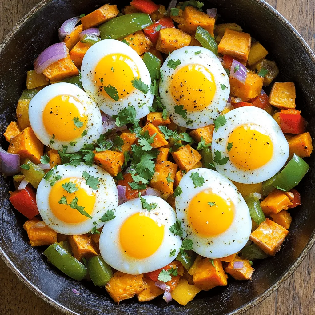 To make a tasty sweet potato breakfast hash, gather these simple ingredients: - 2 medium sweet potatoes, peeled and diced - 1 red bell pepper, diced - 1 green bell pepper, diced - 1 small red onion, chopped - 2 cloves garlic, minced - 4 large eggs - 2 tablespoons olive oil - 1 teaspoon smoked paprika - 1 teaspoon ground cumin - Salt and pepper to taste These ingredients work together to create a warm, hearty dish. Sweet potatoes give a nice sweetness, while the peppers add crunch. The spices bring depth to the flavor. You can add these optional garnishes to enhance your dish: - Fresh cilantro, chopped - Avocado slices - Crumbled feta cheese These garnishes add fresh flavors and make the dish look great. You can mix and match based on what you like. This dish is not just delicious; it is also nutritious. Here’s a quick overview of what you get in one serving: - Calories: Approximately 300 - Protein: 12 grams - Carbohydrates: 40 grams - Fiber: 6 grams - Fat: 10 grams Sweet potatoes are high in fiber and vitamins. Eggs provide protein and healthy fats. This meal is perfect for starting your day right. For the full recipe, check out the Sweet Potato Breakfast Hash. To make Sweet Potato Breakfast Hash, start with your ingredients ready. You need two medium sweet potatoes, a red bell pepper, a green bell pepper, a small red onion, garlic, eggs, olive oil, smoked paprika, and cumin. First, heat two tablespoons of olive oil in a large skillet over medium heat. Add the diced sweet potatoes to the skillet. Season with salt, pepper, smoked paprika, and cumin. Sauté for about 10-12 minutes. Stir occasionally until the sweet potatoes are tender and lightly browned. Next, add the chopped red onion, red bell pepper, and green bell pepper to the skillet. Cook for another 5-7 minutes until the vegetables are soft. Then, stir in the minced garlic and cook for an additional 1-2 minutes until fragrant. Create small wells in the hash and crack an egg into each well. Cover the skillet with a lid. Cook for about 5-8 minutes or until the eggs are cooked to your liking. Remove from heat, top with fresh cilantro, and serve warm. For the complete recipe, check out the Full Recipe. When cooking sweet potatoes, choose firm ones without spots. Peel them, then cut them into even dice. This helps them cook evenly. Soak the diced sweet potatoes in cold water for 30 minutes. This step reduces starch and makes them crispier. You can also steam them for a few minutes before sautéing. This will help them cook faster and become tender. To get perfectly cooked eggs in your hash, crack them gently into the wells. Make sure the heat is not too high. This prevents the eggs from cooking too fast. Cover the skillet to trap heat and steam. This cooks the eggs evenly. For runny yolks, check them after 5 minutes. If you prefer firmer yolks, leave them for a bit longer. Adjust the cooking time based on your taste. To make a great sweet potato breakfast hash, you need the right skills. Start with a hot skillet. Heat olive oil before adding the sweet potatoes. This helps them cook evenly. Stir often for a nice brown color. When they’re tender, add the peppers and onion. Keep stirring to mix flavors. Cooking on medium heat gives the best results. One big mistake is not cutting the sweet potatoes evenly. If pieces are too big, they won’t cook right. Try to keep them about the same size for even cooking. Another error is overcrowding the pan. If the skillet is too full, the hash will steam instead of brown. Give the potatoes space to get crispy. Lastly, don’t skip seasoning. Salt, pepper, and spices bring the dish to life. Sweet potato breakfast hash is tasty on its own, but it pairs well with many sides. Try serving it with crispy bacon or spicy sausage for extra protein. A fresh fruit salad adds a nice, sweet touch. If you want something creamy, top it with avocado slices or a dollop of sour cream. Don’t forget a side of toast to scoop up all the goodness! For the full recipe, check out the Sweet Potato Breakfast Hash. {{image_2}} You can make your sweet potato breakfast hash heartier by adding proteins. Bacon or sausage adds rich flavors. Just cook the bacon in the skillet first. Let it get crispy, then remove it. Use the fat left to cook the sweet potatoes. For sausage, slice it and cook it until browned. Mix it into the hash before adding eggs. This gives you a tasty twist. If you want a vegetarian version, simply skip the meat. You can add more veggies instead. Consider adding spinach, mushrooms, or zucchini. For a vegan option, replace eggs with tofu. Scramble firm tofu in the skillet. It absorbs flavors well and brings protein to the dish. Don’t forget to season well with salt and pepper. Spices and herbs can really boost flavor. Besides smoked paprika and cumin, try adding chili powder for heat. You can also mix in fresh herbs like thyme or oregano. Add these when you cook the vegetables. They bring freshness and depth to the dish. A squeeze of lime juice at the end can brighten everything up. Each variation adds its own flair to this dish. Explore these ideas to create your perfect sweet potato breakfast hash. For the full recipe, check out how to make this delicious meal! To keep your sweet potato breakfast hash fresh, store it in an airtight container. Let it cool first, then place it in the fridge. It will stay good for about 3 to 5 days. Always label your container with the date to track freshness. When you want to enjoy your leftovers, reheat them on the stove. Use a nonstick skillet over medium heat. Add a splash of olive oil to keep it moist. Stir occasionally until heated through. You can also use the microwave for quick reheating. Place it in a microwave-safe bowl and cover it with a damp paper towel. Heat for about 1 to 2 minutes. If you want to save your hash for later, freezing works well. Place it in a freezer-safe container. Make sure to leave some space for expansion. It can stay in the freezer for up to 3 months. When you’re ready to eat, let it thaw in the fridge overnight before reheating. Enjoy your sweet potato breakfast hash anytime! For the full recipe, check out the earlier sections. If you can't find sweet potatoes, try using regular potatoes. Yukon gold or red potatoes work well. Butternut squash is a great choice too. It adds a nice sweetness similar to sweet potatoes. You can also use carrots for a different flavor. Each option changes the dish a bit but keeps it tasty. Yes, you can prep this dish ahead. Cook the sweet potatoes and veggies, then store them in the fridge. When you are ready to eat, just reheat them and add the eggs. This way, you save time in the morning. You will still have a hearty and warm meal. Absolutely! Sweet Potato Breakfast Hash is perfect for meal prep. You can make a big batch and divide it into containers. This makes it easy to grab and go during busy mornings. Just reheat it in the microwave and enjoy a healthy breakfast. In this blog post, we explored the sweet potato breakfast hash, its ingredients, and how to make it. I shared tips for cooking sweet potatoes and perfecting eggs. We also covered common mistakes and suggested ways to enhance flavor. Remember, you can customize this dish with proteins or herbs. With proper storage, you can enjoy leftovers later. Experiment with variations and enjoy a great meal. This hash is not just tasty; it’s also good for you!