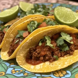 - 1 lb ground beef - 1 small onion, finely chopped - 2 cloves garlic, minced - 1 tablespoon olive oil - 1 teaspoon ground cumin - 1 teaspoon smoked paprika - 1 teaspoon chipotle powder (adjust for heat preference) - 1/2 teaspoon salt - 1/2 teaspoon black pepper - 1 can (8 oz) tomato sauce - 1 tablespoon adobo sauce (from chipotle peppers in adobo) - 8 small corn tortillas - Fresh cilantro, chopped (for garnish) - Lime wedges (for serving) To make these beef tacos, you only need a few tools: - Large skillet - Spatula - Cutting board - Knife - Measuring spoons - Can opener (for the tomato sauce) These tools help you prepare the dish easily and efficiently. Beef tacos are a balanced meal. Each taco has protein, healthy fats, and vitamins. Here’s a quick breakdown: - Calories: About 200-250 per taco - Protein: 15-20 grams - Fat: 10-15 grams - Carbohydrates: 20-30 grams - Fiber: 1-2 grams These nutrition facts can vary based on serving size and toppings. Enjoy your tacos while keeping health in mind. For the complete recipe, click [Full Recipe]. To start, heat 1 tablespoon of olive oil in a large skillet over medium heat. Once hot, add 1 finely chopped onion. Sauté it for about 5 minutes until it turns soft and clear. Next, add 2 minced garlic cloves and cook for another minute. You want that garlic smell to fill your kitchen! Now, add 1 pound of ground beef to the skillet. Use a spatula to break the beef into smaller pieces. Cook it until the beef is brown and fully cooked, which will take about 6 to 8 minutes. If there's extra fat, drain it out. Next, sprinkle in 1 teaspoon of ground cumin, 1 teaspoon of smoked paprika, 1 teaspoon of chipotle powder, ½ teaspoon of salt, and ½ teaspoon of black pepper. Stir everything well and let it cook for 2 to 3 minutes. This helps the spices mix nicely with the beef. Finally, pour in one 8-ounce can of tomato sauce and 1 tablespoon of adobo sauce from the chipotle peppers. Stir it all together, then let it simmer for about 5 minutes. This allows the flavors to blend and thicken a bit. While your beef mixture simmers, it’s time to warm the tortillas. Take 8 small corn tortillas and place them in a dry skillet over medium heat. Warm each side for about 30 seconds. You want them soft and easy to fold without tearing. Now comes the fun part! Grab a tortilla and spoon some of the chipotle beef mixture onto it. You can add as much as you like! Next, sprinkle some chopped fresh cilantro on top for that fresh kick. Serve your tacos with lime wedges on the side. Squeeze some lime juice over the tacos before you take a bite. This adds a bright flavor that really makes them pop. For the complete recipe, check out the Full Recipe. Enjoy your flavorful and simple beef tacos! To control the heat in your chipotle sauce, start with less chipotle powder. Use just half a teaspoon for a milder taste. You can always add more later if you want it spicier. If you want a smoky flavor without too much heat, try smoked paprika. This gives flavor without the burn. When you sauté meat, use a wide skillet. Heat the oil on medium heat before adding the onions. Cook the onions until they are soft and clear, about five minutes. Next, add the garlic for more flavor. When you add the ground beef, break it up into small pieces. This helps it cook evenly. Cook until the beef is brown, about six to eight minutes. Drain any extra fat to keep it lean. Fresh ingredients make a big difference. Use fresh garlic instead of powder for a punchier taste. Add lime juice just before serving for brightness. You can also top your tacos with fresh cilantro for a burst of flavor. Other great toppings include diced tomatoes, avocado, or crumbled cheese. Using fresh herbs and veggies makes your tacos vibrant and tasty. For the full recipe, check out the detailed steps. {{image_2}} You can swap ground beef for other proteins. Ground turkey and chicken work great. They absorb flavors well, just like beef. For a richer taste, try shredded pork or beef brisket. Each option changes the taco's feel and taste. You can even use fish or shrimp for a light twist. Just remember to adjust cooking times for each protein. If you want a meat-free meal, use beans, lentils, or mushrooms. Black beans or pinto beans add protein and fiber. Lentils cook fast and are very tasty. Sautéed mushrooms give a hearty bite. You can replace the beef with a mix of these options and still enjoy the chipotle sauce. This sauce adds a kick that pairs well with veggies. Tacos are fun because you can customize them. Try adding fresh avocado, diced tomatoes, or shredded cabbage. Each topping gives a new flavor and texture. Also, think about sides like rice, beans, or a fresh salad. Lime wedges brighten the dish. You can also add your favorite salsa for extra zest. Check out the Full Recipe for more ideas. After enjoying your tasty beef tacos, store the leftovers right away. Place any unused tacos in an airtight container. If you have leftover filling, keep it separate. This helps keep the tortillas from getting soggy. Store everything in the fridge. The beef filling lasts for up to three days. Make sure to label the container with the date. This way, you won’t forget when you made them. When you are ready to enjoy your leftovers, reheating is easy. For the beef filling, use a skillet on medium heat. Stir it often until it’s warm. This usually takes about five minutes. For tacos with tortillas, you can warm them in the oven. Set your oven to 350°F (175°C). Place the tacos on a baking sheet and heat for about 10 minutes. This method keeps them crisp and tasty. If you want to save the beef filling for later, freezing works well. Let the filling cool completely first. Then, scoop it into a freezer-safe bag. Squeeze out all the air before sealing. Write the date on the bag, so you remember when you froze it. The filling can stay fresh for up to three months. To use it, thaw in the fridge overnight and reheat as mentioned above. Enjoy your flavorful meals anytime! For more detail, check out the Full Recipe. You can serve beef tacos with various sides. Here are a few great options: - Mexican rice - Refried beans - Guacamole - Salsa - Chopped salad - Corn on the cob These sides add texture and flavor. They also balance the rich taste of beef tacos. You can mix and match based on your mood. To spice up your beef tacos, use more chipotle powder. You can also try: - Adding diced jalapeños - Mixing in hot sauce - Serving with spicy salsa These ideas enhance the kick of your tacos. Adjust the heat to fit your taste buds. Remember, it’s all about balance. Yes, you can use ground turkey instead of beef. Ground turkey is a leaner choice. It absorbs flavors well. When using turkey, follow these tips: - Cook it fully, as it may take a bit longer. - Add extra spices to enhance the flavor. - Adjust cooking times slightly if needed. Ground turkey makes a great alternative for a lighter taco. Enjoy the flavors from the Full Recipe you create! In this article, we explored how to make delicious beef tacos, from selecting ingredients to step-by-step assembly. You learned about kitchen tools and nutritional facts, plus tips for adjusting spice levels and enhancing flavors. Variations allow you to customize your meal, ensuring everyone can enjoy their tacos. Storing leftovers properly keeps your food fresh. With these insights, you can create tasty tacos that suit your taste and needs. Enjoy cooking and personalizing this classic dish!