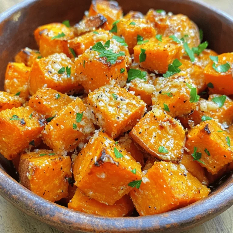 - 3 large sweet potatoes, peeled and cubed - 4 tablespoons olive oil - 4 cloves garlic, minced Sweet potatoes are the star here. They provide natural sweetness. Olive oil adds a smooth texture. Garlic brings a bold flavor. Together, they create a base that is both tasty and healthy. - 1/2 cup grated Parmesan cheese - 1 teaspoon dried oregano - 1 teaspoon smoked paprika Parmesan cheese gives a rich, salty taste. Oregano adds an earthy note. Smoked paprika brings a hint of warmth. These seasonings enhance the sweet potatoes perfectly. - Salt and black pepper to taste - Fresh parsley, chopped (for garnish) Salt and pepper help balance flavors. Fresh parsley adds color and freshness. This simple touch makes your dish lively. For the full recipe, check out the detailed instructions we provided. Enjoy creating a delightful dish! 1. Preheat your oven to 425°F (220°C). This high heat helps the sweet potatoes roast well. 2. Line a baking sheet with parchment paper. This makes cleanup easy and keeps the potatoes from sticking. 3. Peel and cube the three large sweet potatoes. Aim for bite-sized pieces for even cooking. 4. In a large bowl, combine the cubed sweet potatoes with four tablespoons of olive oil, four minced garlic cloves, one teaspoon of dried oregano, one teaspoon of smoked paprika, salt, and black pepper. Toss everything together until the sweet potatoes are evenly coated. 1. Spread the sweet potatoes in a single layer on the lined baking sheet. Ensure they have space to roast evenly. 2. Roast the sweet potatoes in the preheated oven for 25 to 30 minutes. Toss them halfway through to ensure they cook evenly. 3. Look for tender potatoes that are lightly browned. This means they are nearly done. 1. Remove the sweet potatoes from the oven and sprinkle half a cup of grated Parmesan cheese over the top. The cheese adds a rich flavor. 2. Return the baking sheet to the oven for five more minutes. This lets the cheese melt and form a nice crust. 3. Once done, let the sweet potatoes cool slightly. Transfer them to a serving dish and garnish with chopped fresh parsley. This adds a pop of color and freshness. For the full recipe, check the earlier section. Enjoy your delicious Garlic Parmesan Roasted Sweet Potatoes! To get the best texture, spacing on the baking sheet is key. If sweet potatoes touch, they steam instead of roast. Aim for one layer with space between each piece. This way, they turn golden and crispy. Also, consider sweet potato size. Smaller cubes need less time, while larger cubes take longer. Keep an eye on them, and adjust cooking time as needed. You can easily play with flavors to make this dish your own. Try adding herbs like thyme or rosemary for a fresh twist. A pinch of cayenne pepper can bring some heat, too. If you want a different cheese, try feta or cheddar. Each brings its unique taste and texture. Mixing flavors keeps things exciting in the kitchen. Garlic Parmesan roasted sweet potatoes pair well with many main dishes. They complement grilled chicken or fish nicely. You can also serve them alongside a hearty salad for a lighter meal. For a fun twist, try serving them in a taco. Fill tortillas with roasted sweet potatoes, black beans, and avocado. This adds a creative touch to your meal. Check out the Full Recipe for more ideas! {{image_2}} You can switch sweet potatoes for other root veggies, like carrots or parsnips. These swaps offer different textures and flavors while keeping the dish tasty. If you want a creamier taste, try butternut squash instead. For oils, olive oil works great, but you can use avocado oil or melted coconut oil. Butter is another option for a richer flavor. Each oil adds a unique twist to the dish, so feel free to experiment. You can make garlic Parmesan roasted sweet potatoes in an air fryer or a regular oven. The air fryer cooks them faster and gives a crispier texture. Set it to 400°F (200°C) and roast for about 20 minutes. Shake the basket halfway for even cooking. If you prefer the oven, follow the full recipe for perfect results. A grill is also an option. Grill them in a basket for about 15-20 minutes. Just watch closely to avoid burning. You can add more spices for extra flavor. Try adding cayenne for heat or rosemary for a fresh taste. Mixing different herbs can change the dish completely. You can also play with sweet and savory flavors. Add a drizzle of maple syrup for a sweet touch. This mix of flavors will surprise your taste buds and make the dish more exciting. To keep your garlic Parmesan roasted sweet potatoes fresh, place them in an airtight container. This method protects them from moisture and odors in the fridge. You should store them in the refrigerator within two hours of cooking. They stay good for about 3 to 5 days. For reheating, the best method is using an oven. Preheat it to 350°F (175°C). Spread the sweet potatoes on a baking sheet. Heat for about 10 to 15 minutes. This method helps them regain their crispness. You can also use a microwave for a faster option. Just heat them for 1 to 2 minutes. Be careful not to overcook them, as they may get mushy. If you want to save them for later, you can freeze the sweet potatoes. First, let them cool completely. Then, place them in a freezer-safe bag or container. Remove as much air as possible to avoid freezer burn. They can last up to 3 months in the freezer. When ready to enjoy, thaw them in the fridge overnight. Reheat them in the oven or microwave, just like before. This way, they taste almost as good as fresh! For the full recipe, check the main article. Garlic Parmesan roasted sweet potatoes are a tasty side dish. They combine sweet potatoes with garlic and Parmesan cheese. The sweet potatoes get soft and caramelized, while the cheese adds a rich flavor. This dish is simple to make and very appealing. It’s perfect for family dinners or special occasions. You can tell your sweet potatoes are done by checking a few signs. They should be tender and lightly browned. A fork should easily pierce them. If they are soft and have a golden color, you nailed it! Tossing them halfway through cooking helps to cook them evenly. Yes, you can make this recipe vegan! Instead of Parmesan cheese, use a vegan cheese option. Nutritional yeast also adds a cheesy flavor without dairy. You can follow the same steps in the Full Recipe. The dish will still taste great and be plant-based. Garlic Parmesan roasted sweet potatoes pair well with many main dishes. Try them with grilled chicken or baked salmon. They also go well with a hearty salad or roasted vegetables. This dish adds a nice touch to any meal. To make this dish gluten-free, check all your ingredients. The sweet potatoes, olive oil, and spices are naturally gluten-free. Always ensure your Parmesan cheese is gluten-free too. This way, everyone can enjoy this delightful side dish without worry. This blog post has covered the tasty journey of garlic Parmesan roasted sweet potatoes. We explored key ingredients, step-by-step instructions, and useful tips for the perfect roast. Don't forget the variations and storage tips to keep your dish fresh. My final thought? This recipe is versatile and easy, making it a great side for any meal. Enjoy these sweet potatoes as they bring flavor and joy to your table!