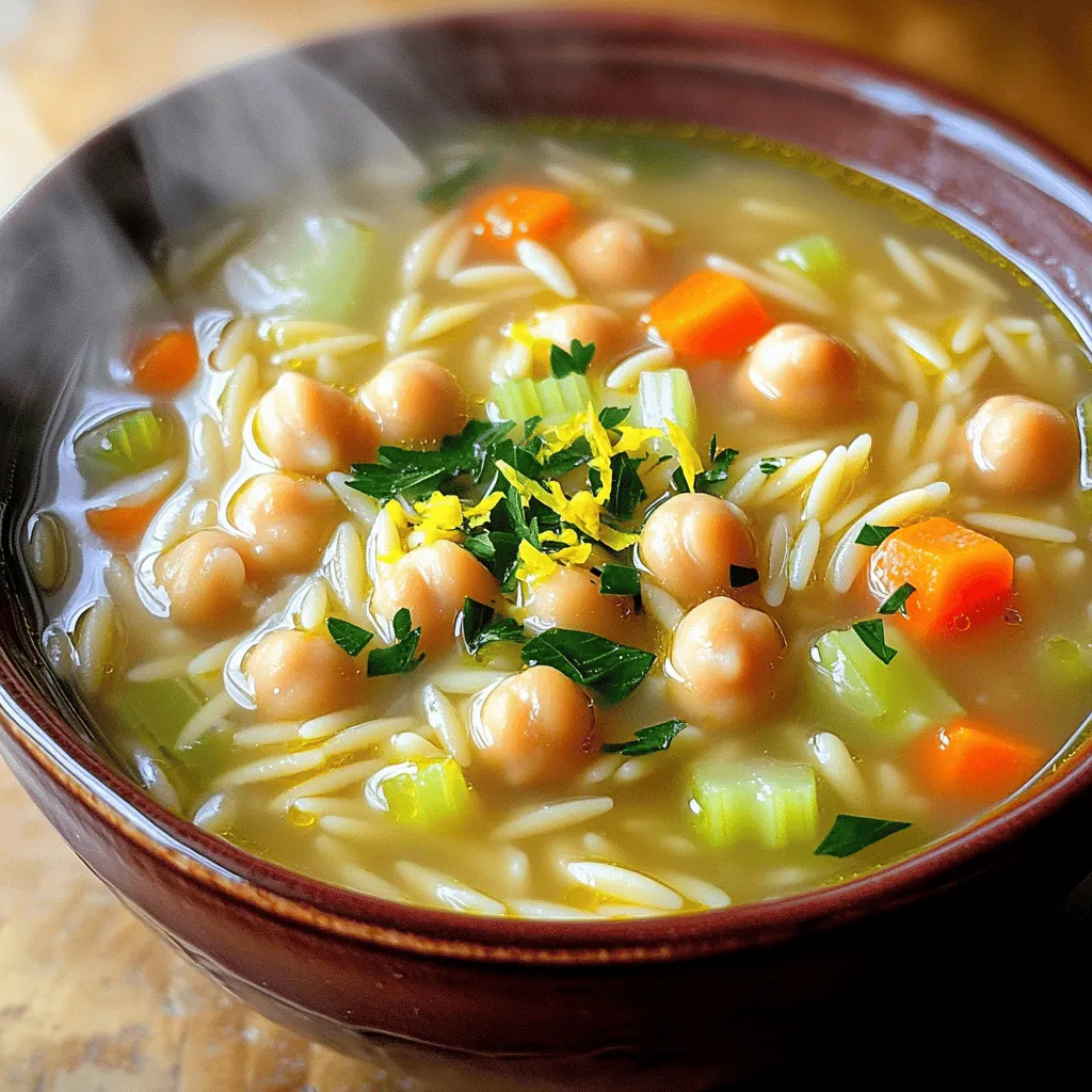 This soup is bright and full of flavor. You need these key ingredients: - 1 cup orzo pasta - 1 can (15 oz) chickpeas, rinsed and drained - 6 cups vegetable broth - 1 medium onion, diced - 2 cloves garlic, minced - 2 medium carrots, diced - 2 celery stalks, diced These main items create a hearty base. Orzo adds a nice texture, while chickpeas give you protein. The broth brings everything together, making each bite warm and comforting. To enhance the taste, we’ll use: - 1 teaspoon dried thyme - 1 teaspoon dried oregano - Salt and pepper to taste These herbs add a lovely aroma. Thyme brings earthiness, and oregano adds depth. Don’t forget to season with salt and pepper for balance. Finally, we’ll add some fresh flavors: - Juice of 2 lemons - Zest of 1 lemon - 2 tablespoons olive oil - Fresh parsley, chopped (for garnish) The lemon juice brightens the soup. The zest gives it a fresh kick. Olive oil adds richness, and parsley gives a pop of color. This recipe is a great way to enjoy a healthy meal. For the full recipe, check out the details above! Start by heating olive oil in a large pot over medium heat. Once hot, add the diced onion, carrots, and celery. These three vegetables form the base of your soup. Sauté them for about 5-7 minutes. You want them soft but not browned. This step builds a rich flavor. Next, stir in the minced garlic, dried thyme, and oregano. Cook for another minute. Garlic adds a nice aroma, and the herbs boost the taste. You should smell their warmth filling the kitchen. Now, it's time to add the vegetable broth. Pour it into the pot and bring it to a boil. Boiling is key to cooking the orzo properly. Once the broth bubbles, stir in the orzo and chickpeas. Reduce the heat to a gentle simmer. Let it cook for about 10 minutes. You want the orzo to be tender and the chickpeas warm. After the orzo is cooked, it’s time to add the lemon juice and zest. This is where the soup gets its fresh and bright flavor. Stir it in and then season with salt and pepper to taste. Taste your soup; adjust the seasonings if needed. Let the soup sit for a few minutes to meld the flavors. Now you have a delightful bowl of Lemon Chickpea Orzo Soup. For the full recipe, check out the details above. To achieve the best flavor balance in your Lemon Chickpea Orzo Soup, focus on the ingredients. Start with fresh veggies. They enhance the taste. Sauté the onion, carrots, and celery until soft. This step builds a tasty base. Do not rush; let the flavors develop. When cooking orzo, follow the package instructions. Usually, it takes about 10 minutes to cook. Stir often to prevent sticking. If you cook it too long, it can turn mushy. Add the orzo after the broth boils for the best texture. This soup is naturally vegan. The chickpeas add protein and keep it filling. If you need gluten-free options, swap orzo for a gluten-free pasta. Quinoa can also work well. For those with allergies, check the broth. Ensure it is free from allergens. To make your soup even better, consider toppings. A sprinkle of fresh parsley adds color and flavor. You can also add a dash of lemon zest for brightness. Serve with crusty bread for a hearty meal. Use shallow bowls for a beautiful presentation. For a fun twist, add a swirl of olive oil on top. This gives a rich finish. Enjoy your soup with a side salad for a complete meal. {{image_2}} You can change the grains and legumes in this soup. Try quinoa or farro instead of orzo. If you want extra protein, use lentils or black beans instead of chickpeas. Feel free to add different veggies to your soup. Spinach or kale adds green color and power. Bell peppers give a sweet crunch. You can also toss in sweet corn or diced tomatoes for a fresh touch. For a kick, add spices like cumin or smoked paprika. A pinch of red pepper flakes can also bring heat. If you want to change the citrus flavor, try lime or orange juice. Each adds a unique zest to the soup, making it even more delightful. In summer, add zucchini. It cooks quickly and has a light taste. You can slice it thin and stir it in during the last few minutes. During winter, use hearty greens like kale. It adds a robust texture, perfect for colder days. You can also add potatoes to make the soup more filling. Try using root vegetables like parsnips or turnips for variety. For the complete recipe, check the [Full Recipe]. To keep your Lemon Chickpea Orzo Soup fresh, store leftovers in the fridge. Use a good, airtight container. This prevents moisture loss and keeps flavors intact. Let the soup cool before sealing it. Label the container with the date. This helps you track freshness. To safely reheat the soup, pour it into a pot. Heat on low to medium, stirring often. This helps the soup warm evenly. You can also use a microwave. Place the soup in a microwave-safe bowl. Heat in short bursts, stirring in between. This keeps the orzo from getting mushy. You can freeze Lemon Chickpea Orzo Soup for up to three months. Use a freezer-safe container, leaving space for expansion. When ready to use, thaw the soup in the fridge overnight. For a quick thaw, run the sealed container under warm water. Reheat it on the stove or in the microwave. Enjoy every flavorful bite! How long can leftovers be stored in the fridge? You can store leftovers in the fridge for up to three days. Make sure to keep it in an airtight container to keep it fresh. Can I make this soup ahead of time? Yes, you can make this soup ahead of time. It tastes even better the next day. Just reheat it on the stove or in the microwave. Can I use fresh chickpeas instead of canned? You can use fresh chickpeas, but you'll need to cook them first. Soak them overnight and boil them until tender. This will add extra time to your prep. What can I serve with this soup? This soup pairs well with crusty bread or a fresh salad. You might also enjoy it with a light sandwich. Is this soup gluten-free? No, it is not gluten-free due to orzo pasta. You can use gluten-free pasta for a safe option. What are the health benefits of chickpeas? Chickpeas are packed with protein and fiber. They help keep you full and support digestion. They also provide vitamins and minerals, making this soup nutritious. Lemon Chickpea Orzo Soup is simple and packed with flavor. We covered the key ingredients, basic steps, and helpful tips. You can customize it to fit your diet or add seasonal veggies. Proper storage keeps it fresh for later enjoyment. This soup is warm, bright, and healthy. Make it your go-to recipe for any season. Enjoy the taste and comfort it brings!