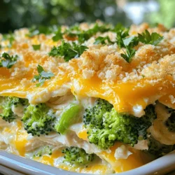 - 2 cups cooked chicken, shredded or diced - 3 cups fresh broccoli florets - 1 cup uncooked brown rice - 3 cups chicken broth - 1 cup shredded cheddar cheese - 1/2 cup cream cheese, softened - 1 cup Greek yogurt or sour cream - 1 teaspoon garlic powder - 1 teaspoon onion powder - Salt and pepper to taste - 1/2 cup breadcrumbs (for topping) - 2 tablespoons olive oil - Fresh parsley, chopped (for garnish) Gather these ingredients when you make Cheesy Chicken Broccoli Casserole. Each one plays a key role in creating a rich and creamy dish. The cooked chicken gives protein and flavor. The fresh broccoli adds crunch and color. Brown rice is a hearty base that fills you up. Chicken broth adds depth to the flavor. Cheddar cheese and cream cheese create a creamy texture and cheesy goodness. Greek yogurt or sour cream adds tanginess and richness. Garlic powder and onion powder provide savory notes. Salt and pepper help balance the flavors. Breadcrumbs give a crispy topping, while olive oil adds a bit of richness. Fresh parsley is not just for looks; it adds a bright, fresh taste. Use this complete list of ingredients to create a dish that brings comfort and joy. Check the Full Recipe for the detailed steps to follow. To start, you need to cook the brown rice. In a large pot, mix the uncooked brown rice with chicken broth. Bring it to a boil, then cover. Let it simmer on low heat for about 25-30 minutes. The rice will absorb all the broth and become fluffy. While the rice cooks, it’s time to steam the broccoli. Place the broccoli florets in a steamer basket over boiling water. Steam them for about 4-5 minutes. You want them tender but still bright green. Drain and set them aside. Now, let’s mix the main ingredients. In a large bowl, combine your cooked chicken with softened cream cheese, Greek yogurt, garlic powder, onion powder, salt, and pepper. Mix everything until it is smooth and well combined. Once your rice is done, add it to the chicken and cream cheese mix. Then, fold in the steamed broccoli. Stir gently until all the ingredients are mixed well. Next, transfer the mixture to a greased 9x13 inch baking dish. Spread it evenly. Now, sprinkle shredded cheddar cheese on top. For the topping, take a small bowl and mix the breadcrumbs with olive oil until the breadcrumbs are coated. Sprinkle this mixture over the cheese layer. Bake your casserole in the preheated oven at 350°F (175°C) for 25-30 minutes. You want it to be bubbly and the breadcrumbs to be golden brown. When done, let it cool for about 5 minutes before serving. For a fresh touch, add some chopped parsley on top. For the full recipe, refer back to the ingredients list and instructions provided. To get the best texture, aim for a creamy mix. The key lies in balancing the chicken, cheese, and rice. If your mix feels too thick, add a splash of chicken broth. If it seems too thin, let it cook a bit longer. To avoid overcooking, keep an eye on your baking time. Check it around the 25-minute mark. You want the cheese bubbly and gold, but not brown. If you notice the top browning too fast, cover it loosely with foil. A good 9x13 inch baking dish works wonders for this recipe. I love using glass or ceramic for even cooking. A large mixing bowl is also essential. It helps combine the creamy ingredients without spills. For best results, use a sharp knife for cutting chicken and broccoli. A sturdy wooden spoon is perfect for mixing. Having a steamer basket makes broccoli easy to cook. It keeps the color bright and the crunch intact. Pair your casserole with a fresh side salad. A crisp green salad brightens the meal. Garlic bread also makes a great side. It soaks up the cheesy goodness. Serve the casserole warm. It tastes best right out of the oven. If you have leftovers, heat them gently in the oven. This keeps the flavors fresh and delicious. For the full recipe, click [here](#). {{image_2}} You can easily change some ingredients for your casserole. If you want to skip cream cheese, try sour cream or Greek yogurt. They add a nice creaminess without losing taste. For cheese, cheddar is great, but mozzarella or Monterey Jack work too. They can give a different flavor and melt nicely. If you need gluten-free options, use brown rice or quinoa. Both are tasty and safe for gluten-free diets. For low-carb choices, swap rice with cauliflower rice. It keeps the dish light while still filling. Adding spices can elevate your casserole. Try paprika or cayenne for a little kick. Fresh herbs like thyme or parsley also add great flavor. You can mix in other veggies too. Bell peppers, carrots, or even spinach can make it colorful and healthy. Check out the Full Recipe for a delicious way to enjoy this meal! To store leftovers, wait until the casserole cools. Place it in a container with a tight lid. You can keep it in the fridge for up to three days. If you want to enjoy it later, freezing is a great option. I recommend using glass or BPA-free plastic containers. These help keep your food fresh and safe. To freeze the casserole, let it cool completely. Cover it with plastic wrap, then foil. This prevents freezer burn and keeps all the yummy flavors. You can freeze it for up to three months. When you are ready to enjoy it, remove it from the freezer. Thaw it in the fridge overnight. To reheat, place it in the oven at 350°F (175°C) for about 30 minutes. Make sure it's hot all the way through before serving. Enjoy the comfort of Cheesy Chicken Broccoli Casserole again with a simple reheat! For the full recipe, check out the earlier section. How long can I store the casserole? You can store Cheesy Chicken Broccoli Casserole in the fridge for about three to four days. Make sure to place it in an airtight container. If you want to keep it longer, you can freeze it. Frozen casserole lasts for about two to three months. Just remember to thaw it in the fridge before reheating. Can I use frozen broccoli? Yes, you can use frozen broccoli in this recipe. Just make sure to thaw it and drain any extra water before adding it to the mix. Frozen broccoli cooks faster than fresh, so keep an eye on it to avoid mushiness. What can I serve with Cheesy Chicken Broccoli Casserole? This casserole pairs well with a simple side salad or some crusty bread. You can also serve it with rice or mashed potatoes for a heartier meal. If you want to keep it light, a fresh fruit salad works great too. For the full recipe, check here: [Full Recipe]. This blog post covered everything you need for a tasty Cheesy Chicken Broccoli Casserole. You learned about the key ingredients, simple steps to make it, and tips for perfecting the dish. We explored variations and storage options that fit different diets. With these insights, you can create a flavorful meal that all family members will enjoy. By following these steps, you’ll serve a warm dish that keeps everyone coming back for more. Enjoy your cooking adventure!