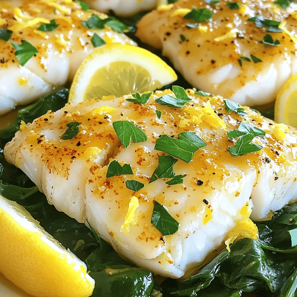 When I make Lemon Garlic Baked Cod, I focus on fresh and simple ingredients. Here is what you will need for this dish: - Cod Fillets - 4 cod fillets (about 6 oz each) - Marinade Components - 4 tablespoons olive oil - 3 cloves garlic, minced - 1 lemon, zest and juice - 1 teaspoon dried oregano - 1 teaspoon paprika - Salt and pepper, to taste - Garnishes and Serving Suggestions - Fresh parsley, chopped (for garnish) - Lemon wedges (for serving) These ingredients create a bright and flavorful meal. The cod fillets soak up the lemon and garlic, making each bite delicious. For the full recipe, check the previous section. Enjoy cooking! Preheating the Oven First, you must preheat your oven to 400°F (200°C). This helps cook the cod evenly and keeps it moist. Making the Marinade In a small bowl, whisk together these ingredients: - 4 tablespoons olive oil - 3 cloves garlic, minced - 1 lemon, zest and juice - 1 teaspoon dried oregano - 1 teaspoon paprika - Salt and pepper, to taste This marinade adds flavor and keeps the fish tender. Marinating the Cod Place your cod fillets in a baking dish. Pour the marinade over them, ensuring each fillet is well-coated. Let it marinate for 15 to 20 minutes while the oven heats up. This waiting time allows the fish to absorb all those delicious flavors. Setting the Baking Dish Once marinated, make sure the cod is in a single layer in your baking dish. This helps it cook evenly. Cooking Time and Temperature Put the baking dish in your preheated oven. Bake the cod for 12 to 15 minutes. The fish should be flaky and white when done. Determining Doneness To check if the cod is cooked, use a fork. If it flakes easily, it is ready. Avoid overcooking, as this can make the fish dry. Presentation Tips For a nice look, serve the cod on a bed of sautéed spinach or alongside roasted vegetables. Drizzle any leftover marinade from the baking dish over the cod for extra flavor. Recommended Side Dishes Pair your lemon garlic baked cod with a fresh salad or rice. These sides complement the dish well. Serving with Sauce You can serve the cod with lemon wedges on the side. This adds a zesty kick. Enjoy your meal! For the complete recipe, you can refer to the full recipe. - Ensuring Perfectly Flaky Fish To get flaky fish, bake it at 400°F (200°C). This high heat cooks the cod fast and keeps it moist. Use a fork to check if it flakes easily. If it does, it’s ready to eat. - Adjusting Cooking Time for Thickness The thickness of your cod fillets affects cooking time. Thinner fillets may need only 12 minutes. Thicker ones can take up to 15 minutes. Always check for doneness to avoid overcooking. - Using Fresh vs. Dried Ingredients Fresh ingredients often add more flavor. For example, fresh garlic has a stronger taste than dried. However, dried herbs like oregano last longer and are great when fresh ones are not available. - Adding Spices or Herbs Feel free to boost flavor by adding spices. A pinch of red pepper flakes can add heat. Fresh dill or thyme can give a unique twist to your dish. - Utilizing Citrus Variations While lemon is classic, you can use lime or orange for a different taste. Each citrus fruit brings its own zing, making your cod dish exciting. - Experimenting with Marinades Marinades are key to flavor. Try adding soy sauce or honey for a sweet-savory combo. Mixing flavors can create a dish that feels new each time you make it. For the complete recipe, check out [Full Recipe]. {{image_2}} What other fish can I use for this recipe? You can try other white fish like haddock or snapper. These fish have a mild flavor and cook well, just like cod. Salmon or tilapia also work great. Salmon adds a rich taste, while tilapia is light and flaky. What can I use instead of olive oil or garlic? If you want a different oil, avocado oil is a great choice. It’s healthy and has a nice flavor. For garlic, try shallots or garlic powder. They give a similar taste but with a twist. Are there gluten-free options? Yes! All the ingredients in this recipe are gluten-free. Just make sure any added condiments or spices are also gluten-free. You can enjoy this dish without worry. How can I cook this dish on the grill? To grill, preheat your grill to medium heat. Use a grill pan or foil to prevent the fish from falling through. Follow the same marinating steps and cook for about 6-8 minutes on each side. What if I want to use an air fryer? Preheat your air fryer to 375°F. Place the marinated cod in the basket and cook for 10-12 minutes. Check for doneness by seeing if the fish flakes easily. For the full recipe, check out the details above. For leftover Lemon Garlic Baked Cod, you want to keep it fresh. First, let the cod cool down. Then place it in an airtight container. This helps to keep its flavor and moisture. Store it in the fridge for up to three days. When you're ready to eat it, you can reheat it. The best way is to use the oven. Set it to 350°F (175°C). Place the cod in a baking dish and cover it with foil. Heat it for about 10 minutes. This keeps the fish moist and tasty. You can also freeze baked cod for later use. To freeze, let the cod cool completely. Wrap each fillet in plastic wrap tightly. Then, place them in a freezer bag. This helps prevent freezer burn. You can freeze cod for up to three months. When you want to eat it, you need to thaw it first. The best way is to place it in the fridge overnight. If you're in a hurry, you can use cold water. Just submerge the wrapped cod in cold water for about an hour. After thawing, reheat it as mentioned before. For the full recipe, refer to the section above! How long do I bake cod at 400°F? Bake cod for about 12 to 15 minutes. The fish should flake easily when done. Can I use frozen cod fillets? Yes, frozen cod works well. Just thaw them first for best results. What dishes pair well with Lemon Garlic Baked Cod? Serve it with sautéed spinach, roasted veggies, or a fresh salad. Rice or quinoa also make great sides. How do I know when cod is fully cooked? Cod is fully cooked when it flakes easily with a fork. It should also look opaque. Can I prepare the marinade in advance? Yes, you can make the marinade a day ahead. Just store it in the fridge until you need it. What wine goes best with cod? A crisp white wine like Sauvignon Blanc pairs nicely with cod. It enhances the lemon flavor. For the complete process, check the [Full Recipe]. To sum up, this guide walked you through baking cod perfectly. We covered ingredients, step-by-step instructions, and expert tips to ensure a tasty meal. There are variations to try, from different fish to cooking methods. I also shared how to store leftovers and answered FAQs to make cooking easier for you. By following this guide, you can enjoy a delicious cod dish anytime. Now, it's time to get cooking and taste the results!