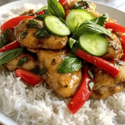 - 1 pound of boneless chicken thighs - 2 tablespoons vegetable oil - 4 cloves of garlic - 2 tablespoons soy sauce - 2 tablespoons oyster sauce - 1 tablespoon fish sauce - 1 tablespoon brown sugar - 1 cup jasmine rice - Fresh Thai basil leaves - Red bell pepper, cucumber for garnish To make Thai basil chicken, gather these fresh and flavorful ingredients. Start with one pound of boneless chicken thighs. They cook up tender and juicy. Use two tablespoons of vegetable oil to heat in your skillet. Add four cloves of minced garlic for a fragrant base. For flavor, mix in two tablespoons each of soy sauce and oyster sauce. This adds richness. A tablespoon of fish sauce brings umami. Finally, add one tablespoon of brown sugar for a touch of sweetness. Don't forget about the rice! You need one cup of jasmine rice. This fluffy rice pairs perfectly with the dish. Fresh Thai basil leaves will add a burst of flavor. A red bell pepper not only adds color but also sweetness. Use cucumber slices for a refreshing garnish. For the complete recipe, check out the Full Recipe. Start by rinsing the jasmine rice. Place it in a fine mesh strainer and run cold water over it. Rinse until the water runs clear. This step removes excess starch and keeps your rice fluffy. You can cook jasmine rice in two ways: - Rice Cooker: Add one cup of rinsed rice and two cups of water. Season with a pinch of salt. Follow your rice cooker’s instructions. - Stovetop: In a pot, combine the rinsed rice and water. Bring to a boil, then reduce the heat to low. Cover and let it simmer for 15 minutes. After cooking, let it sit for 5 minutes, then fluff it with a fork. In a large skillet or wok, heat two tablespoons of vegetable oil over medium-high heat. Add four cloves of minced garlic and two Thai bird’s eye chilies. Sauté for about 30 seconds. This brings out their flavor. Next, add one pound of thinly sliced boneless chicken thighs. Cook for 3-4 minutes. Stir until the chicken turns golden brown and is fully cooked. This step ensures the meat is tender and juicy. Now it’s time to add more flavor. Stir in one sliced red bell pepper, two tablespoons of soy sauce, two tablespoons of oyster sauce, one tablespoon of fish sauce, and one tablespoon of brown sugar. Cook for another 2-3 minutes. Mix well to combine all the flavors. Finally, turn off the heat and gently fold in one cup of fresh Thai basil leaves. The heat will wilt the basil just right, enhancing the dish's aroma and taste. For the full recipe, refer to the details above! - Ensuring chicken remains tender: Use boneless chicken thighs for a juicy bite. Thighs have more fat than chicken breasts, keeping them moist. Cook them quickly over medium-high heat. Avoid overcooking, as this can make them dry. - Achieving the perfect jasmine rice texture: Rinse the jasmine rice well before cooking. This removes excess starch. Use a ratio of 1 cup rice to 2 cups water. Bring the water to a boil, then lower the heat. Let it simmer for 15 minutes, then let it sit covered. Fluff it gently with a fork after resting. - Adjusting spice levels: Thai bird’s eye chilies pack heat. Start with one chili, then taste. You can always add more if you want it spicier. For less heat, remove the seeds before adding them. - Substitutions for sauces and vegetables: If you can’t find fish sauce, soy sauce works as a good substitute. Feel free to swap red bell pepper with any veggies you like, such as snap peas or broccoli. The goal is to keep it colorful and tasty. - Creative serving suggestions: Serve the chicken over a bed of fragrant jasmine rice. You can pile the chicken on top or mix it in. Consider using bowls for a casual look or plates for a formal setting. - Garnishing techniques: Fresh cucumber slices add a nice crunch. Place them on the side of the dish. A sprig of Thai basil on top makes it pop. For added flair, sprinkle sesame seeds or chopped peanuts for texture. Explore the full recipe for more details and cooking guidance! {{image_2}} You can change the protein in this dish to fit your taste. If you want a vegetarian option, use tofu instead of chicken. Tofu absorbs flavors well, making it a great choice. For shrimp lovers, swap chicken for shrimp. Cook them until they turn pink for the best results. If you want a healthier option, try brown rice. It has more fiber and nutrients than white rice. You can also try cauliflower rice. This low-carb choice gives a fresh taste. Another fun idea is to serve the dish on a bed of stir-fried greens. Spinach or bok choy adds color and nutrients. To add a crunch, toss in some nuts like cashews or peanuts. They bring a nice texture and taste. Adding other vegetables, like snap peas or carrots, can also brighten the dish. Don’t hesitate to experiment with different herbs. Fresh cilantro or mint can give your meal a new twist. For the full recipe, check out the Thai Basil Chicken Delight . Storing leftovers is easy. Place the Thai basil chicken in a shallow, airtight container. This keeps it fresh longer. Make sure to cool it to room temperature first. Store it in the fridge for up to three days. Always check for signs of spoilage before eating. If it looks or smells off, throw it away. You can also freeze this dish. Use a freezer-safe bag or container. Remove as much air as possible to prevent freezer burn. It stays good for up to three months. When you want to eat it, move it to the fridge overnight. This helps it thaw slowly and safely. To reheat, avoid the microwave if you can. Instead, use a skillet over low heat. This keeps the chicken juicy and the rice fluffy. Stir often to heat it evenly. If it seems dry, add a splash of water or broth. Use glass or plastic containers for storage. They are safe and help keep flavors intact. It takes about 10 minutes to prep and 20 minutes to cook. You can have this dish ready in just 30 minutes. Cooking jasmine rice adds a little time, but it’s worth the wait. The rice cooks while you stir-fry the chicken. This timing makes it easy for a quick weeknight dinner. Yes, you can make this dish ahead of time. You can prepare the chicken and sauces a day before. Store them in the fridge. When you are ready to eat, just heat it up and cook the rice. The flavors will meld and taste even better. This makes meal prep easy and fun! Thai Basil Chicken pairs well with several sides. Here are some ideas: - Steamed broccoli - Stir-fried green beans - Fresh cucumber slices - A simple salad - Spring rolls These sides add color and crunch. They complement the rich flavors of the chicken. Feel free to mix and match based on what you have. The spice level can vary based on your taste. The Thai bird’s eye chilies bring heat, but you can adjust it. If you prefer less spice, use fewer chilies. You can also omit them completely for a milder version. For more heat, add extra chilies when cooking. This dish is flexible, so make it your own! This blog post covered how to make a delicious Thai Basil Chicken with Jasmine Rice. We explored the main ingredients, cooking steps, and tips for perfect results. You learned how to adjust the dish to fit your taste and dietary needs. In summary, this meal is not just easy to prepare; it’s also quite versatile. By experimenting with your favorite flavors, you can create a dish your whole family will love. Enjoy cooking and savoring your creation!