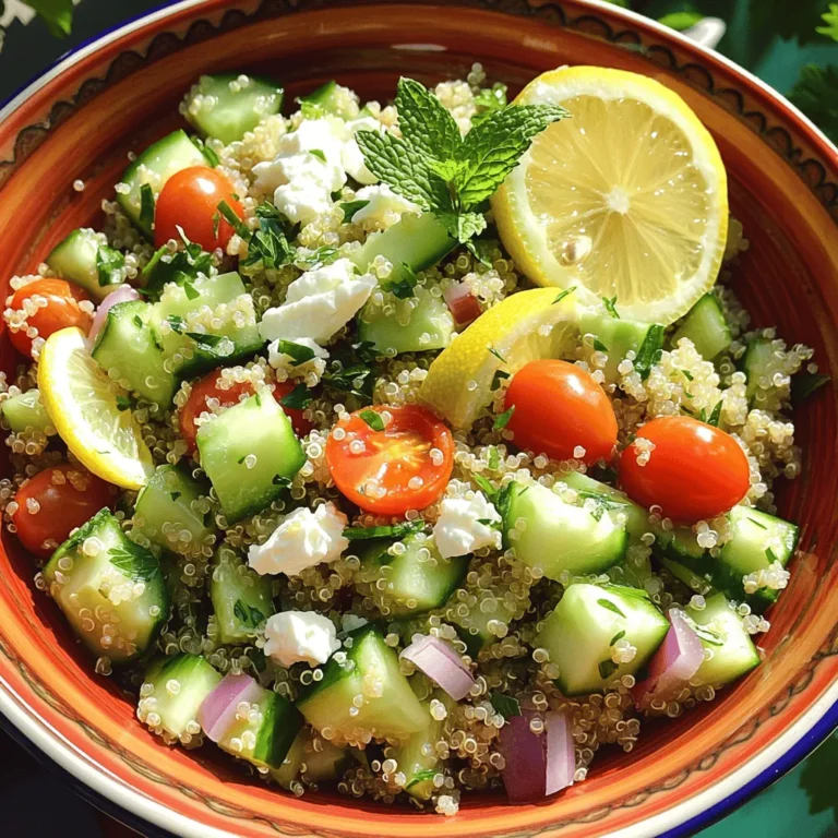 To make Lemon Herb Quinoa Salad, gather these fresh ingredients: - 1 cup quinoa - 2 cups vegetable broth (or water) - 1 large cucumber, diced - 1 cup cherry tomatoes, halved - 1/2 red onion, finely chopped - 1 cup fresh parsley, chopped - 1/2 cup fresh mint, chopped - 1/4 cup olive oil - Juice of 2 lemons - Salt and pepper to taste - 1/4 cup feta cheese, crumbled (optional) Quinoa is a great base for this salad. It is high in protein and fiber. This makes it filling and good for your health. The cucumber adds crunch and hydration. It is low in calories and high in water. Cherry tomatoes are sweet and rich in vitamins. They provide antioxidants. Fresh parsley and mint boost flavor and freshness. They also offer vitamins and minerals. Olive oil is a healthy fat. It helps keep your heart healthy. Lastly, feta cheese adds a creamy touch. It gives protein and calcium but can be skipped if you want a lighter dish. You can make this salad even more exciting with some add-ins. Consider diced bell peppers for extra crunch and color. You can add chickpeas for more protein. Avocado brings creaminess and healthy fats. If you like heat, try adding jalapeños. Nuts, like almonds or walnuts, give a nice crunch. Dried fruits, such as cranberries or raisins, add sweetness. Feel free to mix and match these options to suit your taste. For the full recipe, check out the detailed preparation steps! Start by rinsing the quinoa. Use a fine-mesh sieve. This helps remove any bitterness. Next, chop the cucumber, cherry tomatoes, red onion, parsley, and mint. Aim for even sizes to make the salad look nice. In a medium saucepan, combine the rinsed quinoa and vegetable broth. Bring it to a boil. Once boiling, reduce the heat to low. Cover and let it simmer for about 15 minutes. Check that all the liquid is absorbed. Remove it from heat and let it sit covered for another 5 minutes. Fluff the quinoa with a fork. Allow it to cool before mixing it with the vegetables. In a large bowl, mix the diced cucumber, halved tomatoes, chopped onion, parsley, and mint. Pour the olive oil and lemon juice over the vegetables. Add salt and pepper to taste. Once the quinoa is cool, add it to the bowl. Toss everything together gently. If you like feta cheese, sprinkle it on top. Serve the salad in a large bowl or on individual plates. For a fun twist, use mason jars for a portable option. Check the [Full Recipe] for more details! You can easily adapt this salad to fit many diets. For a gluten-free meal, ensure your quinoa is certified gluten-free. To make it vegan, simply skip the feta cheese or use a plant-based alternative. If you want more protein, add chickpeas or black beans. For those who avoid oil, replace olive oil with an avocado or a nut butter dressing. This salad is flexible to meet everyone’s needs. Many people forget to rinse quinoa before cooking. Rinsing removes a bitter coating called saponin. Another mistake is overcooking the quinoa. Cook it just until it absorbs all the liquid. Letting it sit too long after cooking can make it mushy. Also, don’t skip the seasoning. Salt and lemon juice are key for flavor. Always taste before serving and adjust as needed. To make your salad shine, focus on fresh herbs. Fresh parsley and mint add bright notes. The lemon juice gives it a zesty kick, so don’t hold back. A good balance of oil and acid is important too. Use a 3:1 ratio of oil to lemon juice for a rich dressing. Lastly, let the salad sit for a bit before serving. This helps all the flavors blend nicely. For the full recipe, check out the detailed instructions above. {{image_2}} You can make this Lemon Herb Quinoa Salad your own. Try adding different veggies, nuts, or seeds. For a nutty taste, toss in some chopped almonds or walnuts. Want a spicy kick? Add diced jalapeños or a sprinkle of red pepper flakes. Swap the cucumbers for bell peppers or zucchini for a refreshing twist. If you enjoy a sweet touch, add diced apples or grapes. The options are endless! This salad shines in every season. In spring, add fresh asparagus or peas for a vibrant touch. Summer calls for juicy peaches or corn to enhance its freshness. In fall, consider roasted butternut squash or cranberries for warmth and color. Winter can bring in roasted root veggies like sweet potatoes or carrots. Each season offers unique flavors that keep this salad exciting. Pairing the salad with protein boosts its nutrition. Grilled chicken or shrimp works well on warm days. For a vegetarian option, try chickpeas or black beans. You can also add grilled tofu for a plant-based protein source. If you enjoy seafood, consider smoked salmon or canned tuna. Each choice adds flavor and makes this dish a complete meal. For the full recipe, check out [Full Recipe]. After enjoying your Lemon Herb Quinoa Salad, store any leftovers in an airtight container. This keeps the salad fresh and tasty. Make sure the salad cools down to room temperature first. If you have extra dressing, store it separately. This way, it won’t make the salad soggy. The salad stays fresh in the fridge for about 3 to 5 days. Keep it in the airtight container. Check for any signs of spoilage before eating. If the salad looks or smells off, it’s time to toss it. Always trust your senses when it comes to food safety. You can freeze the salad for longer storage, but it may change the texture. To freeze, pack the salad in a freezer-safe container. Leave some space at the top for expansion. It’s best to eat the frozen salad within 1 to 2 months. To enjoy, thaw it in the fridge overnight or at room temperature. Keep in mind that fresh herbs may lose flavor, but the taste will still be good. For more tips, check the Full Recipe. To cook quinoa properly, start by rinsing it in cold water. This step removes any bitter taste. Next, combine one cup of rinsed quinoa with two cups of vegetable broth or water in a pot. Bring it to a boil. Then turn down the heat, cover it, and let it simmer for about 15 minutes. Once the liquid is gone, remove it from heat. Let it sit covered for another five minutes. Finally, fluff it with a fork. This method gives you light and fluffy quinoa. Yes, you can make Lemon Herb Quinoa Salad ahead of time. In fact, it tastes even better after chilling in the fridge for a few hours. Just follow the recipe as directed and let the salad cool completely. Then, store it in an airtight container. This way, the flavors blend well. You can prepare it a day in advance. Just give it a good toss before serving. If you want to replace feta cheese, try these options. Crumbled goat cheese works well with a similar tang. For a dairy-free option, use almond feta or tofu feta. You can also try nutritional yeast for a cheesy flavor without dairy. Each substitute gives a unique twist to the salad. Choose one that fits your taste or diet. This blog post covers all you need to know about quinoa salad. We explored key ingredients, their health benefits, and ways to customize the dish. You learned the step-by-step process for cooking and assembling it. Tips help you avoid common mistakes and enhance the flavor. We discussed variations to keep it fresh and exciting all year. Lastly, proper storage ensures your salad stays tasty for longer. Enjoy creating your perfect quinoa salad!