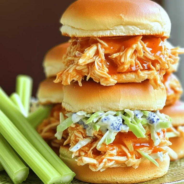 To make tasty Buffalo Chicken Sliders, you need these key ingredients: - 1 lb (450g) shredded rotisserie chicken - 1/2 cup buffalo sauce (adjust based on heat preference) - 1/4 cup ranch dressing - 8 slider rolls (mini burger buns) - 1/2 cup blue cheese crumbles (or feta for a milder taste) - 1 cup coleslaw (store-bought or homemade) - 1 tablespoon olive oil - Fresh celery sticks for garnish - Salt and pepper to taste You can swap out some ingredients for your taste or diet. - Use shredded chicken breast instead of rotisserie for a leaner option. - Choose a spicy or mild buffalo sauce based on your heat level. - You can replace ranch dressing with Greek yogurt for a healthier twist. - If you dislike blue cheese, try feta or omit it altogether. - For a gluten-free option, use gluten-free slider rolls. When picking ingredients, freshness matters. - Look for rotisserie chicken that is moist and flavorful. - Choose buffalo sauce that has a good balance of heat and flavor. - Select fresh herbs and vegetables to add brightness to your dish. - If making coleslaw, use crisp cabbage and fresh dressing for crunch. - Always taste as you go; adjust flavors to fit your palate. These tips ensure your Buffalo Chicken Sliders shine with flavor and freshness. For the full recipe, check out the instructions above. First, gather all your ingredients. You will need shredded chicken, buffalo sauce, ranch dressing, and slider rolls. In a medium bowl, mix the chicken with the buffalo sauce. Add salt and pepper to taste. Stir until the chicken is coated well. Next, make the creamy sauce. In a small bowl, mix the ranch dressing with blue cheese crumbles. Ensure it's well combined. This sauce adds a nice twist to your sliders. Heat a skillet over medium heat. Add olive oil and let it warm up. Once hot, add the buffalo chicken mixture. Cook for 4-5 minutes. Stir occasionally until the chicken is warmed. While the chicken heats, prepare your slider rolls. Cut them in half. Toast them until golden brown. You can use a grill pan or toaster oven for this. Now, assemble the sliders. On the bottom half of each roll, add the buffalo chicken. Top it with the creamy sauce and a small scoop of coleslaw. Finally, place the top half of the roll on each slider. If you like, cut each slider in half for easier handling. Serve with fresh celery sticks for added crunch. - Prepare the chicken: 5 minutes - Make the creamy sauce: 2 minutes - Heat the chicken: 4-5 minutes - Toast the rolls: 3-4 minutes - Assemble the sliders: 3 minutes Total cooking time is about 25 minutes. - Medium bowl for mixing - Small bowl for the sauce - Skillet for heating the chicken - Grill pan or toaster oven for toasting - Knife for cutting the rolls - Cutting board for easy prep Using these tools makes the process smooth and fun! Enjoy making these tasty buffalo chicken sliders. For the full details on this recipe, check the Full Recipe section. To make the best buffalo chicken sliders, use shredded rotisserie chicken. It saves time and adds flavor. Mix the chicken with buffalo sauce in a bowl. Adjust the sauce based on your spice level. I like a little heat, but you can tone it down. The creamy sauce is key. Mix ranch dressing with blue cheese in a separate bowl. This adds richness that balances the heat. Always toast the slider rolls; it makes a big difference. Toasting adds a nice crunch that everyone loves. One common mistake is not warming the chicken enough. Make sure to heat it until it’s hot all the way through. Another mistake is using too much sauce. It can make the sliders soggy. Stick to the recipe for the right balance. Also, don't skip the coleslaw. It gives the sliders freshness and a nice crunch. Lastly, avoid overloading the sliders. A little bit of filling goes a long way. Buffalo chicken sliders pair well with fresh celery sticks. They add a nice crunch and help cool your mouth. Serve them with chips for a fun crunch. If you want something healthier, try veggie sticks. You can also offer a side of extra ranch or blue cheese for dipping. Lastly, don’t forget drinks! A cold drink helps balance the heat from the sliders. {{image_2}} You can switch to a vegetarian option easily. Use shredded jackfruit or tempeh to mimic the chicken texture. Toss it in buffalo sauce just like you would the chicken. For a vegan choice, pick a dairy-free ranch dressing. This way, you get the same great taste without meat or dairy. Buffalo chicken sliders can be fun to change up. Try different sauces like barbecue or honey mustard for a twist. You can also add spices. A bit of garlic powder or paprika can boost the flavor. Mix in some hot sauce if you want extra heat. Experiment to find your favorite combo! You can make sliders any size you like. Smaller sliders are perfect for parties. Larger ones work well for a main meal. Stack them high for a fun presentation. Serve them on a big platter with celery sticks on the side. This adds crunch and freshness to your meal. For a full recipe, check out the detailed instructions I provided earlier. To keep your Buffalo Chicken Sliders fresh, store them in an airtight container. Place the sliders in the fridge for up to three days. If you separate the chicken from the buns, it will stay fresh longer. Always let the sliders cool before putting them in the fridge. This helps prevent sogginess. You can freeze leftover buffalo chicken to enjoy later. Place the chicken in a freezer-safe bag or container. It can last up to three months in the freezer. Avoid freezing the buns, as they can get mushy. When ready to eat, thaw the chicken overnight in the fridge. To reheat the chicken, use a skillet or microwave. If using a skillet, heat it on medium and stir the chicken until warm. This takes about 5 minutes. In the microwave, place the chicken in a bowl and cover it. Heat for one minute, then check and heat more if needed. For the buns, toast them lightly in a toaster or skillet before serving. Enjoy your sliders just like new! Serve Buffalo Chicken Sliders warm. Stack the sliders on a platter. This makes it easy for guests to grab one. You can add a side of celery sticks for crunch. A small bowl of extra ranch dressing also works great for dipping. Yes, you can use different types of chicken. Shredded rotisserie chicken works well, but you can also use cooked chicken breast or thighs. Both options give good flavor. Just make sure to shred or chop the chicken into small pieces for the best texture in your sliders. Great sides include coleslaw, potato chips, or a fresh salad. These sides balance the heat of the sliders. You might also serve carrot sticks and celery for a crunchy option. For drinks, try soda or iced tea to cool the spice. For the full recipe, check out the detailed steps to make Buffalo Chicken Sliders with a Creamy Twist. In this blog post, we explored the key ingredients and cooking steps for Buffalo Chicken Sliders. We talked about ingredient substitutions and tips for choosing the best options. You learned about the cooking process, timing, and tools needed. We covered common mistakes and serving ideas, plus variations for different diets. Lastly, we discussed how to store and reheat leftovers. Now, you're ready to make these sliders a hit at your next meal. Enjoy cooking!