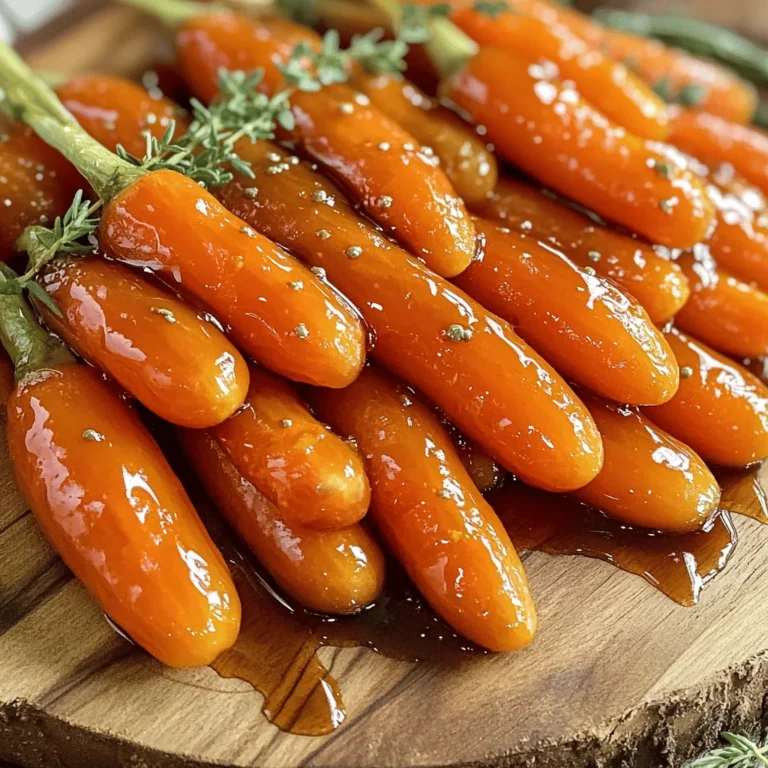 In this vibrant dish, maple mustard glazed carrots shine as a delightful side. The blend of sweet maple and tangy mustard makes them irresistible. The full recipe for maple mustard glazed carrots is simple and quick. You will need only a few fresh ingredients. With just 10 minutes of prep time, you can enjoy this tasty dish in about 30 minutes. To make this side dish, gather these ingredients: - 1 lb (450g) baby carrots, peeled - 3 tablespoons pure maple syrup - 2 tablespoons Dijon mustard - 1 tablespoon olive oil - 1 tablespoon apple cider vinegar - 1 teaspoon garlic powder - Salt and pepper to taste - 1 tablespoon fresh thyme, finely chopped (optional) These ingredients create a sweet and savory flavor that pairs well with many main dishes. If you cannot find baby carrots, regular carrots work just fine. Cut them into similar-sized pieces for even cooking. You can replace Dijon mustard with whole grain mustard for extra texture. If maple syrup is not available, honey or agave syrup can work as sweeteners. Lastly, for a vegan option, just use maple syrup and skip the optional thyme. Start by washing and peeling the baby carrots. This helps them cook evenly. Measure out your ingredients. You need: - 1 lb (450g) baby carrots, peeled - 3 tablespoons pure maple syrup - 2 tablespoons Dijon mustard - 1 tablespoon olive oil - 1 tablespoon apple cider vinegar - 1 teaspoon garlic powder - Salt and pepper to taste - 1 tablespoon fresh thyme, finely chopped (optional) Preheat your oven to 400°F (200°C). This step warms the oven for roasting. In a mixing bowl, combine the maple syrup, Dijon mustard, olive oil, apple cider vinegar, garlic powder, salt, and pepper. Whisk until the mix is smooth. Place the peeled carrots on a baking sheet lined with parchment paper. Pour the maple mustard mixture over the carrots. Make sure they are well coated. Spread the carrots out in a single layer on the baking sheet for even cooking. Roast the carrots in the preheated oven for 20-25 minutes. Stir the carrots halfway to help them cook evenly. They are done when they are tender and caramelized. If you use fresh thyme, add it in the last 5 minutes for extra flavor. Remove from the oven and let cool slightly before serving. You can find the full recipe in the previous section. To get the best results, follow these tips: - Cut uniform pieces: If you're using larger carrots, cut them into similar sizes. This helps them cook at the same rate. - Use parchment paper: It keeps the carrots from sticking and makes cleanup easier. - Don’t crowd the pan: Leave space between the carrots. This allows heat to circulate and roast them evenly. To get the best glaze on your carrots, start with fresh baby carrots. They cook evenly and have a great flavor. When prepping, peel them to remove any dirt. This helps the glaze stick better. Make sure to coat the carrots well with your maple mustard mix. Use a large bowl to toss them. A good coat means more flavor! You can boost the taste of your glazed carrots easily. Try adding a pinch of cayenne pepper for a little heat. This complements the sweetness of the maple syrup. Fresh herbs like rosemary or dill work well too. They add a nice, earthy touch. If you want more tang, swap out the apple cider vinegar for lemon juice. This gives a bright note to each bite. For a stunning dish, serve your glazed carrots on a nice platter. Arrange them in a fan shape for visual appeal. A sprinkle of fresh thyme on top adds color and a lovely scent. You can also drizzle extra maple syrup for shine. This small touch makes the dish look even more inviting. Use a colorful napkin to brighten up your table. Your guests will love the look and taste of these carrots! For full details on how to create this dish, refer to the Full Recipe. {{image_2}} You can make maple mustard glazed carrots even better by adding herbs or spices. Fresh thyme adds a nice touch of flavor. You can also try rosemary or dill for a different taste. If you want some heat, add a pinch of cayenne pepper. This will give your dish a fun kick! If you want to change things up, you can use other sweeteners. Honey works great if you don't mind using animal products. Agave nectar is a vegan choice that adds sweetness. You can even use brown sugar for a deeper flavor. Each sweetener gives a unique taste, so feel free to experiment. This recipe is already quite flexible! For a vegan option, just stick to the maple syrup. It’s naturally sweet and plant-based. If you need it gluten-free, check that your mustard is gluten-free. Most Dijon mustard brands are safe. This way, everyone can enjoy these tasty carrots! After enjoying your maple mustard glazed carrots, you might have some leftovers. First, let the carrots cool to room temperature. Then, place them in an airtight container. This helps keep them fresh. Store the container in the fridge. These carrots can last about 3 to 5 days. If you want to keep them longer, freezing is a great option. Start by cooling the glazed carrots completely. Next, place them in a freezer-safe bag. Remove as much air as possible before sealing. You can freeze them for up to 3 months. When ready to eat, thaw them in the fridge overnight. When it’s time to reheat, use the oven for the best results. Preheat your oven to 350°F (175°C). Spread the carrots on a baking sheet. Heat for about 10-15 minutes until warm. You can also use the microwave. Just place the carrots in a safe dish and heat for 1-2 minutes. Stir halfway through for even warming. Enjoy your tasty side dish again! Yes, you can use regular carrots. Just peel and cut them into sticks. Aim for a size similar to baby carrots. This helps them cook evenly. Regular carrots offer a richer flavor. You can store glazed carrots in the fridge for about three to five days. Keep them in an airtight container. Make sure they cool down before sealing. This keeps them fresh and tasty for later meals. Serve these glazed carrots as a side dish with chicken or fish. They also pair well with grains like rice or quinoa. For a colorful plate, add a salad or roasted veggies. If you want a special touch, garnish with fresh herbs or a sprinkle of nuts. To sum up, we explored the simple recipe for maple mustard glazed carrots. You learned about the key ingredients, preparation steps, and cooking process. We covered tips for roasting and enhancing flavors. You also discovered fun variations and storage solutions. I hope this guide helps you make delicious glazed carrots at home. Enjoy your cooking and let those flavors shine!