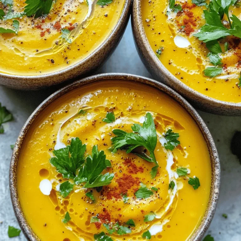 To make a warm and tasty vegan pumpkin soup, gather these essential ingredients: - 1 medium pumpkin (about 3-4 pounds), peeled, seeded, and cubed - 1 large onion, chopped - 3 cloves garlic, minced - 2 carrots, diced - 1 celery stalk, diced - 4 cups vegetable broth - 1 can (400ml) coconut milk - 1 teaspoon ground cumin - 1/2 teaspoon ground nutmeg - 1 teaspoon smoked paprika - 2 tablespoons olive oil - Salt and pepper to taste Each of these ingredients plays a key role. The pumpkin gives the soup its creamy base. The onion and garlic add depth. Carrots and celery provide sweetness and texture. Coconut milk makes it rich and smooth. You can make your soup even better with some optional garnishes: - Fresh parsley or cilantro for a pop of color - A drizzle of extra coconut milk for creaminess - A sprinkle of smoked paprika for added flavor These garnishes not only enhance the look but also boost taste. Choosing the right pumpkin is crucial. Look for these signs: - A firm skin without soft spots or bruises - A deep, rich color, often orange - Heavy for its size, which indicates good flesh If you can, pick a sugar pumpkin. They are sweeter and work best for soups. Always check your local farmer's market for the freshest options. For the full recipe, refer to the Cozy Autumn Vegan Pumpkin Soup. Start by peeling and seeding your pumpkin. Cut it into small cubes. This makes the pumpkin cook faster and blend better. Next, chop your onion and dice the carrots and celery. These veggies add sweetness and depth to the soup. In a large pot, heat the olive oil over medium heat. Add the chopped onion, carrots, and celery. Sauté for about 5-7 minutes. You want the veggies soft and the onion clear. Then, add the minced garlic, cumin, nutmeg, and smoked paprika. This mix will fill your kitchen with a warm, inviting scent. Cook for one more minute. Now, add the cubed pumpkin to the pot. Pour in the vegetable broth and bring everything to a boil. Lower the heat and let it simmer for 20-25 minutes. You want the pumpkin to be soft. After that, use an immersion blender to purée the soup until it’s smooth. If you don’t have one, carefully transfer the soup to a blender in small batches. Stir in the coconut milk. Then, season with salt and pepper to taste. Heat the soup for 5 more minutes. This step lets all the flavors mix well. Serve hot, garnished with fresh parsley or cilantro. For a special touch, drizzle extra coconut milk on top. For the full recipe, check out the Cozy Autumn Vegan Pumpkin Soup. To make your vegan pumpkin soup stand out, you can add extra spices. Try adding fresh ginger for a zing. You can also use fresh herbs like thyme or sage. These herbs pair well with pumpkin and add depth. Don’t forget to taste as you go. This way, you can adjust the seasoning to your liking. If you want a bit of heat, add a dash of cayenne pepper or red pepper flakes. A squeeze of lime juice just before serving can brighten the flavors. One common mistake is not cooking the vegetables long enough. Make sure your onion is soft and translucent. This step builds a great base flavor. Another mistake is blending the soup too soon. Ensure the pumpkin is fully tender for a smooth texture. Also, avoid adding coconut milk too early. Add it at the end to keep its creamy quality. Lastly, don’t skip the seasoning. Salt and pepper are key to enhancing the taste of your soup. For a cozy meal, serve the soup with crusty bread or a fresh salad. A simple green salad with lemon vinaigrette complements the soup well. You can also add roasted seeds on top for crunch. They add flavor and texture, making the dish more satisfying. If you want to impress, drizzle extra coconut milk on top before serving. This not only looks nice but adds creaminess. You can find the full recipe to guide you through the process. {{image_2}} You can make your vegan pumpkin soup smooth or chunky. For a creamy soup, blend all the ingredients until they are velvety. This gives you a rich texture that feels cozy. If you prefer some bite, reserve a cup of pumpkin cubes. Add them back after blending for a nice contrast. Feel free to switch ingredients to match your taste. You can use sweet potatoes or butternut squash instead of pumpkin. Both give a sweet flavor. Try adding red lentils for protein and a thicker base. If you want a spicy kick, add cayenne pepper or chili flakes. Coconut milk can be swapped for almond or cashew milk if you prefer a nutty taste. This soup is great for any season. In fall, add roasted apples for sweetness. In winter, stir in kale or spinach for color and nutrients. Spring brings fresh herbs like basil or mint. Summer is perfect for adding grilled corn for a smoky flavor. Each variation makes the soup feel new and exciting. For the full recipe, check the details above! After you enjoy your vegan pumpkin soup, let it cool down. Pour the soup into an airtight container. Make sure the lid seals tightly. Store it in the fridge for up to 4 days. This keeps the soup fresh and tasty. When it’s time to eat again, you have a few choices. You can reheat the soup in a pot on the stove. Just heat it over medium heat, stirring often. This warms the soup evenly. You can also use a microwave. Pour the soup into a microwave-safe bowl. Heat it in short bursts, stirring between each. This helps avoid hot spots. If you want to save the soup for later, freezing works well. Use freezer-safe containers or bags. Leave some space at the top for expansion. Label your containers with the date. The soup can last for up to 3 months in the freezer. To thaw, move the soup to the fridge overnight before reheating. For the full recipe, check out the Cozy Autumn Vegan Pumpkin Soup! Yes, you can use canned pumpkin. It saves time and is still tasty. Canned pumpkin is smooth and ready to use. Just replace fresh pumpkin with an equal amount of canned. This makes your soup quick and easy to prepare. This vegan pumpkin soup is packed with nutrients. Pumpkins are high in vitamin A, which helps your eyes. They also have fiber, which aids digestion. Coconut milk adds healthy fats that keep you full. Onions and garlic boost your immune system too. Enjoying this soup can help you stay healthy! To spice up your soup, add more smoked paprika or cumin. You can also stir in cayenne pepper for heat. If you like, add fresh chili peppers. Start with a small amount, then taste and adjust as needed. This way, you control the spice level. Yes, this vegan pumpkin soup is gluten-free. All the ingredients are naturally free from gluten. Using vegetable broth ensures it stays gluten-free. So, you can enjoy this soup safely if you are gluten-sensitive. In this blog post, I covered how to make vegan pumpkin soup from scratch. We explored essential ingredients, step-by-step instructions, and tips to boost flavor. I shared ways to customize the soup and how to store leftovers properly. Remember, choosing fresh pumpkin can make a big difference in taste. Use these recipes and tips to create a soup that warms your heart. Enjoy your cooking journey and share your favorite versions with friends!