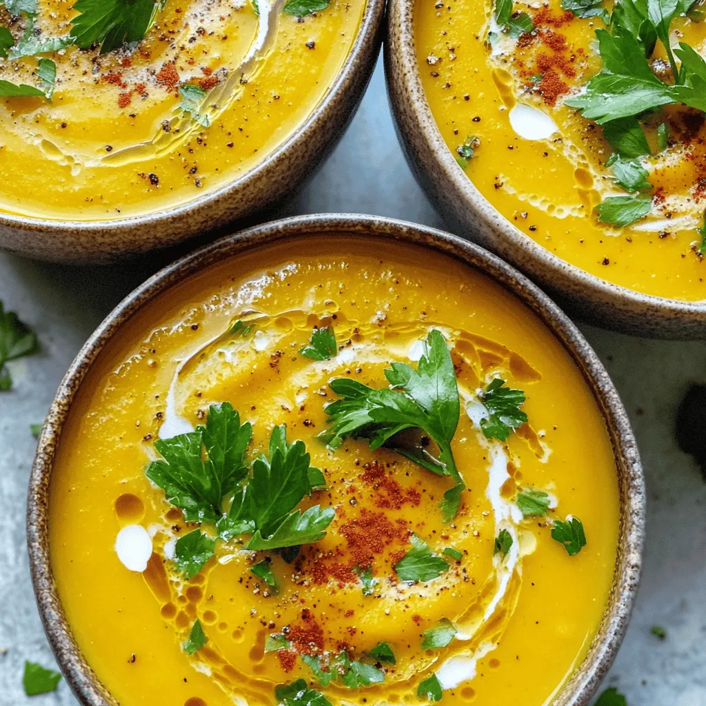To make a warm and tasty vegan pumpkin soup, gather these essential ingredients: - 1 medium pumpkin (about 3-4 pounds), peeled, seeded, and cubed - 1 large onion, chopped - 3 cloves garlic, minced - 2 carrots, diced - 1 celery stalk, diced - 4 cups vegetable broth - 1 can (400ml) coconut milk - 1 teaspoon ground cumin - 1/2 teaspoon ground nutmeg - 1 teaspoon smoked paprika - 2 tablespoons olive oil - Salt and pepper to taste Each of these ingredients plays a key role. The pumpkin gives the soup its creamy base. The onion and garlic add depth. Carrots and celery provide sweetness and texture. Coconut milk makes it rich and smooth. You can make your soup even better with some optional garnishes: - Fresh parsley or cilantro for a pop of color - A drizzle of extra coconut milk for creaminess - A sprinkle of smoked paprika for added flavor These garnishes not only enhance the look but also boost taste. Choosing the right pumpkin is crucial. Look for these signs: - A firm skin without soft spots or bruises - A deep, rich color, often orange - Heavy for its size, which indicates good flesh If you can, pick a sugar pumpkin. They are sweeter and work best for soups. Always check your local farmer's market for the freshest options. For the full recipe, refer to the Cozy Autumn Vegan Pumpkin Soup. Start by peeling and seeding your pumpkin. Cut it into small cubes. This makes the pumpkin cook faster and blend better. Next, chop your onion and dice the carrots and celery. These veggies add sweetness and depth to the soup. In a large pot, heat the olive oil over medium heat. Add the chopped onion, carrots, and celery. Sauté for about 5-7 minutes. You want the veggies soft and the onion clear. Then, add the minced garlic, cumin, nutmeg, and smoked paprika. This mix will fill your kitchen with a warm, inviting scent. Cook for one more minute. Now, add the cubed pumpkin to the pot. Pour in the vegetable broth and bring everything to a boil. Lower the heat and let it simmer for 20-25 minutes. You want the pumpkin to be soft. After that, use an immersion blender to purée the soup until it’s smooth. If you don’t have one, carefully transfer the soup to a blender in small batches. Stir in the coconut milk. Then, season with salt and pepper to taste. Heat the soup for 5 more minutes. This step lets all the flavors mix well. Serve hot, garnished with fresh parsley or cilantro. For a special touch, drizzle extra coconut milk on top. For the full recipe, check out the Cozy Autumn Vegan Pumpkin Soup. To make your vegan pumpkin soup stand out, you can add extra spices. Try adding fresh ginger for a zing. You can also use fresh herbs like thyme or sage. These herbs pair well with pumpkin and add depth. Don’t forget to taste as you go. This way, you can adjust the seasoning to your liking. If you want a bit of heat, add a dash of cayenne pepper or red pepper flakes. A squeeze of lime juice just before serving can brighten the flavors. One common mistake is not cooking the vegetables long enough. Make sure your onion is soft and translucent. This step builds a great base flavor. Another mistake is blending the soup too soon. Ensure the pumpkin is fully tender for a smooth texture. Also, avoid adding coconut milk too early. Add it at the end to keep its creamy quality. Lastly, don’t skip the seasoning. Salt and pepper are key to enhancing the taste of your soup. For a cozy meal, serve the soup with crusty bread or a fresh salad. A simple green salad with lemon vinaigrette complements the soup well. You can also add roasted seeds on top for crunch. They add flavor and texture, making the dish more satisfying. If you want to impress, drizzle extra coconut milk on top before serving. This not only looks nice but adds creaminess. You can find the full recipe to guide you through the process. {{image_2}} You can make your vegan pumpkin soup smooth or chunky. For a creamy soup, blend all the ingredients until they are velvety. This gives you a rich texture that feels cozy. If you prefer some bite, reserve a cup of pumpkin cubes. Add them back after blending for a nice contrast. Feel free to switch ingredients to match your taste. You can use sweet potatoes or butternut squash instead of pumpkin. Both give a sweet flavor. Try adding red lentils for protein and a thicker base. If you want a spicy kick, add cayenne pepper or chili flakes. Coconut milk can be swapped for almond or cashew milk if you prefer a nutty taste. This soup is great for any season. In fall, add roasted apples for sweetness. In winter, stir in kale or spinach for color and nutrients. Spring brings fresh herbs like basil or mint. Summer is perfect for adding grilled corn for a smoky flavor. Each variation makes the soup feel new and exciting. For the full recipe, check the details above! After you enjoy your vegan pumpkin soup, let it cool down. Pour the soup into an airtight container. Make sure the lid seals tightly. Store it in the fridge for up to 4 days. This keeps the soup fresh and tasty. When it’s time to eat again, you have a few choices. You can reheat the soup in a pot on the stove. Just heat it over medium heat, stirring often. This warms the soup evenly. You can also use a microwave. Pour the soup into a microwave-safe bowl. Heat it in short bursts, stirring between each. This helps avoid hot spots. If you want to save the soup for later, freezing works well. Use freezer-safe containers or bags. Leave some space at the top for expansion. Label your containers with the date. The soup can last for up to 3 months in the freezer. To thaw, move the soup to the fridge overnight before reheating. For the full recipe, check out the Cozy Autumn Vegan Pumpkin Soup! Yes, you can use canned pumpkin. It saves time and is still tasty. Canned pumpkin is smooth and ready to use. Just replace fresh pumpkin with an equal amount of canned. This makes your soup quick and easy to prepare. This vegan pumpkin soup is packed with nutrients. Pumpkins are high in vitamin A, which helps your eyes. They also have fiber, which aids digestion. Coconut milk adds healthy fats that keep you full. Onions and garlic boost your immune system too. Enjoying this soup can help you stay healthy! To spice up your soup, add more smoked paprika or cumin. You can also stir in cayenne pepper for heat. If you like, add fresh chili peppers. Start with a small amount, then taste and adjust as needed. This way, you control the spice level. Yes, this vegan pumpkin soup is gluten-free. All the ingredients are naturally free from gluten. Using vegetable broth ensures it stays gluten-free. So, you can enjoy this soup safely if you are gluten-sensitive. In this blog post, I covered how to make vegan pumpkin soup from scratch. We explored essential ingredients, step-by-step instructions, and tips to boost flavor. I shared ways to customize the soup and how to store leftovers properly. Remember, choosing fresh pumpkin can make a big difference in taste. Use these recipes and tips to create a soup that warms your heart. Enjoy your cooking journey and share your favorite versions with friends!