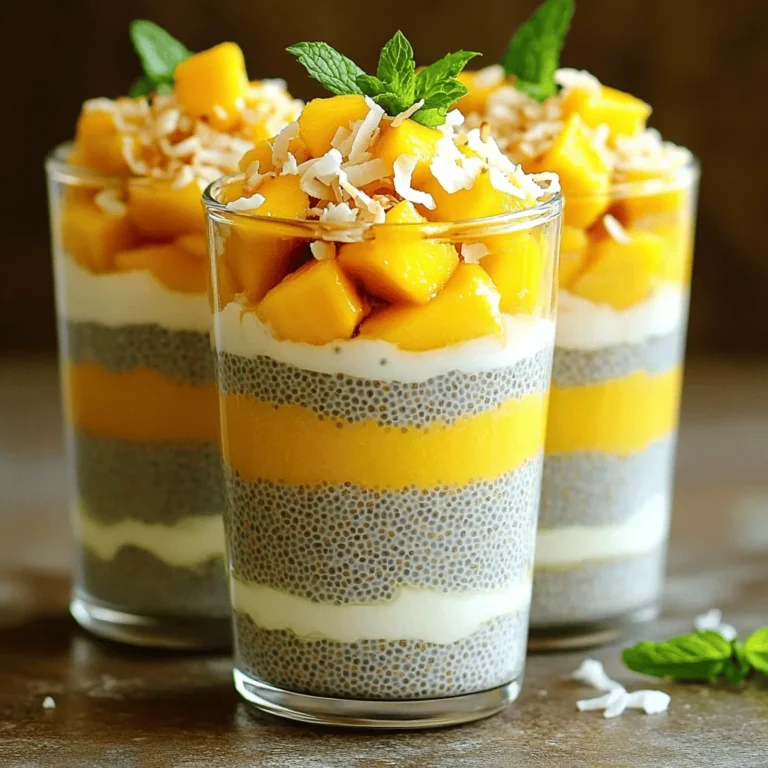 To make a delicious Coconut Mango Chia Pudding, you need a few simple ingredients. Here’s the list: - 1 cup coconut milk - 1/2 cup almond milk - 1/4 cup chia seeds - 2 tablespoons maple syrup (or honey) - 1 ripe mango, diced - 1 teaspoon vanilla extract - A pinch of salt - Toasted coconut flakes (for garnish) - Fresh mint leaves (for garnish) These ingredients work together to create a dish that is creamy, sweet, and bursting with flavor. The coconut milk gives it a rich taste, while the almond milk adds a nice texture. Chia seeds are the star here; they soak up the liquid and get nice and thick. I love using ripe mango because it brings a fresh, tropical twist. It balances well with the creaminess of the coconut. The maple syrup or honey adds just the right touch of sweetness. Don’t forget the toasted coconut flakes and fresh mint leaves! They add a lovely crunch and a pop of color to your pudding. For the full recipe, check the section above. Enjoy making this treat! - Combine 1 cup coconut milk, 1/2 cup almond milk, and 1 teaspoon vanilla extract. - Add 2 tablespoons maple syrup and a pinch of salt. Mix well. - Stir in 1/4 cup chia seeds. Ensure they are fully submerged in the liquid. - Cover the bowl with plastic wrap. You can also use mason jars. - Refrigerate for a minimum of 4 hours or overnight. This helps thicken the pudding. - Before serving, stir the pudding well to combine. - Spoon into bowls and layer with diced mango. Garnish with toasted coconut and fresh mint. This Coconut Mango Chia Pudding is a delicious and healthy treat. For the full recipe, check out the earlier section. Mixing chia seeds well is key. When you add them to the liquid, stir until they are fully submerged. This step prevents clumping and ensures an even texture. I recommend soaking the seeds for at least four hours. If you can, let them soak overnight. This gives the seeds time to swell and create that creamy texture we love. Use clear glasses for your pudding. This way, you can show off the beautiful layers. Layer the chia pudding and mango for a colorful dish. It makes the dessert look more appealing and fun to eat. Top it with more mango and a sprinkle of toasted coconut. A few mint leaves add a nice touch too. You can adjust the sweetness to fit your taste. If you want it sweeter, add more maple syrup or honey. You can also try using agave syrup or stevia for a different flavor. Each sweetener brings its own twist, so feel free to experiment. Just remember to taste as you go. This way, you’ll make the pudding just right for you. For the full recipe, check out the steps above. {{image_2}} You can mix your chia pudding with many fruits. Here are some great options: - Berries (like strawberries, blueberries, or raspberries) - Peaches or nectarines in summer - Apples or pears in fall - Bananas for a creamy texture Seasonal fruits add freshness and color. Try using what is ripe and local. This way, you get the best taste while supporting local farmers. If you want to skip coconut and almond milk, there are many choices. Here are some great nut milk options: - Cashew milk for creaminess - Oat milk for a smooth texture - Rice milk for a lighter option Each milk gives your pudding a unique flavor. Experiment to find your favorite mix! Adding spices can make your chia pudding special. Consider these: - A pinch of cinnamon for warmth - A touch of nutmeg for a cozy flavor You can also infuse your pudding with coconut extract. This will boost the coconut taste and make it even more tropical! To keep your coconut mango chia pudding fresh, store it in the fridge. Use clean, airtight containers like mason jars or plastic tubs. This keeps out air and moisture. Make sure to cover the pudding tightly. If you use a bowl, cover it with plastic wrap. This helps prevent the pudding from drying out or absorbing other smells. Your chia pudding can stay fresh in the fridge for up to five days. After that, it might lose its texture and flavor. Look for signs of spoilage. If you see mold or the pudding smells sour, it's best to toss it. A change in texture can also mean it's time for a new batch. You can freeze chia pudding if you want to keep it longer. Just pour it into freezer-safe containers. Leave some space at the top for expansion. When you're ready to eat, move it to the fridge to thaw overnight. For a quicker option, you can thaw it in the microwave on low power. Just stir it well after thawing to restore the creamy texture. Enjoy your coconut mango chia pudding anytime! For the full recipe, check out the earlier sections. Yes, you can use flaxseeds as a substitute. Flaxseeds will change the texture. They create a thicker pudding. You can also use hemp seeds, but they don’t gel like chia. This means your pudding will be less thick. Chia seeds have a special ability to absorb liquid and create a gel-like texture. This is why they are so popular in puddings. Coconut Mango Chia Pudding is very healthy. Chia seeds are packed with fiber, protein, and omega-3 fatty acids. This helps keep you full and supports heart health. Coconut milk adds healthy fats, too. It also keeps your skin hydrated. Mango is rich in vitamins A and C, which help your immune system. The combination makes this pudding a nutritious choice. Chia seeds usually take about 4 hours to absorb liquid. This is important for getting the right texture. If you let them soak overnight, they will become even thicker. The seeds swell up and create that creamy, pudding-like consistency. So, plan ahead for the best results! This blog shared a simple and tasty recipe for coconut mango chia pudding. You learned the required ingredients and easy steps to prepare it. I added tips to perfect the texture and enhance the flavor. You also discovered fun variations and how to store leftovers. In conclusion, making chia pudding is quick and rewarding. You can adjust the flavors just how you like. Enjoy your creamy creation whenever you need a sweet treat!