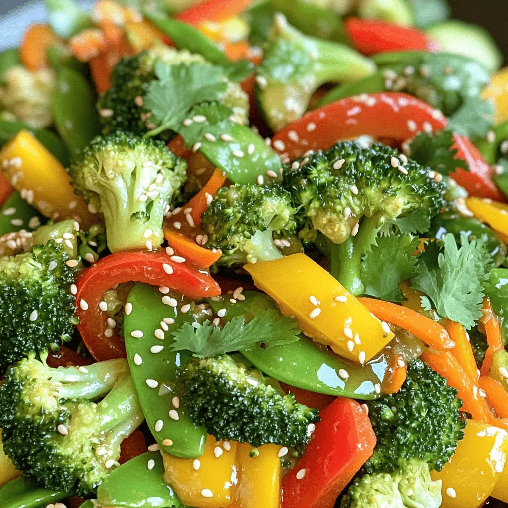- 1 cup broccoli florets - 1 red bell pepper, sliced - 1 yellow bell pepper, sliced - 1 cup snap peas, trimmed - 1 carrot, julienned - 1 zucchini, sliced - 3 cloves garlic, minced - 1 tablespoon ginger, grated - 3 tablespoons soy sauce (or tamari for gluten-free) - 1 tablespoon sesame oil - 1 tablespoon olive oil - 1 teaspoon honey or maple syrup (optional for sweetness) - 1 tablespoon sesame seeds (for garnish) - Fresh cilantro or green onions (for garnish) Gathering fresh veggies is key for this dish. I love the crunch of broccoli and snap peas. The sweet bell peppers add color and flavor. Carrots bring a nice texture, while zucchini gives a soft bite. Garlic and ginger boost the taste. You can use soy sauce for saltiness. I often choose tamari for gluten-free meals. Sesame oil adds a nutty flavor, while olive oil helps with cooking. Honey or maple syrup can sweeten the stir fry. Sesame seeds and herbs finish the dish nicely. Check the Full Recipe for more details on cooking. First, wash and chop your veggies. This keeps everything clean and safe. I like to cut the broccoli into small florets. Slice the bell peppers and zucchini thin. For the carrot, julienne it to allow quick cooking. These steps make cooking faster and easier. If you prep well, you save time when stir-frying. Now, let’s heat the oils. Pour olive oil into your pan over medium-high heat. Once hot, add sesame oil for flavor. These oils help the veggies cook evenly. Next, add the minced garlic and grated ginger. Stir-fry them for about 30 seconds. This step gives a great aroma. Be careful not to burn them, as that can ruin the taste. Start with the harder vegetables first. Add broccoli and carrot to your pan. Stir-fry them for about 2-3 minutes. These need longer to cook. Then, add the softer veggies like bell peppers, zucchini, and snap peas. Stir everything together for another 3-4 minutes. You want them tender yet crisp. Now, it’s time for seasoning. Drizzle soy sauce over the veggies. If you like a little sweetness, add honey or maple syrup. Mix it well to coat all the vegetables. Let it cook for one more minute. When you’re done, remove from heat. Sprinkle sesame seeds on top for crunch. You can also add fresh cilantro or chopped green onions as a garnish. Enjoy your veggie stir fry! Check the [Full Recipe] for more tips. To keep your veggies tender-crisp, cook them for the right time. Aim for about 3-4 minutes of stir-frying. This gives them just enough time to cook without losing crunch. High heat is key here. Use a hot pan to sear the vegetables quickly. This method locks in flavor and keeps them bright. A good wok is the best tool for stir frying. It heats evenly and allows for easy tossing. A large non-stick skillet works well if you don't have a wok. Use a spatula or wooden spoon to stir. Silicone tongs can help you flip veggies without damage. Spices and herbs can boost your stir fry's flavor. Try adding ground black pepper or red pepper flakes for a kick. Fresh herbs like basil or cilantro add brightness. For some heat, consider using fresh chilies or chili paste. These options can transform your dish into a delightful experience. For the complete recipe, check out the Full Recipe section. {{image_2}} You can add protein to your Easy Veggie Stir Fry to make it more filling. Tofu is a great choice for a plant-based option. To prepare it, press the tofu to remove water, then cut it into cubes. Add it when you start cooking the harder veggies. Chicken works well too. Slice it thinly and cook it first, before adding veggies. Shrimp is another tasty option. Just toss it in during the last few minutes of cooking. If you need a soy sauce substitute, try coconut aminos. It adds a nice flavor and is gluten-free. You can also use liquid aminos for a similar taste. For plant-based protein, consider chickpeas or lentils. These add fiber and keep your meal hearty. You can mix them in with the veggies for a boost. To make your dish heartier, add nuts or seeds. Cashews or sesame seeds give a nice crunch. Quinoa or brown rice can also fill you up more. For seasonal veggies, think of what is fresh. In summer, add corn or tomatoes. In fall, try sweet potatoes or squash. Mixing in these veggies keeps your stir fry exciting and new! To store your veggie stir fry, let it cool first. This helps reduce steam and keeps the veggies crisp. Use airtight containers for storage. Glass or BPA-free plastic works best. Store in the fridge for up to three days. Label your containers with the date to keep track. When it’s time to reheat, use a skillet. This method helps keep the texture nice. Heat on medium until warm, stirring gently. You can add a splash of water or soy sauce to help steam it. If using a microwave, cover the dish to trap steam. Heat in short bursts to avoid overcooking. You can freeze stir fry if you want to save some for later. First, cool it completely. Then, place it in a freezer bag. Remove as much air as you can before sealing. It will keep well for up to three months. To thaw, put it in the fridge overnight. Reheat in a skillet for the best texture. To make the perfect Easy Veggie Stir Fry, focus on these key factors: - Use fresh, colorful vegetables. - Cut veggies into similar sizes for even cooking. - Keep your heat high to stir-fry quickly. - Stir constantly to avoid burning. - Add sauces at the right time for best flavor. Start with garlic and ginger, then add harder veggies first. This ensures a nice crunch. Yes, you can use frozen vegetables. Pros: - Convenient and quick to use. - Often pre-washed and cut. Cons: - May lose some texture and taste. - Can be softer when cooked. For a crispy stir fry, fresh veggies work best. But frozen can save time. The best soy sauce for stir fry is a matter of taste. Here are some top picks: - Kikkoman Soy Sauce: A classic choice with a rich flavor. - Tamari: A gluten-free option with great taste. - Low-sodium soy sauce: A healthier choice for less salt. Try different brands to find your favorite for stir-frying. To keep stir fry crisp, follow these tips: - Use high heat to cook quickly. - Don’t overcrowd the pan; stir-fry in batches if needed. - Add sauces at the end, not too early. - Use less water or broth if you add liquid. These steps help keep your veggies crunchy and tasty. You now have all the tools to make a great Easy Veggie Stir Fry. You learned about choosing fresh vegetables, proper cooking techniques, and seasoning. Remember to prep your veggies well, heat your oils correctly, and add them in the right order for the best flavor and texture. Use my tips for cooking and storing leftovers wisely. Experiment with proteins and add-ins to make the dish your own. Now it's time for you to enjoy this fun and tasty meal!