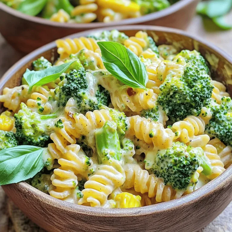 - 300g whole wheat pasta - 200g broccoli florets - 1 cup heavy cream or dairy-free alternative - 1 cup grated Parmesan cheese - 2 cloves garlic, minced - 2 tablespoons olive oil - Salt and pepper to taste - 1 teaspoon lemon zest - 1/4 teaspoon red pepper flakes - Fresh basil leaves for garnish In this recipe, we use simple yet fresh ingredients to bring out the best taste. Whole wheat pasta adds fiber and a nutty flavor. Broccoli is packed with vitamins, making this dish healthy. For the creamy texture, you can choose either heavy cream or a dairy-free cream. Parmesan cheese gives a savory kick. The garlic adds depth. Olive oil is essential for sautéing and adds richness. Don’t forget the salt and pepper to enhance all the flavors. A touch of lemon zest brightens the dish. If you want some heat, add red pepper flakes. Feel free to top it off with fresh basil. It adds a nice touch and aroma. For the full recipe, check the details above. Enjoy cooking! First, grab a large pot and fill it with water. Add a good amount of salt to the water. Bring it to a boil. Once boiling, add 300g of whole wheat pasta. Cook it according to the package instructions until it is al dente. This usually takes around 8 to 10 minutes. Now, here’s a key step: during the last 3 minutes of cooking, toss in 200g of broccoli florets. This way, the broccoli cooks perfectly and stays bright green. When done, reserve 1 cup of pasta water before draining everything. While the pasta and broccoli cook, let’s make the creamy sauce. In a large skillet, heat 2 tablespoons of olive oil over medium heat. Next, add 2 cloves of minced garlic. If you like some heat, add 1/4 teaspoon of red pepper flakes. Sauté the garlic for about 1 minute. You want it fragrant but not browned. Now, lower the heat and pour in 1 cup of heavy cream. Stir in 1 cup of grated Parmesan cheese. Mix until it melts and becomes a smooth sauce. If the sauce looks too thick, use some of that reserved pasta water. Add a little at a time until you reach the right consistency. Once the pasta and broccoli are done, drain them well. Add them to the skillet with the creamy sauce. Toss everything together gently. Make sure the pasta and broccoli are well-coated with the sauce. Now, taste it! You might want to adjust the seasoning with salt, pepper, and even some lemon zest for extra brightness. Serve your creamy broccoli pasta in bowls. If you like, garnish with fresh basil leaves and an extra sprinkle of Parmesan. Enjoy your meal! For the full recipe, check the link above. To make great pasta, start with plenty of salted water. Bring it to a rolling boil. Add your pasta and cook it until it's al dente. This means it should be firm when you bite it. For our creamy broccoli pasta, add broccoli florets in the last 3 minutes of cooking. This keeps them bright and tender. To avoid a lumpy sauce, keep the heat low when adding cream. Stir gently while mixing in the grated Parmesan cheese. If the sauce gets too thick, add a splash of the reserved pasta water. This will help to create a smooth finish. You can add extra flavor with herbs and spices. Consider thyme or oregano for an Italian touch. Fresh basil also works great for a fresh taste. A pinch of nutmeg can add warmth to your sauce. Balancing creaminess with acidity is key. A teaspoon of lemon juice can lift the flavors. This adds brightness without overpowering the dish. Just taste as you go to find the right balance. For a beautiful presentation, serve the pasta in deep bowls. Top it with fresh basil leaves and a sprinkle of Parmesan. This makes the dish look inviting and fresh. Pair creamy broccoli pasta with a simple salad or garlic bread. A light white wine, like Pinot Grigio, complements the flavors well. Enjoy your meal with friends or family for a lovely dinner experience. For the full recipe, check the previous section. {{image_2}} To make your creamy broccoli pasta fit various diets, consider these options: - Gluten-free pasta options: You can use gluten-free pasta made from rice or corn. These alternatives cook well and taste great. - Dairy-free cream substitutes: Use coconut cream or cashew cream. Both give a rich texture without dairy. Enhance your dish by adding proteins or veggies: - Adding proteins: Chicken, shrimp, or tofu work well. Cook them separately and mix them in later. This adds heartiness to your dish. - Incorporating other vegetables: Spinach or peas add color and nutrition. Toss them in during the last few minutes of cooking. Make your pasta special by adding global flavors: - Italian-inspired additions: Stir in pesto for a fresh taste. It adds a burst of flavor and pairs perfectly with broccoli. - A spicy version: Try different chili varieties for heat. You can use jalapeños or red pepper flakes to spice things up. These variations keep your creamy broccoli pasta exciting and delicious. For the full recipe, check out the recipe above! To store leftover creamy broccoli pasta, let it cool first. Place it in an airtight container. Make sure to seal it tightly. Store it in the fridge for up to three days. When reheating, use a skillet over low heat. Add a splash of water or cream to keep it moist. Stir often to warm it evenly. You can also use a microwave. Heat in short bursts, stirring in between. Yes, you can freeze creamy broccoli pasta! To do this, let it cool completely. Then, place it in a freezer-safe container. Use a container that seals well to avoid freezer burn. It will last for about two months. When you are ready to eat, thaw it in the fridge overnight. Reheat it gently on the stove or in the microwave. In the fridge, creamy broccoli pasta lasts for about three days. If you notice any off smells, or if it looks slimy, it’s time to toss it. It’s best to enjoy your pasta fresh for the best taste and texture. Always trust your senses when checking for freshness. To make creamy broccoli pasta vegan, swap some ingredients. Use plant-based pasta instead of regular pasta. Choose a dairy-free cream, like coconut cream or cashew cream. Replace Parmesan cheese with nutritional yeast for a cheesy flavor. You can also try vegan cheese that melts well. This keeps your dish tasty and plant-based. Yes, you can use frozen broccoli. Just make sure to thaw it first. Cook the frozen broccoli in boiling water for about 2 minutes. This helps keep its bright green color and crunch. Add it to the pasta during the last few minutes of cooking. This way, it stays tender yet firm. If you want a lighter sauce, try using vegetable broth. Combine it with a bit of cashew cream or almond milk. You can also use a mix of olive oil and lemon juice for a fresh taste. Another option is to blend cooked cauliflower with garlic for a creamy texture without the heavy cream. This creamy broccoli pasta combines whole wheat pasta, fresh veggies, and a rich sauce. We explored the main ingredients, cooking steps, and ways to enhance flavor. You can customize the dish with proteins and other veggies. For variations, think about gluten-free or vegan options. Lastly, I shared tips on storage to keep your leftovers tasty. With these ideas, you can make a delicious meal every time. Enjoy making this comforting dish at home!