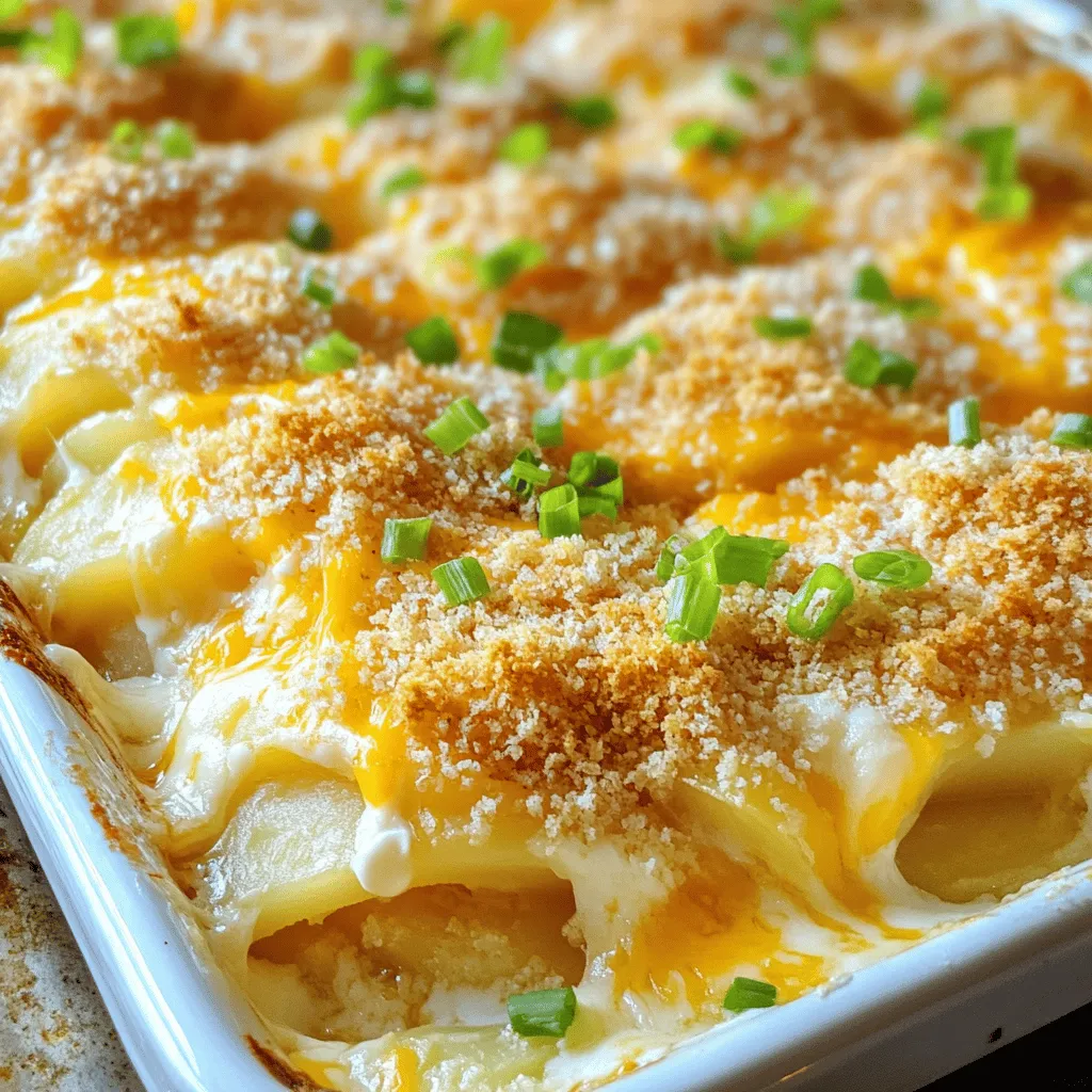 - 4 large russet potatoes, peeled and thinly sliced - 2 cups shredded sharp cheddar cheese - 1 cup sour cream - 1 cup milk - 1/2 cup unsalted butter, melted - 1 teaspoon garlic powder - 1 teaspoon onion powder - 1/2 teaspoon black pepper - 1 teaspoon salt - 1/2 cup green onions, chopped - 1 cup breadcrumbs (for topping) - 1/4 cup grated Parmesan cheese (for topping) Gathering the right ingredients makes a big difference in your dish. I love using russet potatoes for their creamy texture. They hold up well and cook evenly. Sharp cheddar cheese brings a strong flavor that pairs perfectly with the potatoes. Sour cream adds creaminess and a slight tang. For the creamy base, mix the sour cream with milk and melted butter. The garlic and onion powders give it a nice kick. Green onions add color and freshness on top. The breadcrumbs and Parmesan create a crunchy, golden layer that contrasts well with the soft potatoes. - For a dairy-free dish, use plant-based sour cream and cheese. - You can swap russet potatoes for Yukon Gold or red potatoes for different textures. - Try gluten-free breadcrumbs or crushed cornflakes for a crispy topping. These options let you adjust the recipe to fit your needs. Just remember, the key is to keep the flavors balanced. Each ingredient plays a part in making your cheesy potato casserole a true comfort food delight. For the full recipe, check out Cheesy Potato Paradise! 1. Preheat the oven and prepare the baking dish Start by setting your oven to 375°F (190°C). While it heats up, grab a 9x13 inch baking dish. Grease the dish well with cooking spray or butter. This helps prevent sticking. 2. Mixing the sour cream mixture In a large mixing bowl, combine 1 cup of sour cream, 1 cup of milk, and 1/2 cup of melted butter. Add 1 teaspoon of garlic powder, 1 teaspoon of onion powder, 1 teaspoon of salt, and 1/2 teaspoon of black pepper. Whisk until smooth. This mixture brings creamy flavor to your casserole. 1. First layer of potatoes and cheese Place half of the thinly sliced russet potatoes in the greased baking dish. Spread them evenly. Pour half of the sour cream mixture over the potatoes. Then, sprinkle 1 cup of shredded sharp cheddar cheese on top. 2. Second layer of potatoes and cheese Repeat the process. Add the rest of the potatoes, then pour the remaining sour cream mixture over them. Finish with another cup of cheddar cheese. This layering builds rich flavor and gooey texture. 1. Initial baking covered with foil Cover the baking dish with aluminum foil. Bake for 45 minutes. This keeps the moisture in and helps the potatoes cook through. 2. Final baking uncovered for crispy topping After 45 minutes, take off the foil. Sprinkle 1 cup of breadcrumbs and 1/4 cup of grated Parmesan cheese evenly on top. Bake uncovered for another 15-20 minutes. You want the top to be golden brown and crispy. The potatoes should be tender when pierced with a fork. Enjoy your cheesy potato casserole, a comfort food delight that warms the heart! For the full recipe, check the earlier section. To achieve the perfect potato texture, choose russet potatoes. They are starchy and fluffy. Peel and slice them thinly for even cooking. Soak the slices in cold water for 30 minutes. This step removes excess starch and helps them cook better. When layering, make sure each layer is even. This way, every bite has the same cheesy goodness. Cheesy potato casserole pairs well with many sides. A fresh green salad adds a nice crunch. Grilled chicken or pork chops complement the creamy texture too. For garnishing, sprinkle fresh herbs like parsley or chives on top. A dollop of sour cream on each serving adds extra creaminess and looks appealing. You can prepare this casserole in advance. Assemble it the night before and cover it well. When ready to bake, just pop it in the oven. If you need to store it before baking, keep it in the fridge for up to two days. Make sure to cover it tightly with foil. This keeps it fresh and ready to bake. {{image_2}} You can make cheesy potato casserole even better by adding veggies. Broccoli and spinach work great. They add color and nutrients. You can mix them right into the layers. You can also add proteins like bacon or ham. Cook the bacon first, then chop it up. This adds a nice crunch and flavor. Ham gives it a hearty touch. Both options make the dish more filling. The cheese you choose can change the whole dish. Try using mozzarella for a milder taste. Gouda brings a smoky flavor that’s also delicious. Mixing cheeses can create a fun twist too. Spices can take your casserole to the next level. Adding paprika gives a nice warmth. A pinch of cayenne can add heat for those who love spice. Just sprinkle in what you like. You can give your casserole a Mexican twist. Add jalapeños for heat and flavor. Spices like cumin and chili powder can make it exciting. This version is great for taco lovers. For an Italian flair, try adding marinara sauce. Layer it between the potatoes and cheese. This makes the dish saucy and rich. It’s a fun way to change up the classic recipe. For the full recipe, check out Cheesy Potato Paradise! To store leftover casserole, let it cool first. Then, cover it tightly with plastic wrap or aluminum foil. Place it in the fridge. This keeps it fresh for about 3 to 5 days. Always check for any signs of spoilage before using leftovers. You can freeze the casserole before or after baking. If freezing before baking, wrap it tightly to avoid freezer burn. You can bake it directly from frozen. Just add extra time to the baking process. If you freeze it after baking, let it cool completely. Then, store it in an airtight container. To reheat, thaw it in the fridge overnight. Then, bake at 350°F (175°C) until heated through. Watch for signs of spoilage. If the casserole has a strange smell or mold, throw it away. To keep your food safe, store it at the right temperature. Always reheat leftovers to at least 165°F (74°C) before serving. Following these steps helps you enjoy your cheesy potato casserole safely! How long does cheesy potato casserole last in the fridge? Cheesy potato casserole lasts about 3 to 5 days in the fridge. Store it in an airtight container to keep it fresh. For the best taste, eat it within this time. Can I make this recipe dairy-free? Yes, you can. Use dairy-free sour cream and plant-based cheese. Almond, soy, or oat milk works well as substitutes. This way, you can enjoy the dish without dairy. What are some good toppings for cheesy potato casserole? Some tasty toppings include crispy bacon, fresh herbs, or extra cheese. You can also try diced jalapeños for a bit of heat. These options add flavor and texture. What to do if the potatoes are not cooked through? If the potatoes are not cooked, cover the casserole and bake longer. Check every 10 minutes. When they are fork-tender, it is done. How to fix a watery casserole? To fix a watery casserole, drain excess liquid carefully. You can also add more breadcrumbs or cheese to absorb moisture. This will help thicken it up. Is cheesy potato casserole vegetarian? Yes, cheesy potato casserole is vegetarian. It has no meat, making it a great option for those who avoid meat but still want comfort food. Calorie count per serving and tips for making it healthier One serving has about 300 to 400 calories. To make it healthier, use less cheese or replace some potatoes with veggies. You can also use low-fat sour cream and milk. This helps cut calories while keeping flavor. For the full recipe, check out the section above. In this blog post, we covered a delicious cheesy potato casserole. I shared key ingredients, including russet potatoes and sharp cheddar cheese. We also explored substitutes for dietary needs and various cooking techniques to enhance flavor. Remember, you can personalize the casserole with vegetables or proteins. Proper storage is crucial for freshness, so follow the guidelines provided. This dish is simple to make and perfect for gatherings. Enjoy experimenting and making it your own.