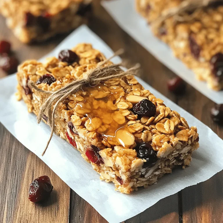 The base of these bars is simple and wholesome. Here are the main ingredients you'll need: - 2 cups rolled oats - 1 cup chopped almonds - 1 cup dried cherries These ingredients bring a great texture and taste. The oats give a hearty feel. Chopped almonds add crunch, while dried cherries offer a sweet and tangy kick. To hold everything together, we need some sweeteners and binders. Grab these: - 1/4 cup honey or maple syrup - 1/4 cup almond butter The honey or maple syrup adds sweetness and moisture. Almond butter acts as a glue, making the bars chewy. A few extra touches will elevate the flavor. Use: - 1/2 teaspoon vanilla extract - 1/2 teaspoon almond extract - 1/4 teaspoon salt Vanilla and almond extracts bring warmth and depth. The salt balances the sweetness, making every bite pop. If you want to mix things up, consider these optional add-ins: - 1/2 cup mini chocolate chips Chocolate chips give a fun twist. They melt slightly, making the bars even more delicious. Now, you have the perfect blend of ingredients for Cherry Almond Granola Bars. For the full recipe, check out the detailed instructions. 1. Preheat your oven to 350°F (175°C). This helps the bars bake evenly. 2. Line an 8x8-inch baking dish with parchment paper. Leave some paper over the sides. This makes removal easier later. 3. In a large bowl, mix together the rolled oats, chopped almonds, and dried cherries. Make sure they are well combined. 1. In a small saucepan, combine the honey or maple syrup, almond butter, vanilla extract, almond extract, and salt. 2. Heat the mixture over low heat. Stir it until smooth and well combined. This helps the flavors mix better. 3. Pour the warm almond mixture over the dry ingredients. Mix well until everything is coated. If you want, fold in mini chocolate chips gently. 1. Transfer the granola mixture into your prepared baking dish. Spread it out evenly. 2. Press down firmly to make sure the bars hold together after baking. This step is key! 3. Bake in the oven for 20 to 25 minutes. Watch for a golden brown color on the edges. 1. Once baked, remove the dish from the oven. Let it cool completely in the pan. 2. Use the parchment paper to lift the bars out. 3. Once cool, cut into bars of your desired size. Enjoy your Cherry Almond Granola Bars! For the full recipe, refer back to the main article. To get the best texture in your granola bars, press down firmly before baking. This step helps the bars stick together. A good press makes them chewy and crunchy. Adjust the baking time to find your perfect chewiness. Bake for 20 minutes for softer bars or up to 25 minutes for a crispier result. Store your granola bars in an airtight container. This keeps them fresh for longer. To prevent them from drying out, add a piece of bread to the container. The bread will help keep the bars moist. If you want to keep them longer, place your granola bars in the fridge. You can make your granola bars unique by trying different nuts and dried fruits. Swap almonds for walnuts or hazelnuts. Use cranberries, raisins, or apricots instead of cherries. Adding spices like cinnamon or nutmeg can enhance the flavor. You can also mix in seeds for extra crunch. Explore different combinations to find your favorite mix! For the full recipe, check out the Cherry Almond Granola Bars section. {{image_2}} You can easily make a nut-free version of these bars. Just swap out the almonds. Use seeds like sunflower or pumpkin seeds instead. This keeps the crunch and taste. Plus, it makes the bars safe for those with nut allergies. Seeds add good fats and protein, making them a great choice. To make these bars vegan, use maple syrup instead of honey. Plant-based butter works well too. Try coconut oil or any vegan spread. These swaps keep the bars tasty and friendly for a vegan diet. You won’t lose any flavor or texture with these changes. Want to boost the flavor? Add spices like cinnamon or nutmeg to the mix. A pinch of either can make a big impact. These spices add warmth and depth to the bars. You could also mix in a dash of cocoa powder for a chocolate twist. Experiment with flavors to find your favorite blend. Check out the Full Recipe for more details and tips! To keep your Cherry Almond Granola Bars fresh, use airtight containers. These containers help lock in moisture and flavor. You can also refrigerate them. The fridge keeps the bars fresh longer, but it may change their texture. If you prefer a firmer bite, store them at room temperature. Homemade granola bars last about one week at room temperature. They can last up to two weeks in the fridge. Pay attention to any signs of spoilage, like a strange smell or change in texture. If you notice these signs, it's best to toss them out. Freezing is a great way to keep granola bars for longer. To freeze, wrap each bar in plastic wrap. Place the wrapped bars in a freezer-safe bag. Make sure to remove as much air as possible. When you want to eat one, take it out and let it thaw at room temperature. This keeps the texture nice and chewy. Enjoy your delicious Cherry Almond Granola Bars anytime! For the full recipe, check out the earlier section. Yes, you can make these bars gluten-free. Just use certified gluten-free oats instead of regular oats. This small swap keeps the taste and texture while making it safe for those with gluten allergies. Always check the label on your oats. Sometimes, cross-contamination happens during processing. You can try other nut butters like peanut or cashew butter. Each nut butter adds a unique flavor. Peanut butter gives a rich taste, while cashew butter is creamier. If you prefer a seed option, sunflower seed butter works well too. Just remember, the choice affects the final flavor. Yes! These bars offer great nutrition. They are full of fiber from oats and nuts. The dried cherries add antioxidants. The sweetness comes from honey or maple syrup, which is better than refined sugar. However, watch the portion size. They are still energy-dense snacks. You can easily change the sweetness level. Use less honey or maple syrup if you want them less sweet. For a sweeter taste, add a bit more. You can also try adding a touch of mashed banana or unsweetened applesauce. This keeps the bars moist and adds natural sweetness. The Cherry Almond Granola Bars recipe combines tasty ingredients like oats, almonds, and cherries. You can adjust sweetness and customize flavors easily. We explored tips for the perfect texture and effective storage methods. You can make nut-free or vegan versions, too. These bars are simple, tasty, and a great snack option. Enjoy making them your own!
