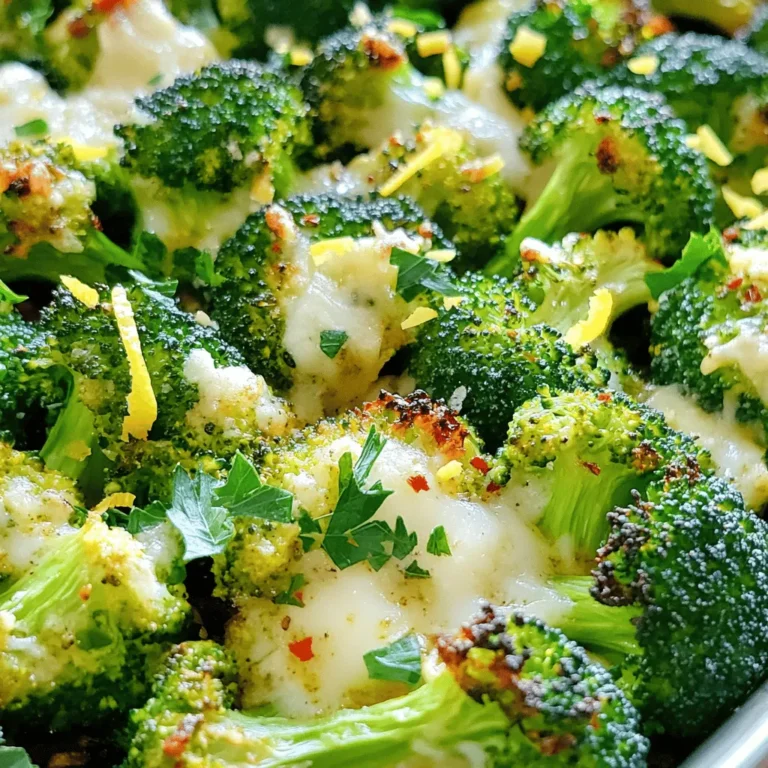 To make Lemon Garlic Roasted Broccoli, you need a few simple ingredients. Each one adds its own special touch to the dish. Here’s what you will need: - Broccoli florets - Garlic - Olive oil - Lemon (zest and juice) - Red pepper flakes (optional) - Parmesan cheese (optional) - Salt and pepper Using fresh, high-quality ingredients makes a big difference. The broccoli should be bright green and firm. Fresh garlic has a strong flavor that will shine through in this dish. Olive oil gives the broccoli a rich taste and helps it roast evenly. Lemon zest and juice add a bright, zesty flavor that balances the dish. If you like a little heat, red pepper flakes are a great option. They add a nice kick without being too spicy. Parmesan cheese can make the dish even more delicious, but it’s not necessary. Just sprinkle some on top for a cheesy finish if you choose. Lastly, salt and pepper enhance all the flavors. You can adjust the amount based on your taste. This dish not only tastes great but also looks colorful and inviting on your plate. For the full recipe, you can follow the steps to create this vibrant side dish. - Preheat your oven to 425°F (220°C). This high heat helps the broccoli get crispy. - Prepare a baking sheet by lining it with parchment paper. This makes cleanup easy. - In a large bowl, combine broccoli florets, minced garlic, olive oil, lemon zest, and lemon juice. - This mix adds a bright, fresh flavor to the broccoli. - Next, add red pepper flakes, salt, and pepper. Toss everything well to coat the broccoli evenly. - Spread the broccoli mixture on the prepared baking sheet. Make sure the pieces are in a single layer to roast evenly. - Roast in the preheated oven for 20-25 minutes. Stir halfway through for even cooking. You’ll know it’s done when the broccoli is tender and the edges turn golden. - If you want to add flavor, sprinkle Parmesan cheese over the broccoli in the last 5 minutes. This gives a nice cheesy touch. - For the full recipe, check the section above. Enjoy your flavorful and healthy dish! To roast broccoli well, balance the flavors. The lemon and garlic add brightness. Olive oil helps with browning. Stir the broccoli halfway through roasting. This step helps it cook evenly. Watch it closely to avoid burning. You want it tender and slightly crispy. Pre-marinating broccoli makes it taste even better. Mix broccoli with garlic, olive oil, lemon zest, and juice. Let it sit for 15 minutes. This step helps the flavors soak in. You can add more spices like cumin or paprika for a twist. Feel free to experiment! Lemon garlic roasted broccoli goes well with many main dishes. Pair it with grilled chicken or fish for a healthy meal. For a vegetarian option, serve it with quinoa. Garnish with fresh parsley for a pop of color. This makes your dish even more inviting. {{image_2}} You can change the broccoli in this dish. Brussels sprouts and cauliflower work great. Both bring their own flavors. For Brussels sprouts, cut them in half for even cooking. Cauliflower can be cut into florets, just like broccoli. Roasting brings out their natural sweetness. You can still use the same lemon and garlic mix. This adds a nice touch to your meal. If you want a vegan dish, skip the Parmesan cheese. The lemon and garlic alone add lots of flavor. For a crunch, try adding nuts. Almonds or walnuts are perfect choices. Just chop them up and sprinkle on before roasting. This keeps the dish healthy and tasty. You can change the heat in this dish. If you like it spicy, add more red pepper flakes. If you prefer it mild, use less. You can also try different spices. Paprika or cumin can give a new flavor. Experimenting with spices can make this dish your own. To store leftover Lemon Garlic Roasted Broccoli, let it cool first. Place it in an airtight container. This keeps it fresh for up to three days. Use glass or plastic containers with tight lids for the best results. When reheating, the best method is to use the oven. Preheat your oven to 350°F (175°C). Spread the broccoli on a baking sheet. Heat it for about 10 minutes. This method keeps the broccoli crispy. If you use a microwave, be careful. It can make your broccoli soggy. Heat in short bursts and check often to keep the flavor intact. You can freeze Lemon Garlic Roasted Broccoli too. First, let it cool completely. Place it in a freezer-safe bag or container. Remove as much air as possible. It will last up to three months in the freezer. When you are ready to eat, thaw it in the fridge overnight. Reheat in the oven for best texture and flavor. Yes, you can use frozen broccoli. However, it might change the texture. Fresh broccoli stays crisp and tender. Frozen broccoli may become a bit mushy. If you use frozen, cut the cooking time. Roast for about 15-20 minutes instead of 20-25 minutes. Make sure to thaw and drain any excess water before mixing with garlic and lemon. This dish is naturally gluten-free. Just check your olive oil and any added seasonings. Some brands of red pepper flakes may have gluten. Always read the labels to ensure they are safe. Parmesan cheese is optional, so you can skip it or choose a gluten-free brand if you prefer. Lemon and garlic are super healthy! Lemons are high in vitamin C. This vitamin helps your immune system. Garlic has compounds that may lower blood pressure and improve heart health. Combined, they add flavor and nutrition to your Lemon Garlic Roasted Broccoli. This dish brings you tasty goodness along with health benefits. Enjoy it as part of a balanced diet! This post showed how to make Lemon Garlic Roasted Broccoli easily. You learned the key ingredients, step-by-step instructions, and helpful tips. Roasting broccoli brings out its amazing flavor. You can adjust spice levels and use different veggies for variety. Store leftovers correctly to enjoy later. Whether you are cooking for friends or just yourself, this dish shines. Try it with your favorite meals. Embrace the health benefits of garlic and lemon. Enjoy the process and the results. Happy cooking!