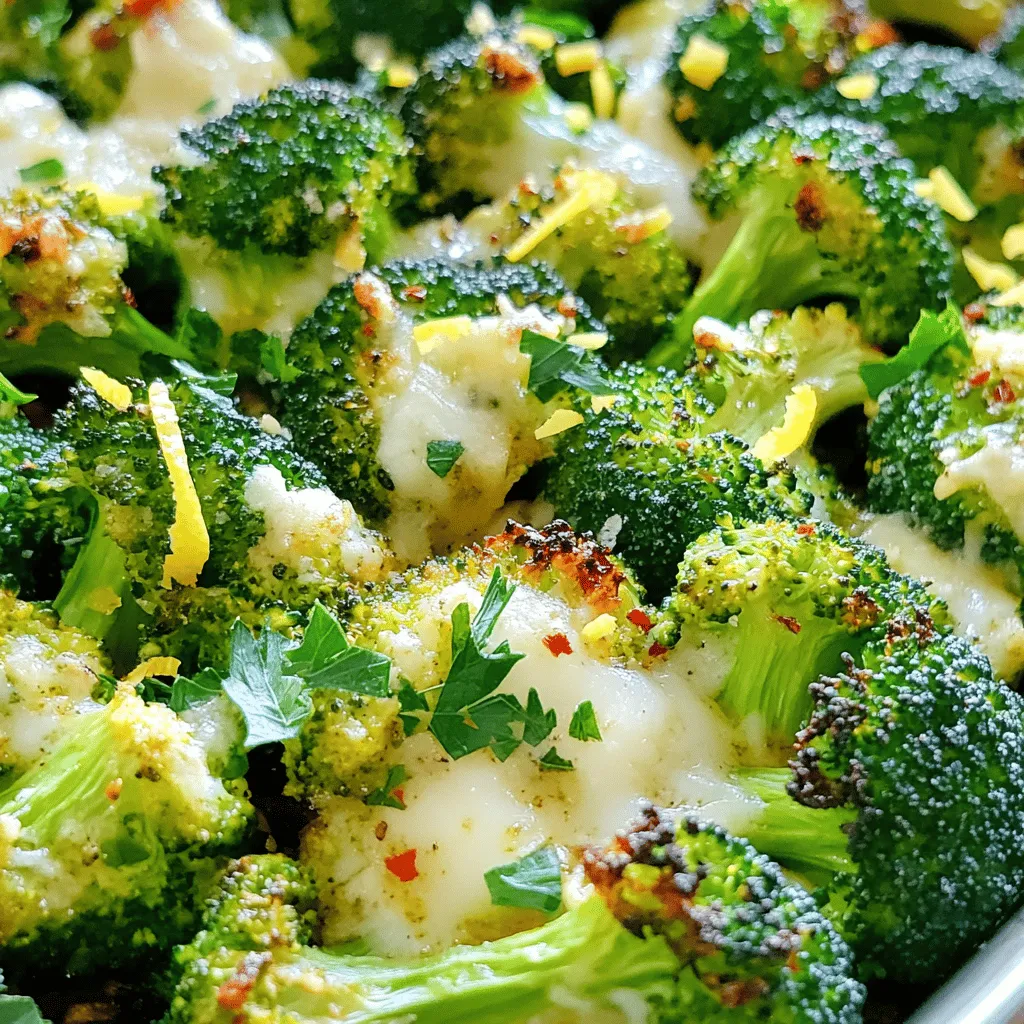 To make Lemon Garlic Roasted Broccoli, you need a few simple ingredients. Each one adds its own special touch to the dish. Here’s what you will need: - Broccoli florets - Garlic - Olive oil - Lemon (zest and juice) - Red pepper flakes (optional) - Parmesan cheese (optional) - Salt and pepper Using fresh, high-quality ingredients makes a big difference. The broccoli should be bright green and firm. Fresh garlic has a strong flavor that will shine through in this dish. Olive oil gives the broccoli a rich taste and helps it roast evenly. Lemon zest and juice add a bright, zesty flavor that balances the dish. If you like a little heat, red pepper flakes are a great option. They add a nice kick without being too spicy. Parmesan cheese can make the dish even more delicious, but it’s not necessary. Just sprinkle some on top for a cheesy finish if you choose. Lastly, salt and pepper enhance all the flavors. You can adjust the amount based on your taste. This dish not only tastes great but also looks colorful and inviting on your plate. For the full recipe, you can follow the steps to create this vibrant side dish. - Preheat your oven to 425°F (220°C). This high heat helps the broccoli get crispy. - Prepare a baking sheet by lining it with parchment paper. This makes cleanup easy. - In a large bowl, combine broccoli florets, minced garlic, olive oil, lemon zest, and lemon juice. - This mix adds a bright, fresh flavor to the broccoli. - Next, add red pepper flakes, salt, and pepper. Toss everything well to coat the broccoli evenly. - Spread the broccoli mixture on the prepared baking sheet. Make sure the pieces are in a single layer to roast evenly. - Roast in the preheated oven for 20-25 minutes. Stir halfway through for even cooking. You’ll know it’s done when the broccoli is tender and the edges turn golden. - If you want to add flavor, sprinkle Parmesan cheese over the broccoli in the last 5 minutes. This gives a nice cheesy touch. - For the full recipe, check the section above. Enjoy your flavorful and healthy dish! To roast broccoli well, balance the flavors. The lemon and garlic add brightness. Olive oil helps with browning. Stir the broccoli halfway through roasting. This step helps it cook evenly. Watch it closely to avoid burning. You want it tender and slightly crispy. Pre-marinating broccoli makes it taste even better. Mix broccoli with garlic, olive oil, lemon zest, and juice. Let it sit for 15 minutes. This step helps the flavors soak in. You can add more spices like cumin or paprika for a twist. Feel free to experiment! Lemon garlic roasted broccoli goes well with many main dishes. Pair it with grilled chicken or fish for a healthy meal. For a vegetarian option, serve it with quinoa. Garnish with fresh parsley for a pop of color. This makes your dish even more inviting. {{image_2}} You can change the broccoli in this dish. Brussels sprouts and cauliflower work great. Both bring their own flavors. For Brussels sprouts, cut them in half for even cooking. Cauliflower can be cut into florets, just like broccoli. Roasting brings out their natural sweetness. You can still use the same lemon and garlic mix. This adds a nice touch to your meal. If you want a vegan dish, skip the Parmesan cheese. The lemon and garlic alone add lots of flavor. For a crunch, try adding nuts. Almonds or walnuts are perfect choices. Just chop them up and sprinkle on before roasting. This keeps the dish healthy and tasty. You can change the heat in this dish. If you like it spicy, add more red pepper flakes. If you prefer it mild, use less. You can also try different spices. Paprika or cumin can give a new flavor. Experimenting with spices can make this dish your own. To store leftover Lemon Garlic Roasted Broccoli, let it cool first. Place it in an airtight container. This keeps it fresh for up to three days. Use glass or plastic containers with tight lids for the best results. When reheating, the best method is to use the oven. Preheat your oven to 350°F (175°C). Spread the broccoli on a baking sheet. Heat it for about 10 minutes. This method keeps the broccoli crispy. If you use a microwave, be careful. It can make your broccoli soggy. Heat in short bursts and check often to keep the flavor intact. You can freeze Lemon Garlic Roasted Broccoli too. First, let it cool completely. Place it in a freezer-safe bag or container. Remove as much air as possible. It will last up to three months in the freezer. When you are ready to eat, thaw it in the fridge overnight. Reheat in the oven for best texture and flavor. Yes, you can use frozen broccoli. However, it might change the texture. Fresh broccoli stays crisp and tender. Frozen broccoli may become a bit mushy. If you use frozen, cut the cooking time. Roast for about 15-20 minutes instead of 20-25 minutes. Make sure to thaw and drain any excess water before mixing with garlic and lemon. This dish is naturally gluten-free. Just check your olive oil and any added seasonings. Some brands of red pepper flakes may have gluten. Always read the labels to ensure they are safe. Parmesan cheese is optional, so you can skip it or choose a gluten-free brand if you prefer. Lemon and garlic are super healthy! Lemons are high in vitamin C. This vitamin helps your immune system. Garlic has compounds that may lower blood pressure and improve heart health. Combined, they add flavor and nutrition to your Lemon Garlic Roasted Broccoli. This dish brings you tasty goodness along with health benefits. Enjoy it as part of a balanced diet! This post showed how to make Lemon Garlic Roasted Broccoli easily. You learned the key ingredients, step-by-step instructions, and helpful tips. Roasting broccoli brings out its amazing flavor. You can adjust spice levels and use different veggies for variety. Store leftovers correctly to enjoy later. Whether you are cooking for friends or just yourself, this dish shines. Try it with your favorite meals. Embrace the health benefits of garlic and lemon. Enjoy the process and the results. Happy cooking!