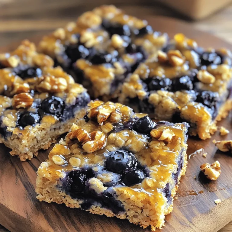 - 1 ½ cups rolled oats - 1 cup whole wheat flour - 1 cup fresh or frozen blueberries - ½ cup almond butter - ⅓ cup honey or maple syrup - ½ cup brown sugar - 1 teaspoon vanilla extract - 1 teaspoon baking powder - ½ teaspoon cinnamon - Pinch of salt - ¼ cup chopped nuts (optional) Blueberry oatmeal bars are a great snack. They are tasty and healthy. Let's break down the ingredients you will need. First, rolled oats provide fiber. They help keep you full and satisfied. Whole wheat flour adds extra nutrients. It also gives the bars a hearty texture. You can use fresh or frozen blueberries. They add natural sweetness and flavor. Almond butter is creamy and rich. This ingredient offers healthy fats and protein. For sweetness, you can choose honey or maple syrup. Both options will work well. Brown sugar adds moisture and depth to the flavor. A little bit of vanilla extract enhances everything. Baking powder helps the bars rise. Cinnamon adds warmth and a nice aroma. A pinch of salt balances the sweetness. Lastly, chopped nuts are optional. They add crunch and healthy fats. This combination makes the perfect base for blueberry oatmeal bars. These bars are not only simple to make but also pack a nutritious punch. Check out the Full Recipe for detailed steps on creating these delightful snacks. 1. Preheat your oven to 350°F (175°C). Grease a 9x9 inch baking dish or line it with parchment paper. This helps with easy removal later. 2. In a large bowl, combine 1 ½ cups rolled oats, 1 cup whole wheat flour, 1 teaspoon baking powder, ½ teaspoon cinnamon, and a pinch of salt. Mix well to blend all dry ingredients. 3. In another bowl, whisk together ½ cup almond butter, ⅓ cup honey or maple syrup, ½ cup brown sugar, and 1 teaspoon vanilla extract until smooth. 4. Pour the wet mixture into the dry mixture. Stir until just combined. Be careful not to overmix. 5. Gently fold in 1 cup of blueberries and ¼ cup of chopped nuts if you choose to add them. 6. Spread the mixture evenly in your prepared baking dish. Press down firmly to create a solid layer. 7. Bake in the preheated oven for 25 to 30 minutes. Check doneness by inserting a toothpick. It should come out clean. 8. Once baked, let it cool in the pan for 10 minutes. Then transfer to a wire rack to cool completely. After cooling, cut into bars and enjoy your delicious blueberry oatmeal bars. For the full recipe, check out the details above. How to avoid overmixing To keep your blueberry oatmeal bars soft, mix gently. Overmixing can lead to tough bars. When you combine the wet and dry ingredients, stir just enough to blend. Then fold in the blueberries carefully. Ensuring even baking For even baking, spread your mixture flat in the pan. Use a spatula to press it down firmly. This helps the bars bake evenly. Check for doneness by inserting a toothpick. It should come out clean when done. Substituting different fruits You can switch blueberries for other fruits. Try raspberries, strawberries, or even diced apples. Each fruit gives a new taste and texture. Just keep the same amount in the recipe. Using alternative sweeteners If you want less sugar, use ripe bananas or applesauce. These options add sweetness and moisture. Honey or maple syrup can also be reduced. Play around to find what you enjoy best. Adding spices Spices can make your bars extra tasty. Try adding a pinch of nutmeg or ginger. These spices bring warmth and depth. You could also mix in a bit of cocoa powder for a chocolatey twist. Incorporating chocolate chips For chocolate lovers, adding chocolate chips is a great idea. Mix in semi-sweet or dark chocolate chips. They melt during baking and add richness to your bars. This change makes for a delightful treat! For the full recipe, check the section titled Full Recipe. {{image_2}} You can switch up the blueberries for other fruits. Raspberries and strawberries both work great. They add different flavors and colors. Mixed berry oatmeal bars are also fun! Use a blend of your favorite fruits for a tasty twist. If you want a gluten-free option, use almond or coconut flour instead of whole wheat flour. You can also lower the sugar by using ripe bananas or applesauce. These swaps keep the bars healthy and still delicious. These bars taste amazing with yogurt or whipped cream. A dollop on top adds creaminess. You can also enjoy them with a cup of tea or coffee. Both drinks pair well and make for a comforting snack. Want to know more? Try the Full Recipe for the best results! To keep your blueberry oatmeal bars fresh, store them at room temperature. Place them in an airtight container. This will help maintain their soft and chewy texture. I like to use a glass container, which keeps them fresh longer. For longer storage, you can freeze the bars. Cut them into squares before freezing. Wrap each square in plastic wrap and place them in a freezer bag. When you want to enjoy them, thaw them in the fridge overnight. You can also reheat them in the microwave for about 15 to 20 seconds. This will make them warm and tasty again. These bars can last up to a week at room temperature. If stored in the freezer, they can stay good for up to three months. Keep an eye out for any signs of spoilage. If you see mold or notice an off smell, it’s best to throw them away. For best quality, enjoy them fresh! Can I use old-fashioned oats instead of rolled oats? Yes, you can use old-fashioned oats. They will give your bars a great texture. Just remember, they may be a bit chewier than rolled oats. How do I know when the bars are done baking? The bars are done when the edges turn golden brown. A toothpick should come out clean when you test the center. Are blueberry oatmeal bars healthy? Yes, these bars are healthy. They contain whole grains, fruits, and healthy fats. These ingredients provide fiber and nutrients, making them a good snack choice. Can this recipe be made vegan? Absolutely! You can swap honey for maple syrup. Use a nut butter that fits your diet, and you have a tasty vegan treat. Can I add protein powder to the recipe? Yes, you can add protein powder. Just replace some of the flour with it. This change boosts the protein, making it even better for snacking. What is the best way to make these bars chewy? To make these bars chewy, do not overmix the batter. Also, slightly underbake them. This will keep the center softer and chewier. For the Full Recipe, check out the detailed instructions above. This blog post covered how to make delicious blueberry oatmeal bars. We talked about the key ingredients and their nutritional value. You learned step-by-step instructions for preparing and baking. I also shared helpful tips and variations to suit your taste and needs. Finally, we discussed storage and answered common questions. Now you have all you need to enjoy these tasty, healthy snacks. Get baking and enjoy the fruits of your labor!