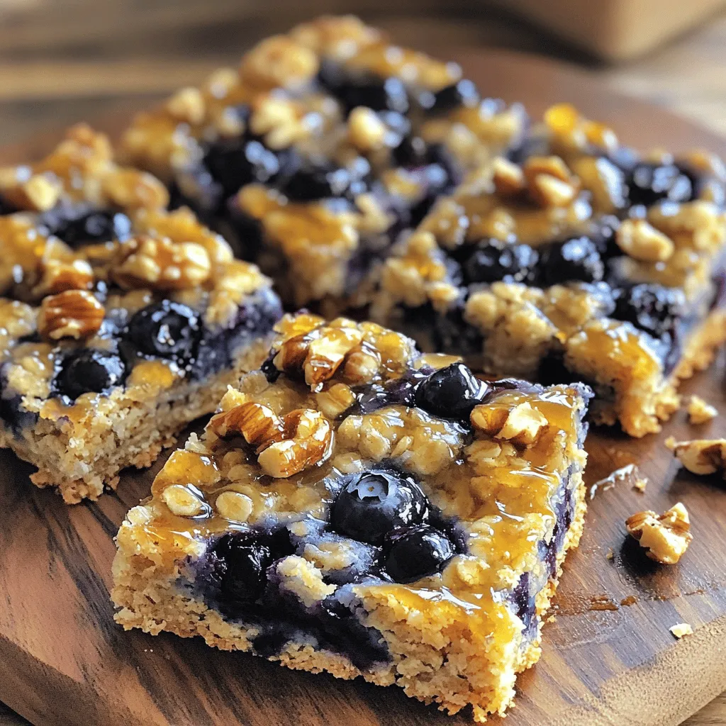 - 1 ½ cups rolled oats - 1 cup whole wheat flour - 1 cup fresh or frozen blueberries - ½ cup almond butter - ⅓ cup honey or maple syrup - ½ cup brown sugar - 1 teaspoon vanilla extract - 1 teaspoon baking powder - ½ teaspoon cinnamon - Pinch of salt - ¼ cup chopped nuts (optional) Blueberry oatmeal bars are a great snack. They are tasty and healthy. Let's break down the ingredients you will need. First, rolled oats provide fiber. They help keep you full and satisfied. Whole wheat flour adds extra nutrients. It also gives the bars a hearty texture. You can use fresh or frozen blueberries. They add natural sweetness and flavor. Almond butter is creamy and rich. This ingredient offers healthy fats and protein. For sweetness, you can choose honey or maple syrup. Both options will work well. Brown sugar adds moisture and depth to the flavor. A little bit of vanilla extract enhances everything. Baking powder helps the bars rise. Cinnamon adds warmth and a nice aroma. A pinch of salt balances the sweetness. Lastly, chopped nuts are optional. They add crunch and healthy fats. This combination makes the perfect base for blueberry oatmeal bars. These bars are not only simple to make but also pack a nutritious punch. Check out the Full Recipe for detailed steps on creating these delightful snacks. 1. Preheat your oven to 350°F (175°C). Grease a 9x9 inch baking dish or line it with parchment paper. This helps with easy removal later. 2. In a large bowl, combine 1 ½ cups rolled oats, 1 cup whole wheat flour, 1 teaspoon baking powder, ½ teaspoon cinnamon, and a pinch of salt. Mix well to blend all dry ingredients. 3. In another bowl, whisk together ½ cup almond butter, ⅓ cup honey or maple syrup, ½ cup brown sugar, and 1 teaspoon vanilla extract until smooth. 4. Pour the wet mixture into the dry mixture. Stir until just combined. Be careful not to overmix. 5. Gently fold in 1 cup of blueberries and ¼ cup of chopped nuts if you choose to add them. 6. Spread the mixture evenly in your prepared baking dish. Press down firmly to create a solid layer. 7. Bake in the preheated oven for 25 to 30 minutes. Check doneness by inserting a toothpick. It should come out clean. 8. Once baked, let it cool in the pan for 10 minutes. Then transfer to a wire rack to cool completely. After cooling, cut into bars and enjoy your delicious blueberry oatmeal bars. For the full recipe, check out the details above. How to avoid overmixing To keep your blueberry oatmeal bars soft, mix gently. Overmixing can lead to tough bars. When you combine the wet and dry ingredients, stir just enough to blend. Then fold in the blueberries carefully. Ensuring even baking For even baking, spread your mixture flat in the pan. Use a spatula to press it down firmly. This helps the bars bake evenly. Check for doneness by inserting a toothpick. It should come out clean when done. Substituting different fruits You can switch blueberries for other fruits. Try raspberries, strawberries, or even diced apples. Each fruit gives a new taste and texture. Just keep the same amount in the recipe. Using alternative sweeteners If you want less sugar, use ripe bananas or applesauce. These options add sweetness and moisture. Honey or maple syrup can also be reduced. Play around to find what you enjoy best. Adding spices Spices can make your bars extra tasty. Try adding a pinch of nutmeg or ginger. These spices bring warmth and depth. You could also mix in a bit of cocoa powder for a chocolatey twist. Incorporating chocolate chips For chocolate lovers, adding chocolate chips is a great idea. Mix in semi-sweet or dark chocolate chips. They melt during baking and add richness to your bars. This change makes for a delightful treat! For the full recipe, check the section titled Full Recipe. {{image_2}} You can switch up the blueberries for other fruits. Raspberries and strawberries both work great. They add different flavors and colors. Mixed berry oatmeal bars are also fun! Use a blend of your favorite fruits for a tasty twist. If you want a gluten-free option, use almond or coconut flour instead of whole wheat flour. You can also lower the sugar by using ripe bananas or applesauce. These swaps keep the bars healthy and still delicious. These bars taste amazing with yogurt or whipped cream. A dollop on top adds creaminess. You can also enjoy them with a cup of tea or coffee. Both drinks pair well and make for a comforting snack. Want to know more? Try the Full Recipe for the best results! To keep your blueberry oatmeal bars fresh, store them at room temperature. Place them in an airtight container. This will help maintain their soft and chewy texture. I like to use a glass container, which keeps them fresh longer. For longer storage, you can freeze the bars. Cut them into squares before freezing. Wrap each square in plastic wrap and place them in a freezer bag. When you want to enjoy them, thaw them in the fridge overnight. You can also reheat them in the microwave for about 15 to 20 seconds. This will make them warm and tasty again. These bars can last up to a week at room temperature. If stored in the freezer, they can stay good for up to three months. Keep an eye out for any signs of spoilage. If you see mold or notice an off smell, it’s best to throw them away. For best quality, enjoy them fresh! Can I use old-fashioned oats instead of rolled oats? Yes, you can use old-fashioned oats. They will give your bars a great texture. Just remember, they may be a bit chewier than rolled oats. How do I know when the bars are done baking? The bars are done when the edges turn golden brown. A toothpick should come out clean when you test the center. Are blueberry oatmeal bars healthy? Yes, these bars are healthy. They contain whole grains, fruits, and healthy fats. These ingredients provide fiber and nutrients, making them a good snack choice. Can this recipe be made vegan? Absolutely! You can swap honey for maple syrup. Use a nut butter that fits your diet, and you have a tasty vegan treat. Can I add protein powder to the recipe? Yes, you can add protein powder. Just replace some of the flour with it. This change boosts the protein, making it even better for snacking. What is the best way to make these bars chewy? To make these bars chewy, do not overmix the batter. Also, slightly underbake them. This will keep the center softer and chewier. For the Full Recipe, check out the detailed instructions above. This blog post covered how to make delicious blueberry oatmeal bars. We talked about the key ingredients and their nutritional value. You learned step-by-step instructions for preparing and baking. I also shared helpful tips and variations to suit your taste and needs. Finally, we discussed storage and answered common questions. Now you have all you need to enjoy these tasty, healthy snacks. Get baking and enjoy the fruits of your labor!