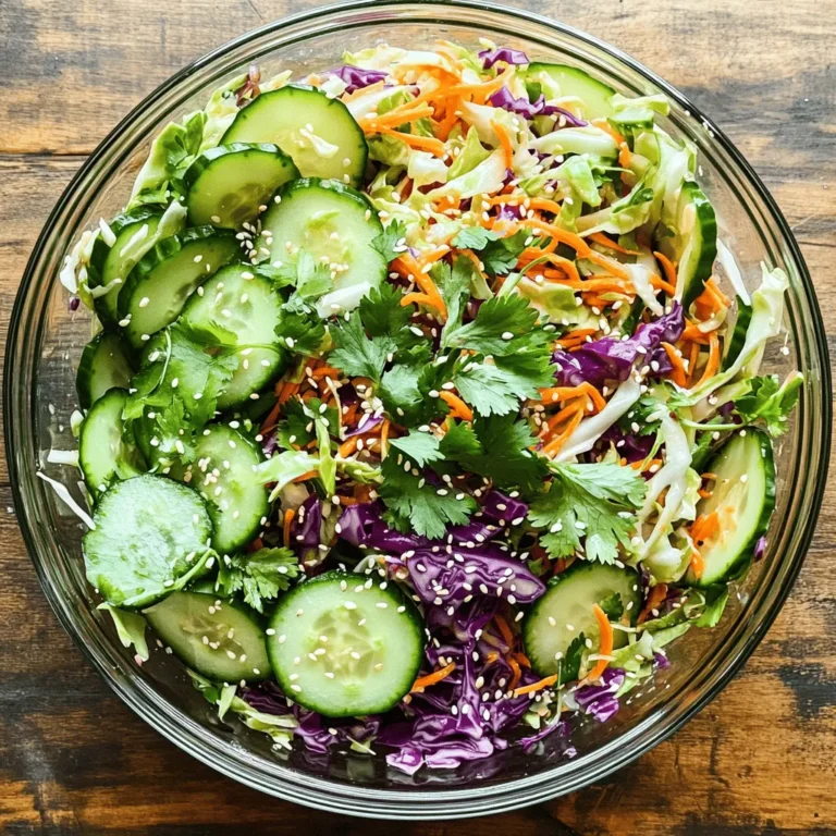 - 2 large cucumbers - 1 cup shredded red cabbage - 1 carrot - 1/4 cup fresh cilantro Cucumbers are the star of this dish. They are crisp and hydrating. I prefer large cucumbers for this slaw. Shredded red cabbage adds a nice crunch and a pop of color. Carrots bring sweetness and bright orange hues. Fresh cilantro gives a burst of flavor and freshness. - 2 tablespoons rice vinegar - 1 tablespoon honey - 1 teaspoon sesame oil For the dressing, rice vinegar adds a tangy taste. Honey balances the vinegar's acidity with sweetness. Sesame oil gives a rich, nutty flavor that ties everything together. - 1 teaspoon fresh ginger - 1/2 teaspoon red pepper flakes - Salt and pepper to taste Fresh ginger adds warmth and depth. Red pepper flakes bring a gentle heat to the slaw. Salt and pepper enhance all the flavors and make each bite better. For the Full Recipe, you can find all the details to create this dish. Enjoy crafting your refreshing cucumber slaw! To start, you will need to slice and peel the cucumbers. Use a sharp knife for clean cuts. Thin slices give the slaw a nice crunch. Next, shred the cabbage. I find using a box grater or a food processor makes this easy. Lastly, grate the carrot. This adds color and sweetness. Combine these veggies in a large bowl. Toss them gently to mix everything well. Now, let’s whisk together the dressing ingredients. In a smaller bowl, add the rice vinegar, honey, and sesame oil. Then, grate fresh ginger into the bowl. Add red pepper flakes, salt, and pepper. Whisk until all the ingredients blend together. This dressing will give the slaw a zesty kick that you will love. Pour the dressing over the mixed vegetables. Toss everything together so the dressing coats each piece. Let the slaw sit for at least 15 minutes. This time helps the flavors blend well. The cucumbers will also release some moisture, making the slaw even better. Serve it chilled or at room temperature. This dish is perfect as a side. For the full recipe, check the Zesty Cucumber Slaw section. To make your cucumber slaw even better, try adding fresh herbs. Mint or dill can give it a bright taste. You can also add nuts like peanuts or almonds for a nice crunch. This extra texture makes every bite more fun and satisfying. Let your slaw sit for at least 15 minutes. This helps the flavors mix well. It also allows the cucumbers to lose some water, which improves texture. Always use fresh ingredients for the best taste. Fresh veggies make the slaw crisp and vibrant. This slaw pairs well with grilled meats like chicken or fish. It adds a cool contrast to hot dishes. You can also serve it as a light lunch. Just add some protein like grilled shrimp or tofu, and you have a tasty meal. {{image_2}} For a rich twist, you can make creamy cucumber slaw. Simply add mayonnaise or yogurt to the mix. Start with about 1/2 cup of mayo or yogurt. This will give the slaw a smooth texture. Mix it in with the dressing before you combine it with the veggies. This version is great for those who love creamy salads. It pairs well with grilled meats and adds a nice touch to picnics. If you like heat, try spicy cucumber slaw. You can add jalapeños or chili paste to kick it up a notch. Start with one finely chopped jalapeño. If you want it even spicier, add a teaspoon of chili paste. Mix these in with the veggies and dressing. This version brings a fun zing to the dish and really wakes up your taste buds. It’s perfect for summer barbecues or taco nights. You can also switch up the dressing for different flavors. Try using balsamic vinegar or lime juice instead of rice vinegar. For balsamic, use the same amount as the rice vinegar. If you choose lime juice, start with the juice of one lime. This adds a fresh and tangy taste to the slaw. Feel free to experiment with herbs like dill or mint for extra zest. These alternative dressings keep the dish light and refreshing. For the full recipe, check out the Zesty Cucumber Slaw. To store leftover cucumber slaw, place it in an airtight container. This keeps the slaw fresh. Make sure the container seals well to avoid air exposure. You can also cover the bowl tightly with plastic wrap. Keep it in the fridge to maintain its crunch. Avoid adding dressing to the slaw until you are ready to eat. This prevents sogginess. You can safely keep cucumber slaw in the fridge for about 3 days. After that, the texture may change. If it gets too soft, it might not taste as good. Always check for any off smells or changes in color before eating. If you notice any, it’s best to throw it away. Freezing cucumber slaw is not the best option. Cucumbers contain a lot of water, which makes them mushy when thawed. The texture will not be the same. If you want to save the slaw, consider freezing the dressing instead. You can then mix it with fresh veggies later. This keeps the flavors intact and ensures a crisp texture. To keep your cucumber slaw crispy, start by using fresh cucumbers. Slice them thinly and sprinkle salt on them. This draws out excess moisture. Let them sit for about 10 minutes, and then rinse and drain. This method keeps the cucumbers crunchy. You can also add crunchy veggies like carrots or bell peppers for more texture. Yes, you can make cucumber slaw ahead of time. Prepare the veggies and dressing separately. Mix them just before serving. If you mix too early, the slaw may become soggy. Store the slaw in the fridge for up to two days. Keep the dressing in a sealed jar for freshness. Cucumber slaw pairs well with many dishes. Try it with grilled chicken or fish. It also works great with tacos or sandwiches. Use it as a fresh side for barbecues. You can even serve it on top of burgers for a crunch. Cucumber slaw is healthy and low in calories. Each serving has about 60 calories. Cucumbers are mostly water, making them hydrating. They also provide vitamins and minerals. The veggies in the slaw add fiber, which is good for digestion. The dressing is light and uses simple ingredients. You can find the complete Zesty Cucumber Slaw recipe [here](#). Cucumber slaw offers a refreshing crunch with simple ingredients. You learned how to prepare it and enhance its flavor. Try variations like creamy or spicy to keep meals exciting. Proper storage helps maintain freshness, so no waste occurs. Overall, cucumber slaw is a healthy, versatile dish you can enjoy. Don't hesitate to experiment and find your perfect twist!