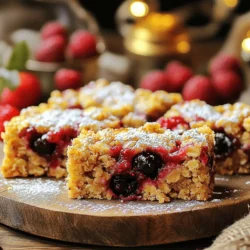 - 2 cups rolled oats - 1 cup mixed berries (fresh or frozen) - 1/2 cup almond or peanut butter These main ingredients form the base of your healthy berry oatmeal bars. Rolled oats bring fiber and texture. They hold everything together while giving a nice chew. Mixed berries add natural sweetness and vibrant color. You can use fresh or frozen berries, depending on what you have. Almond or peanut butter adds healthy fats and a creamy taste. It helps bind the bars and gives them a rich flavor. - 1/4 cup honey or maple syrup - 1/2 cup unsweetened applesauce For sweetness, you can use honey or maple syrup. Both options add a delightful taste. Honey is sweeter, while maple syrup has a unique flavor. Applesauce provides moisture and natural sweetness without adding extra sugar. It keeps the bars soft and helps them stay fresh longer. - 1/4 teaspoon salt - 1 teaspoon cinnamon - 1/4 cup chopped nuts (optional for crunch) A pinch of salt enhances all the flavors. Cinnamon adds warmth and spice. It pairs perfectly with the berries. If you want a crunch, feel free to add chopped nuts. They add texture and make the bars even more satisfying. This is where you can get creative and make the recipe your own. For the full recipe, check out the details to start making your healthy berry oatmeal bars! 1. Preheat the oven and prepare the baking dish: Start by preheating your oven to 350°F (175°C). Line an 8x8 inch baking dish with parchment paper. This helps you remove the bars easily later on. 2. Combine dry ingredients in a mixing bowl: In a large mixing bowl, add 2 cups of rolled oats, 1/4 teaspoon of salt, and 1 teaspoon of cinnamon. Stir these ingredients well to mix them evenly. 1. Whisk wet ingredients in a separate bowl: In another bowl, whisk together 1/2 cup of almond or peanut butter, 1/4 cup of honey or maple syrup, and 1/2 cup of unsweetened applesauce. Keep whisking until the mixture is smooth. 2. Combine wet and dry mixtures: Pour the wet mixture into the bowl with the dry ingredients. Mix everything until just combined. Gently fold in 1 cup of mixed berries and 1/4 cup of chopped nuts if you want that extra crunch. 1. Spread mixture in the baking dish: Transfer the mixture to your prepared baking dish. Spread it evenly and press down firmly to create a flat layer. This helps the bars hold their shape. 2. Bake until golden brown and set: Place the baking dish in the oven. Bake for 25-30 minutes, or until the edges turn golden brown and the center feels set. Once done, remove from the oven and let it cool in the pan for about 10 minutes. Use the parchment paper overhang to lift the bars out of the pan. Let them cool completely on a wire rack before cutting them into squares. Enjoy your healthy berry oatmeal bars! For the full recipe, check the complete instructions above. To avoid mushy bars, make sure you use the right amount of oats. Stick to 2 cups. If your mixture seems too wet, add a bit more oats. This helps bind the bars without making them soggy. Baking times can differ based on your oven. If your oven runs hot, check the bars at 20 minutes. If they look golden, they may be done. For cooler ovens, you might need a full 30 minutes. Always trust your eyes and check for a firm center. You can spice things up by adding a dash of nutmeg or ginger. Both can give your bars a nice twist. A teaspoon of vanilla extract also works wonders. It adds a lovely aroma and taste without extra calories. To boost the berry flavor, try using a mix of berries. Combine strawberries, blueberries, and raspberries for a vibrant taste. If using frozen berries, thaw them first to release their juices, adding more flavor. For chewy bars, press the mixture down lightly before baking. This keeps them soft. If you prefer crunch, press harder to create a firmer base. Your choice of nuts also affects texture. Almonds give a nice crunch, while walnuts add a softer bite. You could also skip the nuts if you want a more uniform texture. These tips will help you create the best Healthy Berry Oatmeal Bars. For the full recipe, check out the section above. {{image_2}} You can easily change the nut butter in this recipe. Almond butter works great, but you can also use cashew or sunflower seed butter. Each nut butter adds a unique flavor. Feel free to use different types of berries, too. You can choose blueberries, raspberries, or even blackberries. Each berry brings its own taste and nutrition. Mixing berries can create a fun flavor burst. To make these bars vegan, swap honey for maple syrup. This keeps the sweetness without animal products. You can also use a plant-based butter instead of nut butter for added creaminess. If you need gluten-free bars, make sure to use certified gluten-free oats. This small change makes a big difference for those with gluten sensitivities. For low-sugar options, use less honey or maple syrup. You can also add more applesauce for natural sweetness without extra sugar. Adding seeds can boost nutrition. Try chia seeds or flaxseeds for extra fiber. Dried fruits like raisins or cranberries can add sweetness and chewiness. If you want a treat, toss in some dark chocolate chips. They melt beautifully and give a delightful touch. Just a small amount adds a rich flavor without overpowering the bars. To keep your Healthy Berry Oatmeal Bars fresh, use airtight containers. Glass or plastic containers work well. They block air and moisture, which helps preserve the bars. You can also wrap them in plastic wrap or aluminum foil. Store the bars at room temperature for short-term use. If you want them to last longer, refrigeration is best. Just ensure they are in a sealed container to avoid drying out. Freezing these bars is simple. First, let them cool completely after baking. Then, wrap each bar tightly in plastic wrap. You can also place them in a freezer bag. This keeps them fresh and avoids freezer burn. To thaw, remove the bar from the freezer. Leave it at room temperature for about 30 minutes. For a quicker option, you can microwave it for about 10-15 seconds. These bars last about a week at room temperature. Keep them in a cool, dry place. If you refrigerate them, they can last up to two weeks. The cold slows down spoilage, but make sure they are in a tight container to keep them fresh. Can I use only one type of berry? Yes, you can use just one type of berry. I like to mix berries for a fun taste. Strawberries, blueberries, or raspberries all work well. Each berry gives a unique flavor. Use what you love! Is it necessary to use applesauce? No, applesauce is not strictly necessary. It adds moisture and sweetness. If you want to skip it, use more nut butter or a bit of yogurt. Just remember to adjust the liquid to keep the bars from getting too dry. What is the calorie count per bar? Each bar has around 150 calories. This number can change based on the mix-ins and sweeteners you choose. If you use less sweetener or skip the nuts, it will lower the count. Are these bars high in protein? Yes, these bars are a decent source of protein. The nut butter adds protein. If you want more, add seeds or use a protein-rich nut butter. This will help boost the protein level. What to serve with healthy berry oatmeal bars? These bars are tasty on their own! You can serve them with yogurt or fresh fruit. They also pair well with a glass of milk or a smoothie for a full meal. Can I use these as a breakfast option? Absolutely! These bars make a great breakfast. They are quick and easy to grab. Pair them with a piece of fruit or a drink for a balanced start to your day. Check out the Full Recipe for more details! This article covered delicious berry oatmeal bars. We explored main ingredients like oats, berries, and nut butter. We discussed sweeteners, moisture options, and various seasonings. You learned how to prepare, mix, and bake your bars perfectly. Tips helped enhance flavors and improve texture. We also shared storage advice and variations for different diets. Try making your own bars, and enjoy a healthy snack. With creativity, you can make them just right for you. Healthy eating can be fun, tasty, and easy!