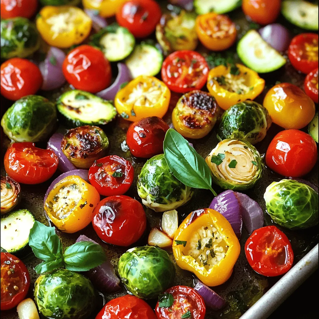 For this tasty dish, gather these fresh ingredients: - 1 cup cherry tomatoes, halved - 1 medium zucchini, sliced - 1 bell pepper (any color), diced - 1 red onion, cut into wedges - 2 cups Brussels sprouts, halved - 4 cloves garlic, minced - 3 tablespoons olive oil - 1 teaspoon dried oregano - 1 teaspoon smoked paprika - Salt and pepper to taste - Fresh basil leaves for garnish Each ingredient plays a key role in flavor. The cherry tomatoes add sweetness. The zucchini and bell pepper bring crunch. Red onion adds a nice bite, while Brussels sprouts give a hearty taste. Minced garlic enhances the overall flavor. Olive oil helps the veggies roast nicely. Oregano and smoked paprika give a warm, earthy taste. Adjust salt and pepper to suit your liking. Always wash and cut your veggies before cooking. You can switch out some veggies if you like. Try using asparagus or carrots instead of Brussels sprouts. Sweet potatoes work well in place of zucchini. For herbs, thyme or rosemary can replace oregano. If you want spice, add cayenne pepper with the paprika. This dish is very flexible. Feel free to mix and match to find your favorite combo. For the full recipe, see the earlier section. Start by washing your vegetables well. Clean the cherry tomatoes and slice them in half. Next, take the zucchini and slice it into rounds. For the bell pepper, remove the seeds and dice it into small pieces. Cut the red onion into wedges. Lastly, halve the Brussels sprouts. Once all are prepared, gather them in a large mixing bowl. Preheat your oven to 425°F (220°C). Once ready, drizzle olive oil over the veggies in the bowl. Sprinkle dried oregano, smoked paprika, salt, and pepper on top. Toss everything well so every piece gets coated. Spread the veggies on a baking sheet in one layer. Make sure there is space between them. This helps them roast evenly. Roast in the oven for 20-25 minutes. Stir halfway through for best results. Look for a golden color and tender texture. Once the veggies are done, take them out of the oven. Let them cool for a few minutes. To serve, place them on a nice platter. Add fresh basil leaves on top for color and flavor. This makes the dish even more appealing. Enjoy your One Pan Roasted Veggies! For full details, check the Full Recipe. To boost the taste of your roasted veggies, try these tricks: - Use fresh herbs like rosemary or thyme for extra aroma. - Add a splash of balsamic vinegar before roasting for sweetness. - Sprinkle lemon juice after roasting for a fresh zing. - Mix in a pinch of chili flakes for some heat. These simple touches make a big difference. They bring out the natural sweetness and depth of your veggies. To ensure all your veggies roast evenly, follow these steps: - Cut vegetables into similar sizes. This helps them cook at the same rate. - Spread them out on the baking sheet. Leave space between pieces for hot air to circulate. - Stir halfway through roasting. This flips them and helps them brown nicely. These tips help you avoid undercooked or burnt spots. Here are some common mistakes to steer clear of: - Overcrowding the baking sheet. This leads to steaming instead of roasting. - Not preheating the oven. A hot oven helps veggies caramelize and get crispy. - Using too much oil. Too much oil makes veggies soggy rather than crisp. Avoiding these mistakes will make your One Pan Roasted Veggies shine. Enjoy the process and the tasty results! {{image_2}} You can change up the veggies based on the season. In spring, add asparagus or radishes. Summer brings great choices like eggplant or yellow squash. In fall, try root veggies like carrots and sweet potatoes. Winter lets you use hearty greens like kale or collard greens. Mixing seasonal veggies adds fun flavors to your dish. To make this dish a full meal, add protein or grains. Chickpeas are a great choice. They add protein and fiber. You can also toss in cooked quinoa or brown rice. For meat lovers, try adding diced chicken or sausage. These additions make your meal filling and hearty. Herbs and spices can change the taste of your veggies. Try rosemary or thyme for a fresh flavor. For a kick, add red pepper flakes. You can also experiment with cumin or curry powder for a warm taste. The right herbs and spices bring out the best in your roasted veggies. Explore different combinations to find your favorite. For the full recipe, check out the One Pan Roasted Veggies recipe above. After enjoying your one pan roasted veggies, it's key to store them right. Let the veggies cool before you put them away. Use an airtight container to keep them fresh. They will last in the fridge for about three to five days. If you want to keep them longer, freezing is a great option. To reheat your roasted veggies, use the oven or a skillet. The oven keeps them crisp. Preheat the oven to 350°F (175°C). Spread the veggies on a baking sheet and heat for about 10 minutes. You can also use a skillet on medium heat. Just add a splash of olive oil and stir until warm. Avoid the microwave if you want to keep that nice texture. Freezing is perfect for saving extra roasted veggies. Place the cooled veggies on a baking sheet first. Freeze them for about an hour. This step keeps them from sticking together. Once frozen, transfer them to a freezer bag. Label the bag with the date. They can stay good for up to three months. When you’re ready to eat, no need to thaw. Just toss them right into the oven or a skillet. Enjoy the flavors anytime! The best veggies for roasting are firm and hearty. I love using: - Cherry tomatoes - Zucchini - Bell peppers - Red onions - Brussels sprouts These vegetables cook well and get nice and tender. They also caramelize, giving you great flavor. You can mix and match based on your taste or what you have. Yes, you can! If you don’t want to roast, try sautéing. Sautéing cooks veggies quickly in a pan on the stove. You can also steam them for a softer texture. Grilling is another fun choice. It adds a nice smoky flavor. Each method gives a different taste and texture, so feel free to experiment. You can tell the veggies are done when they are soft and slightly golden. They should be tender when you poke them with a fork. Look for a little browning on the edges; this adds flavor. If you stir them halfway through roasting, it helps them cook evenly. Follow the steps in the Full Recipe for perfect timing! This blog post covered how to make tasty roasted veggies in one pan. We discussed the best ingredients, how to prepare and roast them, and tips for great flavor. I shared common mistakes to avoid and suggested fun variations. Plus, we went over storage tips for leftovers and answered key FAQs. Roasting veggies is easy and fun. You can mix it up with different veggies and flavors. Now, you have all the info you need to create a delicious dish. Enjoy your roasting adventure!