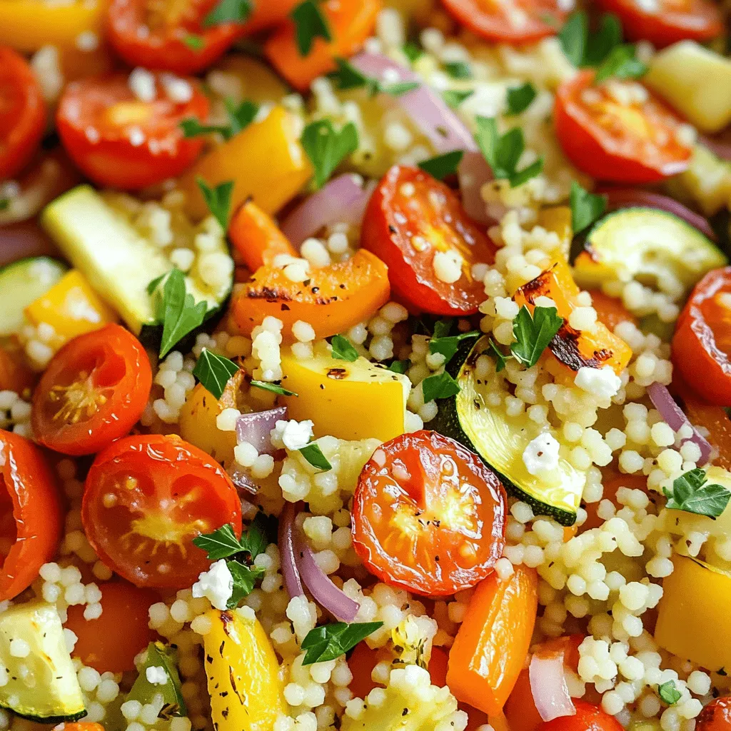 To make roasted vegetable couscous, gather these ingredients: - 1 cup couscous - 1 1/2 cups vegetable broth - 1 small zucchini, diced - 1 bell pepper (red or yellow), diced - 1 medium carrot, sliced - 1 red onion, chopped - 1 cup cherry tomatoes, halved - 2 tablespoons olive oil - 1 teaspoon dried thyme - 1 teaspoon smoked paprika - Salt and pepper to taste - Fresh parsley, chopped for garnish - Feta cheese (optional, for topping) Choosing the right vegetable broth is key. A good broth adds depth to the dish. Fresh vegetables make a big difference too. They add color and flavor. Always pick firm, bright veggies for the best taste. Olive oil is your friend here. It helps the vegetables roast nicely. Smoked paprika gives a lovely, warm flavor. Use fresh parsley for a burst of freshness at the end. You can skip the feta if you want a dairy-free dish. You can swap couscous for quinoa or farro if you need gluten-free options. For a vegan version, just skip the feta cheese. If you want more protein, add chickpeas or cooked chicken. You can also mix in different veggies, like broccoli or sweet potatoes. Adjust the spices based on your taste. Curry powder or Italian herbs can change the flavor profile nicely. For more ideas, check the Full Recipe. Start by washing your vegetables. I like to use zucchini, bell peppers, carrots, red onions, and cherry tomatoes. Dice the zucchini and bell peppers. Slice the carrot and chop the red onion. Cut the cherry tomatoes in half. Make sure all pieces are about the same size. This helps them cook evenly. Place the chopped veggies on a large baking sheet. Preheat your oven to 400°F (200°C). Once the oven is hot, drizzle the vegetables with olive oil. Sprinkle dried thyme, smoked paprika, salt, and pepper over them. Toss everything well to coat. This adds great flavor. Roast the vegetables for 25 to 30 minutes. Stir them halfway through. You want them tender and slightly caramelized. The smell will make your mouth water! While the veggies roast, cook the couscous. In a saucepan, bring 1 ½ cups of vegetable broth to a boil. Once boiling, remove it from heat. Stir in 1 cup of couscous. Cover the pan and let it sit for about 5 minutes. The couscous will soak up the broth. After it rests, fluff it with a fork. Mix the couscous with the roasted vegetables. Adjust the seasoning if you like. Serve this warm as a tasty meal. For more details, check the Full Recipe. Roasting vegetables brings out their natural sweetness. To do it right, cut the veggies into even sizes. This helps them cook evenly. Use a large baking sheet to avoid crowding. Crowded veggies steam instead of roast. Toss them with olive oil and spices for better flavor. Always preheat your oven to 400°F (200°C) for perfect roasting. Check on them halfway through and stir for even cooking. Fluffing couscous is key to a light texture. After cooking, let it sit covered for five minutes. This step helps it absorb moisture. Then, take a fork and gently stir it. This breaks up any clumps. Avoid using a spoon, as it can mash the grains. Fluffed couscous mixes well with roasted vegetables, making every bite delightful. Herbs and spices can transform your couscous. Use dried thyme and smoked paprika for a warm taste. Fresh herbs like parsley add brightness. Consider adding a squeeze of lemon juice for acidity. It wakes up all the flavors in the dish. If you want a kick, try a pinch of red pepper flakes. You can also swap spices based on your taste. Experiment with cumin or coriander for a different twist. For extra richness, sprinkle some feta cheese on top. This adds creaminess and pairs well with the veggies. {{image_2}} You can add protein to make your roasted vegetable couscous even heartier. Chickpeas are a great choice. They are easy to use and full of flavor. Just rinse and drain a can before mixing them in with the roasted vegetables. For chicken lovers, grilled or baked chicken works well. Cut it into bite-sized pieces and fold it into the couscous. This step boosts the meal's protein and makes it more filling. Feel free to switch up the vegetables based on what you have. Broccoli, asparagus, or eggplant can add a nice touch. Sweet potatoes or butternut squash give a sweet flavor. Just remember to cut them into small pieces for even cooking. Mixing different colors makes the dish more appealing. The varied textures and tastes keep each bite interesting. You can change the flavor of your couscous easily. For a Mediterranean twist, add olives and capers. A sprinkle of lemon zest brightens the dish too. If you want an Asian flavor, try sesame oil and soy sauce. Add green onions and sesame seeds for crunch. For a Mexican taste, use cumin and lime juice. Top with avocado for creaminess. Each of these options opens up a new world of flavors! After you enjoy your roasted vegetable couscous, store any leftovers in an airtight container. Make sure to cool it to room temperature first. Place the container in the fridge. It will stay fresh for about 3 to 4 days. When storing, try to keep the couscous and vegetables together. This way, they keep their flavors. You can freeze roasted vegetable couscous if you want to save it longer. First, let it cool completely. Then, scoop the couscous into freezer-safe bags. Remove as much air as possible before sealing. Label the bags with the date. It will last in the freezer for up to 2 months. When you're ready to eat it, you can take out what you need. To reheat your couscous, you have a few options. The microwave is the quickest method. Place the couscous in a bowl and cover it with a damp paper towel. Heat it for 1-2 minutes, stirring halfway through. You can also reheat it in a pan on the stove. Just add a splash of vegetable broth or water to prevent it from drying out. Stir often until it's warm. Enjoy your dish just like the first time! Roasted vegetable couscous is often vegetarian. To make it vegan, skip the feta cheese. Use vegetable broth instead of chicken broth. This recipe is already plant-based, which makes it easy. You can also add more veggies or legumes for protein. Chickpeas work well and add great texture. Yes, you can use other grains. Quinoa, bulgur, or farro are great choices. Each grain has a unique flavor and texture. Adjust cooking times based on the grain you choose. For quinoa, rinse it before cooking. This will help remove the bitter taste. You can serve roasted vegetable couscous with many dishes. Grilled meats or fish pair well. A simple green salad adds freshness. For a vegetarian option, serve it with falafel. You can also enjoy it as a main dish. It is filling and full of flavor. For a special touch, add a squeeze of lemon juice before serving. For the complete recipe, refer to the Full Recipe section. This article covered the key ingredients and step-by-step process for making roasted vegetable couscous. You learned helpful tips and tricks to enhance flavor and texture. I shared great variations for adding protein and changing up veggies. You also picked up useful storage and reheating methods. Experiment with the recipe based on your taste. Have fun with it, and enjoy your meal!