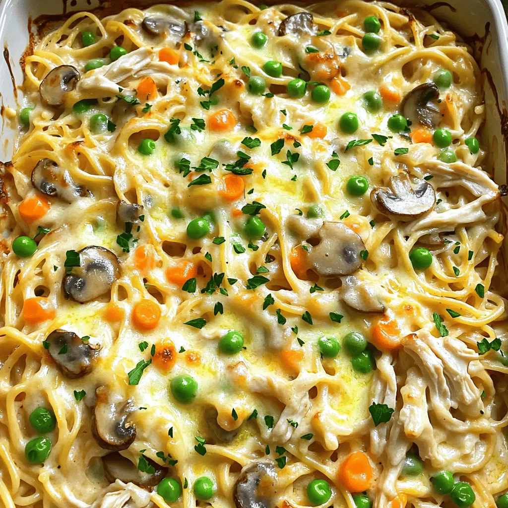 - 2 cups cooked chicken, shredded - 8 ounces spaghetti (or your favorite pasta) - 1 cup sliced mushrooms - 1/2 cup frozen peas - 1 cup cooked and diced carrots - 1/4 cup butter - 1/4 cup all-purpose flour - 2 1/2 cups chicken broth - 1 cup whole milk - 1 teaspoon garlic powder - 1 teaspoon onion powder - 1 teaspoon dried thyme - Salt and pepper to taste - 1 cup shredded mozzarella cheese - 1/2 cup grated Parmesan cheese - Chopped fresh parsley for garnish (optional) Easy Chicken Tetrazzini is a simple dish that uses easy-to-find ingredients. You start with cooked chicken. This can be from a roast or store-bought rotisserie chicken. The spaghetti adds a nice base and makes it filling. I like using my favorite pasta too! Mushrooms give this dish a great flavor. They pair so well with the creamy sauce. Frozen peas add a pop of color and sweetness. Carrots offer extra nutrition and texture. For the sauce, butter, flour, chicken broth, and milk come together to create a creamy base. The seasonings like garlic powder and thyme boost the flavor. Lastly, cheese on top gives a golden, bubbly finish. You can find the full recipe at the end of this article. This dish is not just easy to make. It’s also a great way to use leftovers while tasting wonderful! - Preheat your oven to 350°F (175°C). - Cook spaghetti according to package instructions until al dente, then drain. - Melt butter in a large skillet over medium heat and sauté mushrooms. - Mix flour, garlic powder, onion powder, and thyme into the mushroom mixture. - Gradually whisk in chicken broth and milk until thickened. - Stir in shredded chicken, peas, and carrots, seasoning with salt and pepper. - Combine cooked spaghetti with the chicken sauce mixture in a bowl. - Pour into a greased baking dish, topping with mozzarella and Parmesan. - Bake for 25-30 minutes until cheese is bubbly and golden. - Make sure your chicken is fully cooked and shredded. This ensures even mixing throughout. - Each oven is unique. Adjust the cooking time based on how your oven heats. - Pair your Chicken Tetrazzini with a fresh side salad or warm garlic bread. Both add a nice touch. - Sprinkle chopped parsley on top for extra flavor and a pop of color. It makes the dish look great! - Use a rotisserie chicken instead of cooking your own. It cuts down on prep time. - You can make the sauce ahead of time. Store it in the fridge to save time on cooking day. For the full recipe, check out the detailed instructions provided earlier. {{image_2}} You can easily change the main protein in this dish. Substitute cooked turkey or ham for chicken. This swap gives a new taste while keeping it simple. If you need a gluten-free meal, just use gluten-free pasta. There are many good options out there, and they work well in this recipe. If you want to make this dish dairy-free, there are easy swaps. Replace whole milk with almond or coconut milk. Both options add a nice flavor without the dairy. You can also use dairy-free cheese for the topping. This keeps the dish creamy and delicious without any dairy. Adding veggies can boost the nutrition in your meal. Incorporate bell peppers or spinach for extra vitamins. These veggies add color and crunch, making the dish more vibrant. You can also try adding different herbs for a new flavor profile. Fresh basil or oregano can change up the taste and make it even more exciting. Store any leftover Chicken Tetrazzini in an airtight container. Make sure to refrigerate it right away. For the best taste, eat it within 3-4 days. This helps keep the flavors fresh and safe. To freeze, let the dish cool completely first. Once cool, transfer it to freezer-safe containers. You can keep it frozen for up to 2-3 months. This is great for quick meals later. When you're ready to eat, reheat in the oven or microwave. Heat until it is hot all the way through. If the dish seems dry, add a splash of milk. This will help bring back some moisture and flavor. Prep time is about 15 minutes, and total time is around 50 minutes. This means you can have a tasty meal ready in under an hour. Yes, you can prepare and assemble in advance, then bake when ready. This option is great for busy days or when you have guests. Just cover the dish and store it in the fridge. Consider a fresh salad or garlic bread as perfect pairings. The lightness of a salad balances the creamy dish well. Garlic bread adds a nice crunch and flavor. Yes, it can be frozen and reheated later for convenience. Just let it cool, then put it in a freezer-safe container. When you're ready to eat, thaw it overnight in the fridge, then bake! You can find the full recipe [here](#). Easy Chicken Tetrazzini combines simple ingredients, quick steps, and tasty results. You learned how to prepare a creamy sauce, mix in chicken and veggies, and top it with cheese. This dish is perfect for busy nights or cozy meals. You can also swap ingredients to suit your taste or dietary needs. Enjoy your tasty creation, and don’t forget to share any variations you try!