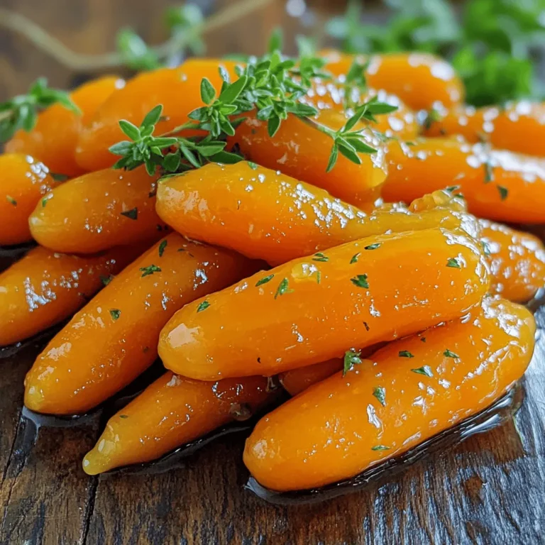 To make honey glazed carrots, you need simple and fresh ingredients. Here’s what you need: - 1 pound baby carrots (or regular carrots, peeled and cut into sticks) - 3 tablespoons honey - 2 tablespoons butter - 1 teaspoon fresh thyme leaves (or ½ teaspoon dried thyme) - Salt and pepper to taste - 1 tablespoon lemon juice - 1 tablespoon chopped fresh parsley (for garnish) These ingredients work together to create a sweet and savory dish. Should you use fresh or frozen carrots? I always prefer fresh carrots for this recipe. They have a better texture and flavor. Fresh carrots are crisp and sweet. They can soak up the honey glaze well. If you only have frozen carrots, you can still use them. Just make sure to thaw them first. They may not be as crunchy, but they’ll still taste good. What if you want to change the sweetness? You can try different sweeteners. Maple syrup is a great choice. It has a rich flavor that pairs well with carrots. Agave nectar is another option. It’s light and sweet. You can also use brown sugar if you want a caramel-like taste. Just keep in mind that each sweetener will change the flavor a bit. Try them to see what you like best. You can find the full recipe [here](#). Start by washing your baby carrots well. If you use regular carrots, peel them first. Then cut them into sticks. This helps them cook evenly. You want pieces that are about the same size. It makes sure they all get tender at the same time. Keep them ready for cooking. Heat a large skillet over medium heat. Add the butter and let it melt. Once melted, add your carrots to the skillet. Stir them every few minutes. Cook for about 5 minutes. You want them to soften a bit. Then drizzle the honey over the carrots. Stir well to coat them evenly. Add fresh thyme, salt, and pepper. Cook for another 5 to 7 minutes. This allows the honey to turn sticky and caramelize. Make sure to stir often to prevent burning. When the carrots are tender, remove the skillet from the heat. Squeeze in some lemon juice for a bright taste. Mix it all well. Now, transfer the honey-glazed carrots to a serving dish. Sprinkle fresh parsley on top for a nice color. Your dish is ready to enjoy. For the full recipe, check out the details above. To get the best glaze on your carrots, follow these steps. First, use fresh carrots for great flavor. Cut them evenly to ensure they cook at the same rate. Start with melted butter in your skillet and let it coat the carrots well. Add honey after the carrots soften a bit. This timing helps the honey stick and caramelize nicely. Stir often to prevent burning and get that beautiful, shiny glaze. You can tweak the sweetness to fit your taste. If you find the dish too sweet, add a bit more lemon juice. This will brighten the flavor and balance the sweetness. For extra depth, try adding a pinch of salt or a dash of pepper. Fresh herbs like thyme add a savory note, while honey provides sweetness. Experiment to find your perfect mix! Avoid overcooking the carrots. They should be tender yet crisp when done. If you cook them too long, they'll become mushy. Also, watch the heat closely. Cooking on high can burn the honey, making it bitter. Lastly, don’t skip the lemon juice. It lifts the dish and makes the flavors pop. Follow these tips, and you'll create a dish everyone loves. For the full recipe, check the section above. {{image_2}} You can change the flavor of honey glazed carrots by adding spices and herbs. For a warm taste, try cinnamon or ginger. Just a pinch can make a big difference. If you like a bit of heat, add a dash of cayenne pepper. Fresh herbs like rosemary or dill can also enhance the flavor. Mix and match to find your favorite blend! Honey glazed carrots pair well with other veggies. You can add baby potatoes for heartiness. Roasted parsnips also work great with the glaze. Try mixing in some green beans or snap peas for a colorful dish. Each vegetable brings its own unique taste to the mix. This adds depth and makes the dish more exciting. If you want a vegan version, it’s easy to swap out the butter. Use coconut oil or olive oil instead. The honey can be replaced with maple syrup or agave nectar for sweetness. The taste will still be rich and delicious. You’ll still enjoy that lovely glaze without any animal products. After enjoying your honey glazed carrots, let them cool. Place them in an airtight container. This keeps them fresh for up to three days. Make sure to store them in the fridge. For best taste, eat them within two days. To reheat, use the stove or a microwave. In a skillet, add a splash of water. Heat on low until warm. Stir often to avoid burning. In the microwave, place in a bowl. Cover it with a damp paper towel. Heat in short bursts until warm. This keeps the carrots tender. You can freeze honey glazed carrots, but they may lose some texture. Let them cool completely. Place them in a freezer-safe bag. Squeeze out the air before sealing. They can last up to three months in the freezer. When ready to eat, thaw in the fridge overnight. Reheat as mentioned above for the best results. For a full recipe, check out the earlier sections. I recommend using baby carrots for their sweetness and tenderness. They cook quickly and add nice color to your dish. If you prefer regular carrots, choose firm ones. Peel and cut them into sticks for even cooking. Both options work well for honey glazed carrots. Yes, you can make honey glazed carrots ahead of time. Cook them as stated in the recipe, then let them cool. Store them in an airtight container in the fridge for up to three days. When ready to serve, reheat them on the stove or in the microwave. To reduce the sweetness, use less honey. You can also add more lemon juice for a tangy flavor. Mixing in some garlic or onion can balance the sweetness too. Adjust the flavors in small steps to find your perfect mix. Enjoy your honey glazed carrots just the way you like! In this blog post, we covered how to make perfect honey-glazed carrots. We looked at key ingredients, like fresh versus frozen carrots and alternative sweeteners. I shared simple steps for preparation, cooking, and serving. You learned tips for achieving the right glaze and avoiding common mistakes. We also explored variations, such as adding spices or making it vegan. Finally, I discussed the best ways to store and reheat leftovers. Enjoy making this dish your own, and remember, small changes can lead to big flavors.