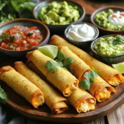 - 2 cups cooked chicken, shredded - 1 cup cream cheese, softened - 1 cup shredded cheddar cheese - 12 small corn tortillas - 1 teaspoon garlic powder - 1 teaspoon onion powder - 1 teaspoon cumin - 1 teaspoon chili powder - 1/2 teaspoon salt - 1/4 teaspoon black pepper - Cooking spray or olive oil for brushing - Optional toppings: salsa, guacamole, or sour cream To make baked chicken taquitos, you need fresh and simple ingredients. Start with cooked chicken. I love using rotisserie chicken for its flavor. Then, cream cheese gives a nice, rich texture. Shredded cheddar cheese adds a cheesy kick that everyone loves. You also need corn tortillas. They hold all the goodness inside. For seasonings, garlic powder and onion powder add depth. Cumin and chili powder bring warmth and spice. Don’t forget the salt and black pepper for balance. If you want a crisp finish, brush the taquitos with cooking spray or olive oil. For fun, add toppings like salsa, guacamole, or sour cream. These make each bite even better! For the full recipe, check the section above. - Preheat the oven to 425°F (220°C). - Line the baking sheet with parchment paper. - In a large bowl, combine shredded chicken, cream cheese, cheddar cheese, garlic powder, onion powder, cumin, chili powder, salt, and black pepper. Mix until smooth. - Warm the corn tortillas in the microwave for about 30 seconds. This makes them soft and easy to roll. - Place about 2 tablespoons of the chicken mixture onto each tortilla. Roll each one tightly. - Place the rolled taquitos seam-side down on the baking sheet. - Lightly spray or brush the tops with oil for a crispy finish. - Bake for 15-20 minutes until the taquitos turn golden brown. These baked chicken taquitos are simple to make! For more details, check the Full Recipe. Enjoy your cooking adventure! - Ensure tortillas are warm for easy rolling. - Use a silicone brush for even oil application. Warming tortillas makes them soft and easy to roll. Place them in a damp paper towel and microwave for about 30 seconds. This prevents cracking as you roll. A silicone brush helps apply the oil evenly, giving your taquitos a nice golden finish. - Add diced jalapeños for extra heat. - Experiment with different cheese varieties. If you love spice, add diced jalapeños to the chicken mix. This adds a zesty kick. You can also switch up the cheese. Try pepper jack for more heat or a blend of cheeses for different flavors. - Serve with any of the optional toppings. - Pair with a side salad for a complete meal. Baked chicken taquitos shine with toppings like salsa, guacamole, or sour cream. These add freshness and creaminess. Pairing them with a side salad can round out your meal and add more nutrition. For the full recipe, check out the instructions above. {{image_2}} You can easily change the filling of your taquitos. Swap chicken for shredded beef or turkey. This keeps the dish fresh and exciting. If you prefer a lighter meal, use vegetables for a vegetarian option. Spinach, mushrooms, and zucchini work well together. If you need a gluten-free option, don’t worry! Just use gluten-free tortillas. They are available in most stores. Also, check that all seasonings are gluten-free. This way, everyone can enjoy your tasty taquitos. Cheese can change the flavor of your taquitos. Try pepper jack cheese for a spicier kick. It adds a nice heat that many love. You can also use a blend of Mexican cheeses for diversity. Mixing different cheeses can create a creamy and rich filling. For the full recipe and more tips, check out the [Full Recipe]. After enjoying your taquitos, let them cool down first. This step helps keep the texture nice. Once cool, place your taquitos in an airtight container. Store them in the refrigerator for up to three days. To reheat your taquitos, preheat your oven to 350°F (175°C). Place the taquitos on a baking sheet. Heat them in the oven until they are crispy again. This usually takes about 10-15 minutes. You can microwave them, but they may turn out softer. If you want that crispy bite, stick with the oven. Want to save some for later? You can freeze unbaked taquitos! Simply prepare the taquitos but do not bake them. Place them in a single layer on a baking sheet and freeze until firm. Then, transfer them to a freezer bag for easy storage. When you are ready to enjoy them, thaw them before following the baking instructions from the Full Recipe. To make the best Baked Chicken Taquitos, use high-quality ingredients. Fresh chicken and good cheese make a big difference. Mix the chicken with cream cheese and spices for rich flavor. Rolling the taquitos tightly is key. Warm the tortillas before filling to keep them soft. This helps avoid cracks. Place the seam-side down when baking. This keeps them from unrolling in the oven. Yes, you can prepare these taquitos ahead of time. Make the filling and roll the taquitos. Place them on a baking sheet. You can refrigerate or freeze them until you're ready to bake. When ready to eat, just pop them in the oven. No need to thaw if frozen, just add a few extra minutes to the baking time. You can serve Baked Chicken Taquitos with many tasty sides. Mexican rice is a classic choice. Refried beans add protein and flavor. A fresh salad also pairs nicely. Consider adding dips like salsa, guacamole, or sour cream for extra fun. These add flavor and moisture to each bite. Enjoy your meal! This post shared a simple recipe for baked chicken taquitos. It covered the main ingredients, seasonings, and extra tips. You learned steps to prepare, assemble, and bake them to perfection. Variations let you swap fillings and adjust for dietary needs, keeping the meal exciting. Store leftovers properly for later enjoyment. Enjoy your time in the kitchen, experimenting with flavors. Your taquitos will surely impress everyone around!