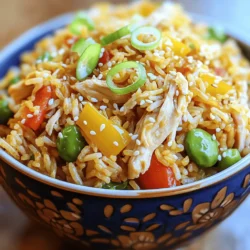 - 2 cups cooked jasmine rice - 1 cup cooked chicken - 2 tablespoons vegetable oil - 1 medium onion - 2 cloves garlic - 1 cup mixed vegetables - 3 green onions - 2 eggs - 3 tablespoons soy sauce - 1 tablespoon sesame oil - Salt and pepper When I make chicken fried rice, I love using jasmine rice. The grains are fluffy and hold up well. Using day-old rice is best. It helps avoid clumps when cooking. Fresh cooked chicken works great, but you can use rotisserie chicken too. It saves time and adds flavor. If you want to switch up the rice, you can use brown rice or even cauliflower rice. Each brings a unique taste and texture to the dish. For the mixed vegetables, feel free to use what you have on hand. Peas, carrots, and corn are classic, but bell peppers and broccoli work too. - Alternatives for chicken: tofu, shrimp, or beef - Different types of rice to use: brown rice, cauliflower rice - Vegetable variations: bell peppers, zucchini, or broccoli You can replace chicken with tofu or shrimp for a different protein. If you want a veggie version, just skip the meat. Add in more vegetables to make it hearty. - Benefits of fresh ingredients: better flavor and nutrition - Using frozen vegetables in a pinch: quick and easy Using fresh vegetables gives your dish more flavor. They add crunch and color. But frozen vegetables are a great option too. They are convenient and often just as nutritious. When life gets busy, frozen veggies can save the day! How to prepare the rice To make great chicken fried rice, start with cold, cooked jasmine rice. Day-old rice works best. If you don’t have any, cook it and let it cool. Spread it out on a plate to dry. Chopping vegetables and chicken Next, chop your vegetables and chicken. Use about one cup of mixed vegetables. Peas, carrots, and corn are great choices. For chicken, you can shred or cube it. Aim for small, even pieces so they cook fast. Heat oil and sautéing onions In a large skillet or wok, heat two tablespoons of vegetable oil over medium-high heat. Add one finely chopped onion and sauté it for about two to three minutes. The onion should become soft and slightly clear. Incorporating garlic and vegetables Once the onions are ready, add two minced garlic cloves. Cook them for about thirty seconds until they smell great. Then, toss in your mixed vegetables. Stir-fry them for three to four minutes until they are tender and hot. Scrambling eggs and combining ingredients Now, push the veggies to one side of the skillet. Pour two beaten eggs into the empty space. Scramble the eggs until cooked, then mix everything together. Add one cup of cooked chicken to the skillet and stir it in well. Mixing in rice and sauces Add the cold, prepared rice to the skillet. Pour in three tablespoons of soy sauce and one tablespoon of sesame oil. Stir everything well, breaking up any rice clumps. Achieving the ideal texture Cook the mixture for an additional four to five minutes. Stir occasionally, allowing the rice to heat through and brown slightly. Finally, fold in three sliced green onions. Season with salt and pepper to taste. For the full recipe, check out the details above! Using day-old rice is key. Fresh rice is too sticky. Cold rice breaks apart easily. This keeps your fried rice fluffy. When you stir-fry, use high heat. It helps to keep the rice crisp. Move ingredients quickly in the pan. This prevents burning and clumping. For extra taste, add these optional seasonings: - Garlic powder - White pepper - Oyster sauce If you want to marinate the chicken, try this mix: - Soy sauce - Ginger - Honey Let the chicken soak for at least 30 minutes. To get that nice crunch, cook the rice longer. Stir it less as it cooks. This allows some rice to brown. For a beautiful look, serve the fried rice in a bowl. Top it with more green onions and sesame seeds. It adds color and texture. {{image_2}} For a meat-free version, swap the chicken for plant-based protein. You can use: - 1 cup of firm tofu, diced - 1 cup of tempeh, crumbled Tofu is light and absorbs flavors well. It adds protein and texture. Tempeh has a nutty taste and is packed with nutrients. Both add great taste! Want to add some heat? Try a splash of chili sauce. It enhances the flavor and gives it a kick. You can also add unique ingredients like: - 1 cup of diced pineapple - 1 tablespoon of sriracha Pineapple adds sweetness and tang. Sriracha brings a bold flavor. Mixing these will create a vibrant dish. Fried rice is loved worldwide! You can try different styles, like: - Korean-style fried rice with gochujang - Thai-inspired fried rice with basil and lime Korean-style adds a spicy depth with gochujang. Thai-style brings freshness with herbs and citrus. These variations will keep your fried rice exciting. For the complete dish, check out the Full Recipe! To keep chicken fried rice fresh, store it in an airtight container. Make sure it cools down first. Place it in the fridge within two hours of cooking. Fried rice stays good for about three to four days. After that, it may lose taste and texture. You can reheat fried rice in two main ways: the microwave or stovetop. The microwave is quick and easy. Just cover the rice with a damp paper towel to keep it moist. Heat it in short bursts, stirring in between. The stovetop method is better for texture. Heat a skillet with a bit of oil. Add the rice and stir-fry until hot. This method keeps the rice from getting too dry. To freeze chicken fried rice, let it cool completely. Portion it into freezer-safe bags. Remove as much air as possible before sealing. You can freeze it for up to three months. When ready to eat, thaw the rice in the fridge overnight. Reheat it on the stovetop or microwave for a quick meal. I recommend using jasmine rice for chicken fried rice. It has a nice texture and flavor. Day-old rice works best. It allows the grains to dry out. This helps prevent clumping during cooking. You can also use other types like basmati or long-grain white rice. Each type brings a unique taste to your dish. No, you should not use uncooked rice. Raw rice needs to cook longer than the other ingredients. This will leave the rice hard and uncooked. Instead, always start with cooked rice. It makes the dish quick and easy to prepare. Yes, you can make chicken fried rice ahead of time. Just cook it, let it cool, and store it in the fridge. When you are ready to eat, reheat it in a skillet or microwave. Add a little oil or water to keep it moist. This way, you save time on busy days. You can skip soy sauce and still enjoy great flavor. Try using tamari or coconut aminos. Both are good soy sauce alternatives. You can also use teriyaki sauce or oyster sauce. Each option will change the taste a bit but still keep it tasty. In this article, we explored how to make chicken fried rice. We covered the key ingredients, preparation steps, and cooking techniques. You learned about ingredient swaps and the best ways to store leftovers. Remember, using day-old rice makes a big difference in texture. Experiment with flavors and variations to find what you love. Fried rice is versatile and fun to make, so enjoy your cooking journey!
