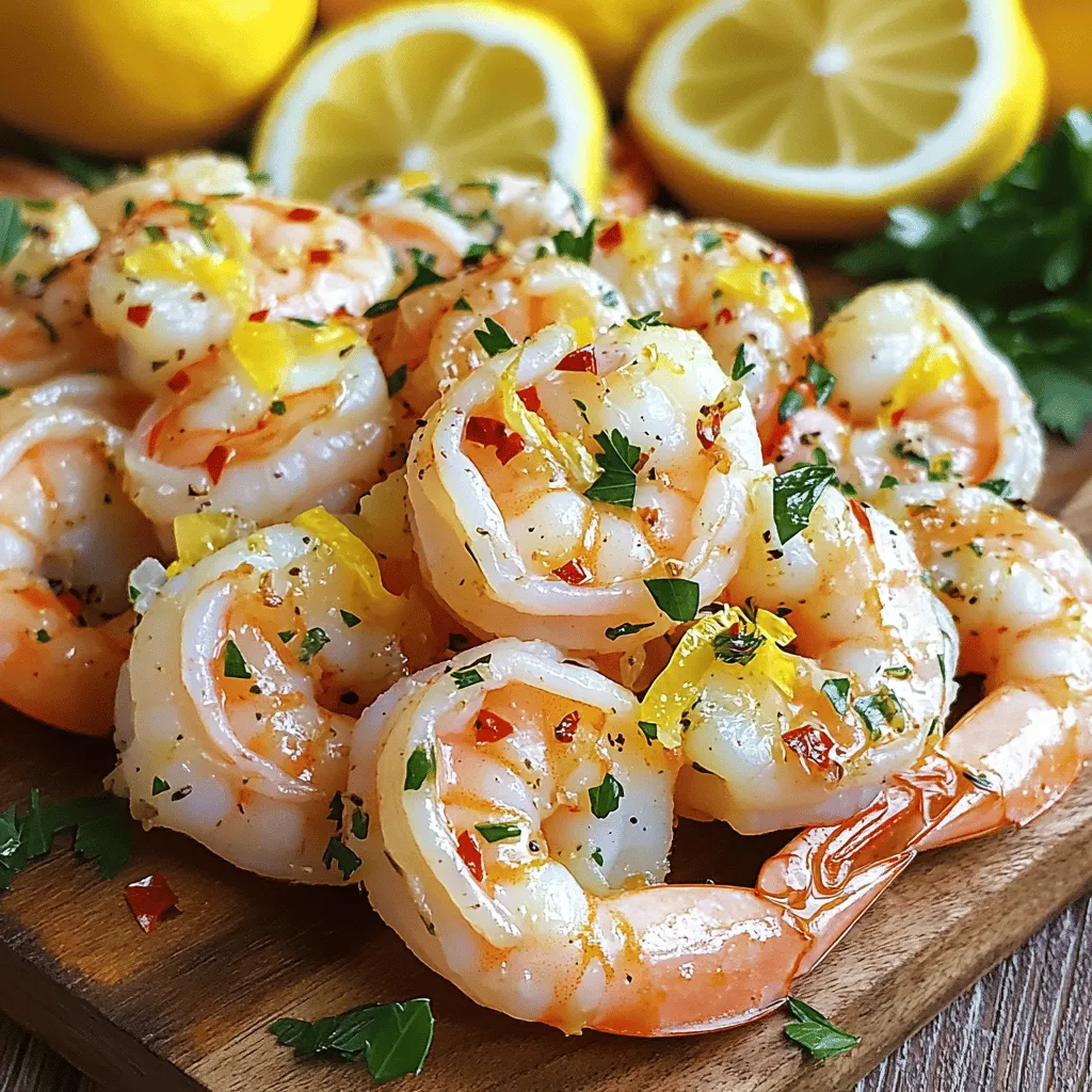 - 1 pound large shrimp, peeled and deveined - 4 cloves garlic, minced - 1/4 cup fresh lemon juice - Zest of 1 lemon - 1/4 cup olive oil - 1 teaspoon red chili flakes (optional) - 1/2 teaspoon salt - 1/4 teaspoon black pepper - 2 tablespoons fresh parsley, chopped - Lemon slices for garnish To make Zesty Lemon Garlic Shrimp, start with fresh shrimp. You want shrimp that is large and firm. Peel and devein them before cooking. The garlic adds a nice punch. Mince four cloves for the best flavor. Fresh lemon juice gives a bright taste. You will need 1/4 cup of it. Next, the seasonings make this dish pop. Zest one lemon to add a burst of citrus flavor. Olive oil helps to cook the shrimp and adds richness. Use 1/4 cup. If you like heat, add red chili flakes. One teaspoon is perfect. Salt and black pepper are key for taste. You need 1/2 teaspoon of salt and 1/4 teaspoon of black pepper. Fresh parsley gives a nice touch. Use 2 tablespoons, chopped. Finally, lemon slices are great for garnish. They brighten the dish and add flair. Ready to cook? You can find the full recipe above. To start, grab a medium bowl. In it, combine: - 1/4 cup olive oil - 4 cloves garlic, minced - 1/4 cup fresh lemon juice - Zest of 1 lemon - 1 teaspoon red chili flakes (optional for spice) - 1/2 teaspoon salt - 1/4 teaspoon black pepper Whisk these ingredients well. This marinade packs a punch of flavor that will infuse the shrimp. Now, take 1 pound of large shrimp, peeled and deveined. Add them to your marinade. Toss gently to coat each shrimp evenly. Let them sit at room temperature for 15-20 minutes. This time allows the shrimp to soak up the zesty flavors. Next, preheat a large skillet over medium-high heat. Once hot, add the marinated shrimp in a single layer. Make sure not to crowd the skillet. Cook the shrimp for 2-3 minutes on one side. They should turn pink and slightly char. Flip each shrimp and cook for another 1-2 minutes until fully cooked. Remove them from the heat. Sprinkle 2 tablespoons of fresh parsley on top for a burst of color and flavor. You can serve this dish right away, garnished with lemon slices. For the full recipe, check out the [Full Recipe]. To make your Zesty Lemon Garlic Shrimp shine, use fresh ingredients. Fresh shrimp, garlic, and lemons pack great flavor. Always choose the best you can find. You can also adjust heat levels with red chili flakes. If you want more spice, add more flakes. For less heat, skip them altogether. Avoid overcrowding the skillet when cooking shrimp. If you add too many, they will steam instead of sear. This can make them tough and chewy. Cook shrimp in batches if needed. Make sure the shrimp cook properly. They should turn pink and opaque, which shows they are done. Pair your shrimp with sides for a complete meal. Rice, pasta, or a fresh salad work well. They balance the strong lemon and garlic flavors. For presentation, add lemon slices and parsley. These bright colors make your dish pop and look inviting. {{image_2}} You can add vegetables to the Zesty Lemon Garlic Shrimp for extra flavor and nutrition. Here are some great choices: - Cherry tomatoes - Bell peppers - Zucchini - Spinach - Broccoli Just chop veggies into bite-sized pieces. Toss them into the marinade with the shrimp. This adds color and crunch. Cooking times may vary. Just make sure veggies are tender but not mushy. If you don’t want to use shrimp, try chicken or tofu. For chicken, use boneless breasts or thighs. Cut them into cubes. Marinate them the same way. Cook the chicken for about 5-7 minutes, until golden. For a plant-based option, use firm tofu. Press it to remove water, then cut into cubes. Marinate like the shrimp. Sauté for 4-6 minutes until golden and crispy on the outside. You can play with herbs and spices to enhance the dish. Here are some options to consider: - Fresh basil - Thyme - Oregano - Cilantro Add these to the marinade or sprinkle them on the shrimp before serving. They will bring new flavors to the dish. Experiment and find your favorite combinations! For the full recipe, check out the [Full Recipe]. After you enjoy your Zesty Lemon Garlic Shrimp, store any leftovers right away. Place the shrimp in an airtight container. This keeps them fresh and safe. You can refrigerate cooked shrimp for up to three days. If you wait too long, they may spoil. When it's time to enjoy leftovers, be careful not to overcook them. The best way is to heat shrimp gently. You can use a skillet on medium heat. Add a little olive oil to keep them moist. Stir often for 2-3 minutes. You can also use a microwave. Heat in short bursts, checking to avoid rubbery shrimp. Yes, you can freeze cooked shrimp! To do this, let them cool first. Place shrimp in a freezer-safe bag. Press out the air and seal it tight. Cooked shrimp can last for up to three months in the freezer. When ready, thaw shrimp in the fridge overnight. This keeps them safe and tasty. Shrimp cook fast. They usually take 3 to 5 minutes. Look for these signs: - Color Change: Raw shrimp are gray. Cooked shrimp turn pink. - Shape: They curl into a C shape when done. - Texture: Cooked shrimp feel firm, not mushy. If you see these signs, your shrimp are ready! Yes, you can use frozen shrimp. Here’s how to thaw them: - Refrigerator Method: Place shrimp in the fridge overnight. - Cold Water Method: Seal shrimp in a bag. Soak in cold water for 15-20 minutes. Make sure to pat them dry before cooking. This helps the shrimp sear better. Pair shrimp with tasty sides for a complete meal. Here are my top picks: - Rice: White or brown rice adds a nice base. - Pasta: Toss shrimp with spaghetti for a delightful dish. - Salad: A fresh green salad balances the meal. - Bread: Serve with crusty bread to soak up the sauce. Yes! Zesty Lemon Garlic Shrimp is a healthy choice. Here’s why: - Low in Calories: Shrimp are low in calories but high in protein. - Rich in Nutrients: They contain omega-3 fatty acids, which are great for heart health. - Fresh Ingredients: Using garlic and lemon adds flavor and nutrition without extra fat. Enjoy this dish guilt-free! For the full recipe, check the earlier section. In this article, we explored how to make Zesty Lemon Garlic Shrimp. We covered the main ingredients, detailed steps, and tips for the best flavor. Fresh ingredients and proper cooking make a big difference. You can also try adding veggies or swapping shrimp with chicken or tofu for variety. Storing leftovers properly ensures they last. This dish is not only tasty but healthy, too. Enjoy your cooking adventure with this simple yet flavorful recipe!