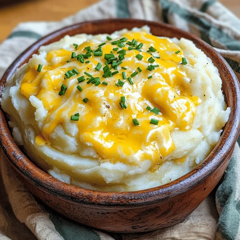 - 2 pounds Yukon Gold potatoes - 4 cloves garlic - 1 cup sharp cheddar cheese - ½ cup cream cheese - ½ cup unsalted butter - ½ cup whole milk - Salt and pepper - ¼ cup fresh chives - Large pot - Potato masher or ricer - Small saucepan Gather these ingredients to create rich and flavorful cheesy garlic mashed potatoes. Yukon Gold potatoes give a creamy texture. Garlic adds a strong aroma and taste. Sharp cheddar cheese brings a nice bite, while cream cheese adds extra richness. Unsalted butter and whole milk make the potatoes smooth and creamy. Don't forget the salt and pepper for seasoning! Fresh chives add a pop of color and a mild onion flavor. You will also need a large pot to boil the potatoes. A potato masher or ricer helps achieve that creamy texture. A small saucepan is perfect for making the garlic butter. With these items ready, you are set to make a delightful side dish. Check out the Full Recipe for all the steps to create this dish! Start by peeling and cubing the 2 pounds of Yukon Gold potatoes. Cut them into even chunks. This helps them cook evenly. Place the cubed potatoes in a large pot and cover them with cold water. Add a pinch of salt to the water. Bring the pot to a boil over medium-high heat. Once boiling, turn down the heat to a simmer. Cook the potatoes for about 15 to 20 minutes. To check for tenderness, poke a potato chunk with a fork. If it goes in easily, the potatoes are done. Drain the potatoes well and return them to the pot. This step is key for fluffy mashed potatoes. While the potatoes are cooking, melt ½ cup of unsalted butter in a small saucepan over low heat. Add 4 cloves of minced garlic to the melted butter. Sauté the garlic for 1 to 2 minutes until it smells amazing. Be careful not to burn it. Once the garlic is fragrant, remove it from the heat. This will give your mashed potatoes a rich garlic flavor. Now it's time to mash! Use a potato masher or a ricer to mash the potatoes until they are smooth and creamy. This is where you can get creative. Stir in the melted garlic butter, ½ cup of cream cheese, and 1 cup of sharp cheddar cheese. Mix everything until the cheese melts and is fully combined. If the mashed potatoes seem too thick, add ½ cup of whole milk to reach your desired consistency. Season with salt and pepper to taste. Adjust the flavors as needed. Your cheesy garlic mashed potatoes are ready to shine! For the full recipe, refer to the earlier section. To make cheesy garlic mashed potatoes shine, choose sharp cheddar cheese. This cheese adds a strong, tangy taste. You can also mix in some cream cheese for creaminess. Season your potatoes well with salt and pepper. This step brings out all the flavors. Taste as you go to get it just right. Use a potato masher for a rustic texture. If you want it super smooth, a ricer works best. Avoid lumps by mashing while the potatoes are warm. This step helps them blend better. If you find any lumps, just keep mashing until smooth. These mashed potatoes pair great with meats like roast chicken or steak. For a vegetarian option, serve with grilled veggies. To make it pretty, sprinkle fresh chives on top. They add a pop of color and a fresh taste. For more ideas, check out the Full Recipe for serving tips! {{image_2}} You can switch up the type of potatoes you use. Yukon Gold potatoes are creamy, but you can also try Russets or red potatoes for a different taste. Each type adds its own flavor and texture. If you don’t have fresh garlic, garlic powder works well too. Use about 1 teaspoon for every clove you would normally use. It’s a simple swap that can save time. Get creative by adding herbs or spices. Fresh herbs like rosemary or thyme can give your mashed potatoes a bright touch. A sprinkle of paprika adds a nice kick, too. For a deeper flavor, try adding roasted garlic. Roast whole cloves until soft, then mash them in. The sweet, caramelized taste will take your dish to the next level. If you need to make it dairy-free or vegan, swap cream cheese and butter with plant-based versions. Use non-dairy milk like almond or oat milk to keep it creamy. For a low-carb option, you can replace potatoes with cauliflower. Steam the cauliflower until soft, then mash as you would with potatoes. It’s a great way to enjoy creamy mashed goodness without the carbs. For the full recipe, check the *Full Recipe*. After you enjoy your cheesy garlic mashed potatoes, let them cool first. Place leftovers in an airtight container. This keeps them fresh. Store them in the fridge. They will last for about 3 to 5 days. Always check for any off smells before eating. You can freeze mashed potatoes for later use. Start by letting them cool completely. Then, spoon the mashed potatoes into freezer-safe bags. Squeeze out as much air as you can. Label and date the bags. They will keep for up to 2 months in the freezer. To reheat, let them thaw overnight in the fridge. For best flavor and texture, add a little milk when reheating. You can reheat mashed potatoes in two main ways. For stovetop reheating, place them in a pot over low heat. Stir often and add a splash of milk to keep them creamy. For microwaving, place them in a bowl with a lid. Heat on medium power in short bursts, stirring in between. This keeps them from drying out. Enjoy those cheesy garlic mashed potatoes again! To make Cheesy Garlic Mashed Potatoes ahead, prepare them as usual. After mashing, let them cool. Store them in an airtight container in the fridge for up to two days. When you are ready to serve, reheat them on the stove or in the microwave. Add a splash of milk to keep them creamy. Stir often to heat evenly. Yes, you can use different cheeses! Try gouda for a smoky flavor or mozzarella for extra stretch. Parmesan gives a nice salty touch. If you want something unique, use blue cheese for a bold taste. Mix and match to find your favorite blend! These mashed potatoes pair well with many dishes. Serve them with roasted chicken or grilled steak for a hearty meal. They also go great with meatloaf or pork chops. For a vegetarian option, try them with sautéed greens or a rich mushroom sauce. Enjoy your meal! In this blog post, we explored the key ingredients and steps to make cheesy garlic mashed potatoes. We covered how to prepare, mash, and mix for the best flavor and texture. Plus, we shared tips for variations and storage. These mashed potatoes can elevate any meal. Experiment with flavors and enjoy the creamy goodness! Trust me, once you try these, you’ll want them at every dinner.
