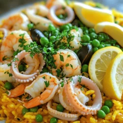 - 2 cups Bomba rice or any short-grain rice - 4 cups seafood stock (homemade or store-bought) - 1 small onion, finely chopped - 3 cloves garlic, minced - 1 red bell pepper, diced - 1 cup green peas (fresh or frozen) - 1 teaspoon smoked paprika - 1 pinch of saffron threads - 200g squid, cleaned and sliced into rings - 200g shrimp, peeled and deveined - 200g mussels, cleaned - 1 tablespoon olive oil - Salt and pepper to taste - Fresh parsley, chopped, for garnish - Lemon wedges, for serving Saffron is key to this dish. It gives a rich color and unique flavor. Use high-quality saffron for the best taste. The seafood stock adds depth. You can make your own or buy it. Bomba rice is ideal for paella. It absorbs liquid well and stays firm. The vegetables bring freshness. Onions and garlic add a savory base. Red bell peppers add sweetness and color. Green peas provide a nice pop. Smoked paprika gives a hint of smokiness that pairs well with seafood. When choosing seafood, look for fresh options. Squid, shrimp, and mussels are classic picks. You can mix in other seafood if you like. Just ensure everything is cleaned and prepped before cooking. This list covers everything you need for a delicious saffron infused seafood paella. For the complete recipe, check the Full Recipe section. Enjoy cooking! - Soak saffron threads in seafood stock. This helps release their rich flavor. - Sauté vegetables in olive oil. Start with onion and bell pepper for sweetness. - Toast the rice and add liquid. This gives the rice a nice nutty taste. - Arrange seafood on top. Place shrimp, mussels, and squid evenly across the rice. - Rest the paella for 5 minutes. This allows the flavors to meld together. - Garnish with parsley and serve with lemon wedges. The lemon adds a refreshing zing. For detailed steps, check the Full Recipe. - Importance of quality saffron: Use high-quality saffron for the best flavor. Look for deep red threads, as they offer rich taste and color. Cheap saffron may lack flavor and turn your dish dull. - How to avoid mushy rice: To keep rice firm, use the right amount of stock. Always measure your liquid carefully. Once the rice begins to cook, do not stir it. This helps create a nice crust at the bottom called "socarrat." - Best sides to pair with paella: Serve your paella with a fresh green salad. A simple arugula salad with a lemon vinaigrette works well. You can also add crusty bread to soak up the delicious juices. - Ideal drinks for pairing: Enjoy your paella with a chilled white wine, like Albariño. If you prefer non-alcoholic options, try sparkling water with lemon. Both choices enhance the seafood flavors. - Garnishing techniques: Sprinkle fresh parsley over the paella for color. Add lemon wedges for a zesty touch. You can also use edible flowers for a lovely pop of color. - Serving style for gatherings: Serve paella directly from the pan for a rustic feel. This invites guests to help themselves. Provide large spoons for easy serving and let everyone enjoy this flavorful dish together. For the complete recipe, check out the [Full Recipe]. {{image_2}} You can switch up the seafood for your paella. Try using: - Scallops for a sweet, tender bite. - Clams for a salty, briny flavor. - Crab for a rich taste. For a vegetarian option, use: - Artichokes for a meaty texture. - Bell peppers and zucchini for sweetness. - Chickpeas for added protein and fiber. Add more taste to your paella with these extras: - Chorizo for a spicy kick and smoky flavor. - Fresh herbs like thyme or rosemary for depth. - A splash of white wine for acidity. You can also play with spices: - Use saffron and smoked paprika for warmth. - Add chili flakes for heat. - Incorporate lemon zest for brightness. If you need gluten-free options, use: - Gluten-free rice, like Arborio or any short-grain variety. - Ensure your seafood stock is gluten-free. For allergies, adjust as follows: - Substitute seafood with vegetables or tofu for a vegan dish. - Check all labels for allergens in spices or broth. These variations let you customize your saffron infused seafood paella to fit any taste or diet. Enjoy making it your own! For the full recipe, check out [Full Recipe]. To store leftovers, let your paella cool first. Place it in an airtight container. This keeps the flavors fresh. Store it in the fridge for up to three days. To reheat, add a splash of seafood stock to keep it moist. Heat it on the stove over low heat. Stir gently until warmed through. You can also use the microwave, but cover it to avoid drying out. For freezing paella safely, let it cool completely. Portion it into freezer-safe bags or containers. Remove as much air as possible to avoid freezer burn. Paella can be frozen for up to three months. When you're ready to eat, thaw it overnight in the fridge. Reheat on the stove with a little seafood stock. This helps bring back the flavors and texture. In the fridge, your saffron infused seafood paella lasts about three days. If you see any mold or off smells, it’s best to toss it. Signs your paella has gone bad include a sour smell or slimy texture. Always trust your senses. When in doubt, throw it out to stay safe. Can I use different types of rice? Yes, you can use other short-grain rice. Bomba rice is best, but Valencia rice works too. Just remember that different rice absorbs liquid differently. Adjust your stock as needed. How can I make it spicier? To make your paella spicier, add some diced jalapeños or crushed red pepper flakes. You can also use spicy paprika instead of smoked paprika. Start small and taste as you go. What are the best seafood combinations? Great seafood options include shrimp, mussels, and squid. You can also try clams, scallops, or even fish. Choose what you like best for a mix that excites your palate. Do I need a special pan for paella? A paella pan is ideal. It’s wide and shallow, helping the rice cook evenly. If you don’t have one, a large skillet can work too. Just spread the rice out as much as possible. How do I know when the rice is done? The rice should be tender but not mushy. When it absorbs the stock, it’s almost done. You can taste it to check. A slight bite is perfect, known as "al dente." Can I substitute saffron with anything? Saffron adds unique flavor and color, but you can use turmeric for color. It won’t taste the same, but it can work in a pinch. Use a smaller amount since turmeric is stronger. What variations are recommended for dietary restrictions? For vegetarian options, skip the seafood and add more veggies. Use vegetable stock instead of seafood stock. You can also use tofu or chickpeas for protein. Always adjust seasonings for taste. This blog post covered everything you need to make saffron-infused seafood paella. We discussed the key ingredients, step-by-step cooking instructions, and serving tips. I also shared ways to store leftovers and answer common questions. Whether you’re an expert cook or just starting, you can enjoy this dish. With slight tweaks, you can customize it for any taste. Get ready to delight your guests with this vibrant and flavorful meal!