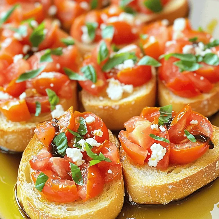 - 6 ripe Roma tomatoes, finely diced - 1 cup fresh basil leaves, chopped - 2 cloves garlic, minced These ingredients are the heart of any good bruschetta. Roma tomatoes are firm and sweet, making them perfect. Fresh basil adds a fragrant touch. Garlic gives the dish a nice kick. - 3 tablespoons olive oil - 1 tablespoon balsamic glaze - 1 French baguette, sliced into 1-inch thick pieces Olive oil adds richness, while balsamic glaze brings sweetness. The French baguette provides a perfect base. It should be crispy on the outside and soft inside. - ½ cup crumbled feta cheese or fresh mozzarella balls for garnish - Salt and pepper to taste These optional ingredients can elevate your bruschetta. Feta adds a salty bite, and mozzarella brings creaminess. Season with salt and pepper to enhance all the flavors. This combination of ingredients creates a fresh, flavorful snack that everyone will love. For those who want to make this dish, I suggest checking out the full recipe for step-by-step instructions. To start, you need to make the tomato mixture. In a medium bowl, combine the diced Roma tomatoes, fresh basil, minced garlic, olive oil, and balsamic glaze. Make sure to mix everything well. Season with salt and pepper to your taste. This step is key because it brings all the flavors together. Let it sit for at least 15 minutes. This waiting time helps the juices meld, giving your bruschetta great flavor. Now, it's time to toast the bread. First, preheat your oven to 400°F (200°C). While the oven heats, take your French baguette and slice it into 1-inch thick pieces. Lay the slices on a baking sheet. Brush each slice lightly with olive oil for a nice golden finish. Place them in the oven and toast for 5-7 minutes. You want them to be golden brown and crispy. Once your bread is ready, it’s time to assemble the bruschetta. Let the toasted bread cool slightly. Then, use a spoon to generously top each slice with the tasty tomato mixture. If you like, you can add crumbled feta cheese or small mozzarella balls for extra flavor. Finally, drizzle a bit more balsamic glaze over the top before serving. For the full recipe, refer to the detailed instructions above. Enjoy this vibrant and fresh snack! For the best bruschetta, use ripe Roma tomatoes. They are meaty and have few seeds. Look for tomatoes that are firm and shiny. The color should be deep red. Avoid tomatoes that feel soft or have blemishes. These may lack flavor. Ripeness is key. Ripe tomatoes taste sweet and juicy. Press gently on the tomato; it should give a little. This means it’s ready to eat. If they are not ripe, let them sit at room temperature for a few days. This allows natural sugars to develop. Marinating the tomato mixture makes a big difference. Let it sit for at least 15 minutes. This allows the flavors to blend well. The garlic and basil will infuse into the tomatoes. When seasoning, use salt and pepper wisely. Start with a pinch of salt and a dash of pepper. Taste and adjust as needed. Too much salt can overpower the tomatoes. A light touch adds flavor without hiding the fresh taste. Presentation matters! Arrange your bruschetta on a large platter. This makes it look inviting. Place the toasted slices in a single layer. You can also alternate the toppings for a colorful display. For garnishing, sprinkle fresh basil on top. You can also drizzle balsamic glaze over the bruschetta. This adds a nice touch and enhances the look. Remember, we eat with our eyes first! For the Full Recipe, follow the steps above to create a delightful and fresh snack. {{image_2}} You can switch up the herbs in your bruschetta for new flavors. If you want, swap basil for parsley or arugula. Both herbs add a fresh taste. You can also try adding oregano or thyme. These herbs bring a nice earthiness to the mix. Cheese can change your bruschetta's flavor. Try using goat cheese for a tangy kick. Aged parmesan also works well for a rich taste. If you need a dairy-free choice, consider using cashew cheese or almond cheese. They provide a creamy texture without dairy. Add more excitement to your bruschetta with extra toppings. Chopped olives can give a salty punch. Sun-dried tomatoes can add sweetness and depth. You can also experiment with different spreads. Hummus or pesto can bring a fun twist to your snack. Feel free to get creative with these variations. They can turn your tomato and basil bruschetta into a unique dish every time! For the complete instructions and ingredients, check out the Full Recipe. Store the tomato mixture in an airtight container. This keeps it fresh for up to two days. Avoid storing it too long, as the tomatoes can lose their crunch. For toasted bread, place it in a paper bag. This helps maintain its crispness. Do not store the toasted bread in plastic, as it can get soggy. If you have stale bread, refresh it by toasting it again. Preheat your oven to 350°F (175°C). Place the stale slices on a baking sheet and toast for about 5 minutes. This helps bring back the crunch. For leftover bruschetta, reassemble it just before serving. Toast new bread slices and top them with the tomato mixture again. This keeps everything fresh and tasty. You can freeze the tomato mixture for later use. Just place it in a freezer-safe container. It can last up to three months. When you’re ready to use it, move the container to the fridge overnight to thaw. Do not freeze the toasted bread, as it won’t taste good after. Instead, toast fresh bread when you want to serve the bruschetta. To pick ripe tomatoes, look for these signs: - They should feel firm but slightly soft when you squeeze them. - The skin should be smooth and shiny. - The color should be deep red or orange, depending on the type. - Smell the stem area; a sweet aroma means they are ripe. Using Roma tomatoes gives you the best flavor. They are meaty and less watery. Always choose the freshest tomatoes for the best bruschetta. Yes, you can prep some parts in advance. - Make the tomato mixture a few hours before serving. - Keep it in the fridge to let the flavors blend. - Toast the bread right before serving for a crispy bite. If you mix the topping too early, the bread can get soggy. Keep them separate until you are ready to enjoy. Bruschetta pairs well with many drinks and dishes. - Serve it with a glass of chilled white wine, like Sauvignon Blanc. - Pair it with a light salad for a fresh, crunchy side. - You can also enjoy bruschetta as a starter before pasta. Consider adding a cheese platter or olives for variety. This snack can fit into a fun meal or a party spread. For the full recipe, check out the complete guide! Making bruschetta is simple and fun. Use fresh ingredients like ripe tomatoes, basil, and garlic. Toasted baguette adds a nice crunch. You can add more flavors with options like feta cheese and balsamic glaze. Keep your tomatoes fresh and flavorful. Try different herbs and cheeses to switch things up. Remember to store the mixture properly to enjoy later. With these tips, you can impress your friends and family with delicious bruschetta every time. Enjoy your tasty creation!