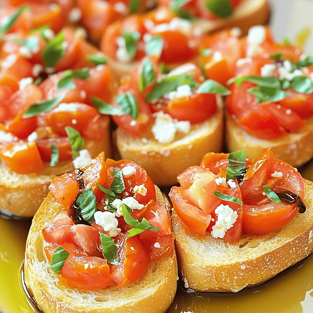 - 6 ripe Roma tomatoes, finely diced - 1 cup fresh basil leaves, chopped - 2 cloves garlic, minced These ingredients are the heart of any good bruschetta. Roma tomatoes are firm and sweet, making them perfect. Fresh basil adds a fragrant touch. Garlic gives the dish a nice kick. - 3 tablespoons olive oil - 1 tablespoon balsamic glaze - 1 French baguette, sliced into 1-inch thick pieces Olive oil adds richness, while balsamic glaze brings sweetness. The French baguette provides a perfect base. It should be crispy on the outside and soft inside. - ½ cup crumbled feta cheese or fresh mozzarella balls for garnish - Salt and pepper to taste These optional ingredients can elevate your bruschetta. Feta adds a salty bite, and mozzarella brings creaminess. Season with salt and pepper to enhance all the flavors. This combination of ingredients creates a fresh, flavorful snack that everyone will love. For those who want to make this dish, I suggest checking out the full recipe for step-by-step instructions. To start, you need to make the tomato mixture. In a medium bowl, combine the diced Roma tomatoes, fresh basil, minced garlic, olive oil, and balsamic glaze. Make sure to mix everything well. Season with salt and pepper to your taste. This step is key because it brings all the flavors together. Let it sit for at least 15 minutes. This waiting time helps the juices meld, giving your bruschetta great flavor. Now, it's time to toast the bread. First, preheat your oven to 400°F (200°C). While the oven heats, take your French baguette and slice it into 1-inch thick pieces. Lay the slices on a baking sheet. Brush each slice lightly with olive oil for a nice golden finish. Place them in the oven and toast for 5-7 minutes. You want them to be golden brown and crispy. Once your bread is ready, it’s time to assemble the bruschetta. Let the toasted bread cool slightly. Then, use a spoon to generously top each slice with the tasty tomato mixture. If you like, you can add crumbled feta cheese or small mozzarella balls for extra flavor. Finally, drizzle a bit more balsamic glaze over the top before serving. For the full recipe, refer to the detailed instructions above. Enjoy this vibrant and fresh snack! For the best bruschetta, use ripe Roma tomatoes. They are meaty and have few seeds. Look for tomatoes that are firm and shiny. The color should be deep red. Avoid tomatoes that feel soft or have blemishes. These may lack flavor. Ripeness is key. Ripe tomatoes taste sweet and juicy. Press gently on the tomato; it should give a little. This means it’s ready to eat. If they are not ripe, let them sit at room temperature for a few days. This allows natural sugars to develop. Marinating the tomato mixture makes a big difference. Let it sit for at least 15 minutes. This allows the flavors to blend well. The garlic and basil will infuse into the tomatoes. When seasoning, use salt and pepper wisely. Start with a pinch of salt and a dash of pepper. Taste and adjust as needed. Too much salt can overpower the tomatoes. A light touch adds flavor without hiding the fresh taste. Presentation matters! Arrange your bruschetta on a large platter. This makes it look inviting. Place the toasted slices in a single layer. You can also alternate the toppings for a colorful display. For garnishing, sprinkle fresh basil on top. You can also drizzle balsamic glaze over the bruschetta. This adds a nice touch and enhances the look. Remember, we eat with our eyes first! For the Full Recipe, follow the steps above to create a delightful and fresh snack. {{image_2}} You can switch up the herbs in your bruschetta for new flavors. If you want, swap basil for parsley or arugula. Both herbs add a fresh taste. You can also try adding oregano or thyme. These herbs bring a nice earthiness to the mix. Cheese can change your bruschetta's flavor. Try using goat cheese for a tangy kick. Aged parmesan also works well for a rich taste. If you need a dairy-free choice, consider using cashew cheese or almond cheese. They provide a creamy texture without dairy. Add more excitement to your bruschetta with extra toppings. Chopped olives can give a salty punch. Sun-dried tomatoes can add sweetness and depth. You can also experiment with different spreads. Hummus or pesto can bring a fun twist to your snack. Feel free to get creative with these variations. They can turn your tomato and basil bruschetta into a unique dish every time! For the complete instructions and ingredients, check out the Full Recipe. Store the tomato mixture in an airtight container. This keeps it fresh for up to two days. Avoid storing it too long, as the tomatoes can lose their crunch. For toasted bread, place it in a paper bag. This helps maintain its crispness. Do not store the toasted bread in plastic, as it can get soggy. If you have stale bread, refresh it by toasting it again. Preheat your oven to 350°F (175°C). Place the stale slices on a baking sheet and toast for about 5 minutes. This helps bring back the crunch. For leftover bruschetta, reassemble it just before serving. Toast new bread slices and top them with the tomato mixture again. This keeps everything fresh and tasty. You can freeze the tomato mixture for later use. Just place it in a freezer-safe container. It can last up to three months. When you’re ready to use it, move the container to the fridge overnight to thaw. Do not freeze the toasted bread, as it won’t taste good after. Instead, toast fresh bread when you want to serve the bruschetta. To pick ripe tomatoes, look for these signs: - They should feel firm but slightly soft when you squeeze them. - The skin should be smooth and shiny. - The color should be deep red or orange, depending on the type. - Smell the stem area; a sweet aroma means they are ripe. Using Roma tomatoes gives you the best flavor. They are meaty and less watery. Always choose the freshest tomatoes for the best bruschetta. Yes, you can prep some parts in advance. - Make the tomato mixture a few hours before serving. - Keep it in the fridge to let the flavors blend. - Toast the bread right before serving for a crispy bite. If you mix the topping too early, the bread can get soggy. Keep them separate until you are ready to enjoy. Bruschetta pairs well with many drinks and dishes. - Serve it with a glass of chilled white wine, like Sauvignon Blanc. - Pair it with a light salad for a fresh, crunchy side. - You can also enjoy bruschetta as a starter before pasta. Consider adding a cheese platter or olives for variety. This snack can fit into a fun meal or a party spread. For the full recipe, check out the complete guide! Making bruschetta is simple and fun. Use fresh ingredients like ripe tomatoes, basil, and garlic. Toasted baguette adds a nice crunch. You can add more flavors with options like feta cheese and balsamic glaze. Keep your tomatoes fresh and flavorful. Try different herbs and cheeses to switch things up. Remember to store the mixture properly to enjoy later. With these tips, you can impress your friends and family with delicious bruschetta every time. Enjoy your tasty creation!