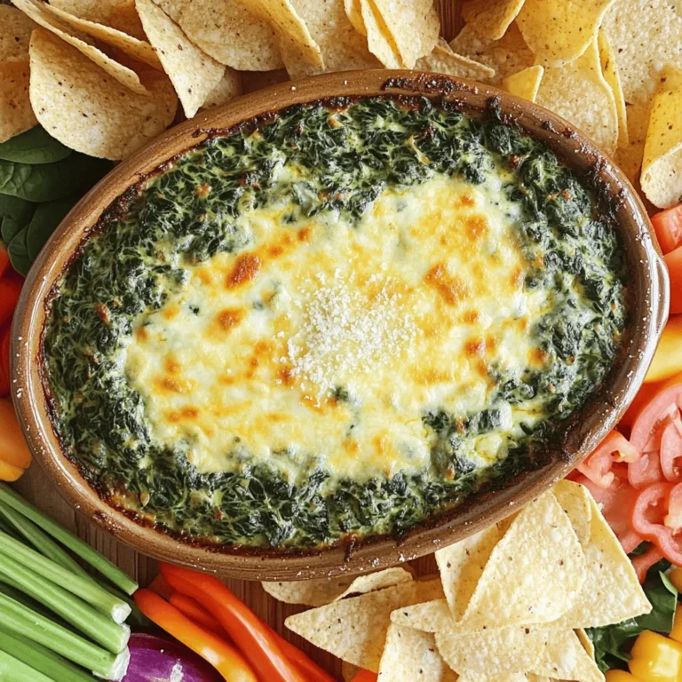 For a tasty classic spinach dip, you need: - 2 cups fresh spinach, chopped - 1 cup cream cheese, softened - ½ cup sour cream - ½ cup mayonnaise - 1 cup shredded mozzarella cheese - ¼ cup grated Parmesan cheese - 1 clove garlic, minced - 1 teaspoon onion powder - ½ teaspoon salt - ½ teaspoon black pepper - Optional: ½ teaspoon red pepper flakes for heat These ingredients come together to create a creamy, flavorful dip that everyone loves. Measuring ingredients correctly is key. I use dry measuring cups for solid items like cheese and cream cheese. For liquids, I prefer a liquid measuring cup. This helps me get the right amounts every time. - Spoon the cream cheese into the cup and pack it down. - Level off the top with a spatula. - For sour cream and mayonnaise, scoop and level the same way. This ensures the dip turns out smooth and creamy. You can switch out some ingredients if needed. For a lighter dip, use Greek yogurt instead of sour cream. You can also use low-fat cream cheese. If you don’t have mozzarella, try cheddar or a cheese blend. If you want a bit of spice, add chopped jalapeños instead of red pepper flakes. These swaps let you customize the dip to suit your taste! For the full recipe, you can check out the [Full Recipe]. Start by preheating your oven to 350°F (175°C). This step gets the oven ready for baking. In a medium bowl, mix the softened cream cheese, sour cream, and mayonnaise. Use a fork or spatula to blend until it’s smooth. This creates a creamy base for your dip. Next, fold in the chopped spinach and cheeses. Add the minced garlic, onion powder, salt, and black pepper. If you want heat, toss in red pepper flakes. Stir until everything is mixed well. Now, transfer the mix to a baking dish. Spread it evenly so it bakes correctly. Place the dish in the preheated oven. Bake for 25 to 30 minutes. You want it bubbling and golden on top. This step makes the dip warm and melty, which is perfect for dipping. After baking, take it out and let it cool a bit before serving. Serve the dip warm for the best taste. Arrange tortilla chips, sliced baguette, or fresh veggies around the dish. This makes it look nice and gives people options to dip. You can also use a small bowl to hold the dip. Enjoy with friends and family for a delicious snack! For the full recipe, check out the section above. You can prepare this spinach dip in advance. Mix all the ingredients as stated in the Full Recipe. Then, place the dip in a baking dish. Cover it with plastic wrap and store it in the fridge. You can keep it for one day. When you’re ready to bake, just remove the wrap. Preheat your oven and bake as directed. To reheat your spinach dip, you have a few options. You can use an oven or microwave. If using the oven, set it to 350°F (175°C). Place the dip in a baking dish and cover it with foil. Heat for about 15-20 minutes. If using a microwave, heat in short bursts. Stir in between to ensure even heat. Adding spices can elevate your spinach dip. I suggest using garlic and onion powder for depth. Salt and black pepper balance the flavors. For a little kick, consider red pepper flakes. If you want a twist, add a squeeze of lemon juice. This adds brightness and freshness to the dish. {{image_2}} You can make classic spinach dip healthier. Use Greek yogurt instead of sour cream. This swap adds protein and cuts fat. Try low-fat cream cheese for a lighter option. You can also add more spinach, which increases nutrients without many calories. Fresh herbs like dill or parsley can boost flavor without extra calories. Mixing flavors can take your dip to the next level. Add artichokes for a tangy twist. Chopped sun-dried tomatoes can bring a sweet tang. If you like spice, mix in jalapeños or hot sauce. You can also try different cheeses, like feta or cheddar, for unique tastes. Each combination creates a new experience. You can make a vegan version of spinach dip. Use cashew cream or tofu instead of cream cheese. For the sour cream, try coconut yogurt. Nutritional yeast adds a cheesy flavor without dairy. Some people use almond milk or oat milk for creaminess. This way, everyone can enjoy delicious spinach dip! For the full recipe, check out the details above. Once you make the classic spinach dip, let it cool. Cover it tightly with plastic wrap or put it in an airtight container. Store it in the fridge. This dip stays fresh for about 3 to 5 days. Always check for any off smells or changes in texture before eating. You can freeze spinach dip, but it may change texture. Place it in a freezer-safe container or bag. Squeeze out any extra air to prevent freezer burn. It can last up to 3 months in the freezer. When you're ready to eat it, thaw it in the fridge overnight. In the fridge, your spinach dip lasts 3 to 5 days. If frozen, it can last up to 3 months. After that, the taste and texture may not be as good. Always use your senses to check if it’s still good before serving. You can serve classic spinach dip with many tasty options. I love using: - Tortilla chips - Sliced baguette - Fresh veggies like carrots and bell peppers - Pita chips - Crackers These dippers all add flavor and crunch. You can arrange them nicely around the dip for a fun look. To keep spinach dip warm, use a slow cooker. Set it on low heat. Stir the dip often. You can also use a baking dish in a warm oven. Just cover it with foil to keep it warm. This way, guests can enjoy it hot throughout the party. Yes, you can make spinach dip without cream cheese. Use cottage cheese or Greek yogurt instead. Both options give the dip a creamy texture. You can also add more sour cream to keep it rich. This way, you can enjoy a tasty dip that fits your needs. For the full recipe, check it out. This blog post has covered all you need for making spinach dip. We explored key ingredients and how to measure them. You learned about substitutions in case you're missing something. We went through steps to prepare, bake, and serve your dip. I shared tips for making it ahead and keeping it fresh. Different variations let you customize flavor and health options. Lastly, I provided storage guidelines and answered common questions. Now you’re ready to impress with your spinach dip!